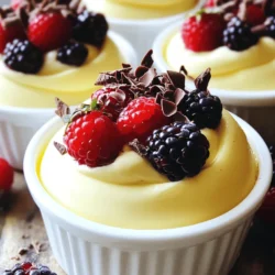 - 2 cups heavy whipping cream - 1 cup whole milk - 1/2 cup granulated sugar - 2 tablespoons pure vanilla extract - 3 large egg yolks - 1 tablespoon unflavored gelatin powder - 3 tablespoons cold water - Pinch of salt To create this smooth vanilla mousse, you need specific ingredients. Each one plays a key role. Heavy whipping cream gives it a rich and fluffy texture. Whole milk adds creaminess without being too heavy. Granulated sugar sweetens the mousse just right. Pure vanilla extract brings that classic flavor everyone loves. Egg yolks help with the mousse's body and richness. Unflavored gelatin powder is what helps it set perfectly. Cold water activates the gelatin, making it ready to use. Finally, a pinch of salt balances the sweetness and enhances the flavors. - Mixing bowls - Whisk - Saucepan - Spatula - Measuring cups and spoons Using the right tools makes this recipe easier. Mixing bowls help you combine ingredients smoothly. A whisk is key for beating the cream and egg yolks. A saucepan is essential for heating the milk mixture. A spatula helps you fold in ingredients without losing air. Measuring cups and spoons ensure you get the amounts just right. With these ingredients and tools, you're set up for success. This vanilla mousse will be a delight for anyone who tries it! If you want to see the complete steps, check the Full Recipe. - Bloom the gelatin: In a small bowl, sprinkle the gelatin over cold water. Let it sit for 5 to 10 minutes. This softens the gelatin, making it ready to mix. - Heat the milk mixture: In a medium saucepan, combine whole milk, granulated sugar, and a pinch of salt. Heat this over medium heat. Stir until the sugar dissolves and the mixture is hot but not boiling, about 5 minutes. - Temper the eggs: In a separate bowl, whisk the egg yolks until smooth. Gradually whisk in half of the hot milk mixture. This gently warms the yolks without scrambling them. - Thickening the mixture: Pour the egg and milk mix back into the saucepan. Cook over low heat, stirring constantly, for about 5 minutes. The mixture should thicken enough to coat the back of a spoon. - Incorporate gelatin and vanilla: Remove the pan from heat. Add the bloomed gelatin and pure vanilla extract. Stir until both dissolve completely. Let this cool to room temperature. - Whip the cream: In a large bowl, whisk the heavy whipping cream until soft peaks form. The cream should hold its shape but still be smooth. - Combine mixtures: Once the milk-gelatin mix cools, gently fold it into the whipped cream with a spatula. Fold carefully to keep the airiness of the mousse. - Chill the mousse: Spoon the mousse into serving dishes. Cover with plastic wrap and refrigerate for at least 4 hours. This helps it set and firm up. For the complete recipe, check the Full Recipe section. To create smooth vanilla mousse, whip the cream to soft peaks. This means the cream holds a shape but is still soft. If you whip it too long, it can turn grainy. When you mix the mousse, fold gently. Use a spatula to lift the cream without losing air. This keeps your mousse light and fluffy. You can change the flavor of your mousse easily. Try using different extracts. Almond or coconut extract can give a new twist. Adding zest from lemon or orange brings a bright note. A pinch of cinnamon or nutmeg can warm up the taste. Mix and match to find your favorite flavor! For a beautiful dessert, garnishing is key. Scatter fresh berries on top for color and taste. Chocolate shavings add a rich look and flavor. You can serve your mousse in cups, bowls, or even glasses. Each style gives a unique touch to your dessert. Remember, we eat with our eyes first! {{image_4}} To create a chocolate vanilla mousse, you need to adjust the base recipe. Start by adding melted dark chocolate to the mix. You can replace 1/2 cup of the milk with 4 ounces of good-quality chocolate. Melt the chocolate gently in a bowl over hot water. Once melted, let it cool slightly before mixing it into the egg and milk blend. This gives your mousse a rich, deep flavor that pairs perfectly with vanilla. Adding pureed fruits can give your vanilla mousse a fresh twist. You can use any fruit you like, such as strawberries, raspberries, or mangoes. Simply puree about 1 cup of your chosen fruit. Fold the fruit puree into the cooled mousse mixture after combining the gel and vanilla. This adds both color and a burst of flavor, making it unique and delightful. To make a vegan vanilla mousse, you can replace the dairy and eggs with plant-based options. Use coconut cream instead of heavy cream and almond milk instead of whole milk. For the thickening agent, substitute gelatin with agar-agar. Just mix the agar-agar with water in a pot, boil it, and then let it cool slightly before folding it into the creamy mixture. This way, you can enjoy a rich and creamy mousse without any animal products. For the full recipe, see the Heavenly Vanilla Mousse section above. To keep your vanilla mousse fresh, store it in the fridge. Use airtight containers. Make sure to cover the mousse with plastic wrap to avoid drying out. This helps keep the mousse soft and creamy. The mousse stays good in the fridge for up to three days. After that, the texture may change. Can you freeze vanilla mousse? Yes, you can freeze it! However, the texture may change after thawing. To freeze, place the mousse in a freezer-safe container. Leave some space at the top, as it may expand. You can freeze it for up to a month. To thaw and serve after freezing, move the mousse to the fridge for a few hours. Avoid using a microwave, as this can ruin the texture. Once thawed, stir gently to bring back some creaminess. Enjoy your mousse, even after freezing! For the full recipe, check out the complete guide above. Vanilla mousse is a light and airy dessert. It is made with whipped cream, milk, and eggs. The mousse has a creamy texture and a sweet vanilla taste. You can serve it in cups or bowls. This dessert is perfect for any occasion. Vanilla mousse can last up to four days in the fridge. Store it in a covered container. Make sure it is sealed well to keep it fresh. If you notice any changes in smell or texture, it’s best to throw it away. You can use other types of milk, but it will change the flavor. Almond milk or coconut milk can work well. Soy milk is another option for a different taste. Just know that these milks might not be as rich as whole milk. To make vanilla mousse lighter, use less cream. You can swap some cream for more milk. Whipping the cream to soft peaks helps too. Another tip is to fold in some whipped egg whites. This will give the mousse a fluffier texture. This guide shows you how to make delicious vanilla mousse. We covered ingredients, equipment, and step-by-step instructions. You learned essential tips for texture, flavor, and presentation. Variations let you explore chocolate or fruit flavors, or try a vegan option. Proper storage is key to keeping your mousse fresh. Enjoy experimenting with this light dessert. With practice, you'll create perfect mousse every time. Happy cooking!