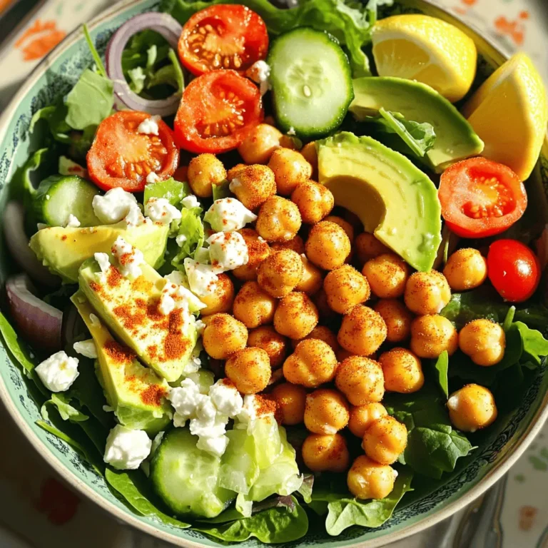 - 1 can (15 oz) chickpeas, drained and thoroughly rinsed - 4 cups mixed greens (like baby spinach, arugula, and romaine lettuce) - 1 cup cherry tomatoes, halved - 1 medium cucumber, diced - 1/4 red onion, thinly sliced - 2 tablespoons tahini - 1 tablespoon fresh lemon juice - 1/4 cup feta cheese, crumbled - 1/2 ripe avocado, sliced - 1 teaspoon smoked paprika - 1 teaspoon garlic powder - Sea salt and freshly cracked black pepper to taste I love how each ingredient in this salad plays a role. The chickpeas bring protein and crunch. Mixed greens offer freshness and color. Cherry tomatoes add sweetness and juiciness. The cucumber brings a nice crunch, while the red onion introduces a sharp bite. The tahini and lemon juice in the dressing balance the flavors perfectly. You can also add feta cheese for a salty punch. Sliced avocado adds creaminess and healthy fats. For spices, I always use smoked paprika and garlic powder. They give depth and warmth to the salad. A pinch of salt and black pepper ties everything together. This combination makes the Crispy Chickpea Salad not just a meal but a nourishing treat. You can find the Full Recipe to explore the step-by-step process! 1. Preheat your oven to 400°F (200°C). This step helps make the chickpeas crispy. 2. Drain and rinse the chickpeas. Pat them dry with paper towels to remove excess water. 3. In a large bowl, mix the chickpeas with olive oil, smoked paprika, garlic powder, sea salt, and pepper. Toss them well. 4. Prepare your mixed greens by washing them thoroughly. Tear or chop them into bite-sized pieces. 5. In a salad bowl, combine the greens with halved cherry tomatoes, diced cucumber, and thinly sliced red onion. Toss gently to mix. 1. Spread the seasoned chickpeas in a single layer on a baking sheet. 2. Roast them for 20-25 minutes, shaking the pan halfway through. This ensures even cooking. 3. Look for a golden brown color and a crispy texture. If they aren’t crispy yet, roast for a few more minutes. 1. In a small bowl, whisk together tahini, fresh lemon juice, a pinch of salt, and water. Adjust the water for a creamy consistency. 2. Once the chickpeas cool slightly, add them to the salad bowl. 3. Gently toss in the sliced avocado and crumbled feta cheese, if using. 4. Drizzle the tahini dressing over the salad and toss again to combine. 5. Serve your salad right away, garnished with fresh lemon wedges. Squeeze the lemon for extra flavor. For the Full Recipe, refer back to the ingredient list and steps outlined above. Enjoy the crunch and flavor in every bite! To get the best crispy chickpeas, start by drying them well. After rinsing, let them sit on a paper towel for a few minutes. This step helps remove excess moisture. The dryer they are, the crispier they get. You can also adjust the cooking time based on your crispiness preference. If you want them super crunchy, roast them a little longer. Keep an eye on them to prevent burning. Shake the pan halfway through cooking for even results. Make your salad pop by presenting it in bright bowls. Arrange the chickpeas and veggies in a colorful way. You can also sprinkle extra feta on top for a fun touch. Serve lemon wedges on the side. This adds a burst of flavor. For a complete meal, pair the salad with grilled chicken or fish. You can also add a slice of whole-grain bread. This gives you extra fiber and keeps you full longer. Chickpeas are packed with protein and fiber. They help keep you full and satisfied. The mixed greens and veggies add vitamins and minerals. A serving of this salad has around 300 calories. You get a healthy mix of fats, carbs, and proteins. Adjust portion sizes if you want more or less. Check the [Full Recipe] for more details on servings. {{image_4}} You can mix things up with different legumes or greens. Instead of chickpeas, try black beans or lentils. They bring unique flavors and textures. For greens, switch to kale or collard greens for a heartier bite. You can also swap dressings or cheeses. Use a yogurt dressing instead of tahini for a creamier taste. If you want a different flavor, try goat cheese instead of feta. It adds a tangy twist. Adding seasonal vegetables or fruits is a great way to enhance your salad. In the summer, toss in fresh corn or bell peppers for crunch. In the fall, consider adding roasted butternut squash for warmth. Adjusting spices can change the salad's flavor profile. Use cumin and coriander for a warm, earthy taste. Alternatively, add fresh herbs like basil or cilantro for a bright touch. For vegan options, choose plant-based dressings and skip the cheese. Nutritional yeast can add a cheesy flavor without dairy. If you need low-carb or gluten-free alternatives, use leafy greens as a base. This keeps the dish light and fresh. You can also skip the chickpeas and add more veggies instead. To keep your salad fresh, use an airtight container. Glass or plastic containers work well. You can store it in the fridge for up to three days. However, avoid adding the dressing until you are ready to eat. This helps keep the greens crisp. If you want to enjoy crispy chickpeas again, reheat them in the oven. Preheat the oven to 400°F. Spread the chickpeas on a baking sheet. Heat for about 10 minutes. This method keeps their texture. Avoid microwaving, as it can make them soggy. Yes, you can freeze chickpeas after roasting. Place them in a freezer-safe bag. Make sure to remove as much air as possible. They can last for up to three months in the freezer. To use, thaw them in the fridge overnight. Then, reheat in the oven to regain crispiness. Yes, you can use dried chickpeas. To prepare them, soak one cup of dried chickpeas overnight in water. The next day, drain and rinse them. Then, boil them in fresh water for about one hour, or until they are tender. After cooking, follow the same steps to roast them as in the recipe. This method adds a lovely texture and flavor. You can boost the protein in your salad by adding: - Grilled chicken - Tofu or tempeh - Quinoa or farro - Hard-boiled eggs These options keep the salad filling and tasty while adding nutrition. To thicken your tahini dressing, try these tips: - Add more tahini or a splash of olive oil. - Mix in a few tablespoons of Greek yogurt for creaminess. - Blend in nut butter for a different flavor. These methods create a rich and smooth dressing. For meal prepping, follow these best practices: - Store the crispy chickpeas in a separate container to keep them crunchy. - Prepare the salad ingredients, but keep the dressing separate. - Assemble the salad just before serving for the best taste. This way, you can enjoy a fresh salad anytime! Absolutely! You can personalize your salad by adding: - Your favorite vegetables, like bell peppers or carrots. - Different greens, such as kale or cabbage. - Nuts or seeds for crunch. Feel free to mix and match to suit your taste! You can find the Full Recipe in the earlier sections. The Crispy Chickpea Salad combines nutritious ingredients for a healthy meal. You learned about the main components, preparation steps, and how to get the best crispy chickpeas. Remember, it’s easy to customize with extras or alternative ingredients. This salad is not just tasty; it’s also fun to make and adapt. Keep these tips in mind when preparing your salad. Enjoy your cooking and the delicious meal ahead!