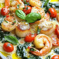 To make Tuscan shrimp and scallops, you need the following ingredients: - 1 lb large shrimp, peeled and deveined - 1 lb sea scallops, patted dry - 2 tablespoons olive oil - 1 teaspoon garlic, minced - 1 cup cherry tomatoes, halved - 1 cup fresh spinach, roughly chopped - 1/2 cup heavy cream - 1 teaspoon lemon zest (from about 1 lemon) - 1 tablespoon fresh lemon juice (juice of half a lemon) - 1 teaspoon Italian seasoning blend - Salt and freshly ground black pepper, to taste - Fresh basil leaves, for garnish - Grated Parmesan cheese, for serving You can add a pinch of red pepper flakes for heat or a splash of white wine for depth. These optional ingredients can enhance both flavor and presentation. To cook this dish, gather these essential tools: - A large skillet - A spatula - Measuring cups - A knife - A cutting board For quality results, I recommend using a heavy-bottomed skillet, like a cast iron or non-stick pan. These types provide even heat, which is key for perfectly cooked seafood. To make the shrimp and scallops just right, start by heating olive oil in a large skillet over medium-high heat. Once the oil shimmers, add the shrimp and scallops. - Make sure not to crowd the pan. This keeps the seafood from steaming and gives it a nice sear. - Sauté the shrimp for about 2-3 minutes until it turns pink. Cook the scallops until they are golden brown on the outside. After cooking, place the seafood on a plate to keep warm. This step helps keep the perfect texture. Now, let's make the creamy tomato-spinach sauce. In the same skillet, lower the heat to medium and add minced garlic. Sauté it for about 30 seconds until fragrant. Next, add halved cherry tomatoes, Italian seasoning, and a pinch of salt and pepper. Cook this mixture for about 3-4 minutes. You want the tomatoes to soften and start releasing their juices. Add roughly chopped spinach next. Cook this for another 1-2 minutes until the spinach is bright and wilted. Then, lower the heat and pour in heavy cream. Stir in lemon zest and fresh lemon juice. Let the sauce simmer gently for 2 minutes. This melds the flavors beautifully. Now, it’s time to bring everything together. Gently fold the cooked shrimp and scallops back into the creamy sauce. Heat them through for about 1 minute. Check the seasoning and add more salt and pepper if needed. Before serving, plate the Tuscan shrimp and scallops warm. Top with fresh basil leaves and a sprinkle of grated Parmesan cheese. This dish looks beautiful and is ready to impress! Remember, serving it hot makes all the difference. Enjoy! To cook shrimp and scallops well, avoid these common mistakes: - Overcrowding the pan: This traps steam and makes the seafood soggy. Cook in batches if needed. - Not drying seafood: Pat your shrimp and scallops dry with a paper towel. This helps them brown nicely. - Cooking at too high heat: Medium-high heat works best. It cooks the seafood evenly without burning. For cooking times: - Large shrimp: Cook for 2-3 minutes on each side. - Scallops: Sauté for 2-3 minutes until golden brown. To boost the taste of your Tuscan shrimp and scallops, try these spices and herbs: - Italian seasoning: This mix adds depth to your dish. - Red pepper flakes: For a bit of heat, sprinkle some in. - Fresh herbs: Basil and parsley add freshness. Adjust creaminess or acidity by: - Adding more heavy cream: For a richer flavor, add a touch more cream. - Using lemon juice: Increase acidity by adding more lemon juice. This brightens the dish. For the complete cooking instructions, check out the Full Recipe. {{image_4}} You can switch up the proteins in this dish. If you don’t have shrimp or scallops, try using chicken or firm tofu. Both will soak up the sauce well. For a twist, add mussels or clams for a seafood feast. If you need gluten-free options, serve the dish with gluten-free pasta or rice. You can also skip the cream for a lighter version. Replace it with coconut milk or a nut-based cream for a dairy-free version. Pairing is key to a delightful meal. Serve Tuscan shrimp and scallops over a bed of pasta or rice. Crusty bread works great too. It helps to soak up the creamy sauce. To impress your guests, elevate your plating. Use a wide, shallow bowl for a chic look. Place the seafood in the center, then drizzle the sauce around. Finish with fresh basil leaves for color. A sprinkle of Parmesan cheese adds a gourmet touch. For a special occasion, consider adding a sprig of rosemary on the side. For the complete cooking details, check out the Full Recipe. To keep your Tuscan shrimp and scallops fresh, store leftovers in the fridge. Place them in an airtight container. This helps prevent any strong smells from other foods. Make sure to eat leftovers within three days for the best taste. If you want to keep them longer, consider freezing. Use a freezer-safe container to avoid freezer burn. For reheating, use a skillet over low heat. Add a splash of cream or broth to keep the dish moist. Stir gently to maintain the texture of the shrimp and scallops. Avoid the microwave, as it can make seafood rubbery. If you want to enjoy leftovers, pair them with fresh pasta or a side salad for a fun twist. To check if shrimp are done, look for a pink color. Cooked shrimp also curl into a C shape. For scallops, a golden-brown crust means they’re ready. Cook scallops until they are opaque in the center. They should feel firm to the touch. Aim for about 2-3 minutes on each side. Yes, you can prepare some parts ahead of time. Cook the shrimp and scallops, then store them separately. You can also make the sauce and keep it in the fridge. When you are ready to eat, simply heat the sauce and add the seafood back in. This keeps everything fresh and tasty. You have many great options! Pasta is a classic choice, especially with the creamy sauce. Crusty bread works well, too, for dipping. Try a light salad for a fresh touch. Rice or quinoa can also soak up the sauce nicely. Feel free to get creative with your sides! For complete cooking guidance, check out the Full Recipe. It has all the steps and tips you need to make this dish. In this post, we explored how to create delicious Tuscan Shrimp and Scallops. You learned about essential ingredients, cooking supplies, and step-by-step instructions for perfect seafood. I shared tips to avoid common mistakes and enhance flavor. You can adapt the recipe using different proteins or vegetables. Proper storage techniques and reheating tips ensure your leftovers stay tasty. Now, equipped with this knowledge, you can cook with confidence and impress your guests with this delightful dish. Enjoy your culinary journey!