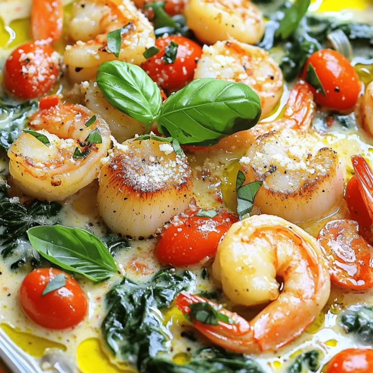 To make Tuscan shrimp and scallops, you need the following ingredients: - 1 lb large shrimp, peeled and deveined - 1 lb sea scallops, patted dry - 2 tablespoons olive oil - 1 teaspoon garlic, minced - 1 cup cherry tomatoes, halved - 1 cup fresh spinach, roughly chopped - 1/2 cup heavy cream - 1 teaspoon lemon zest (from about 1 lemon) - 1 tablespoon fresh lemon juice (juice of half a lemon) - 1 teaspoon Italian seasoning blend - Salt and freshly ground black pepper, to taste - Fresh basil leaves, for garnish - Grated Parmesan cheese, for serving You can add a pinch of red pepper flakes for heat or a splash of white wine for depth. These optional ingredients can enhance both flavor and presentation. To cook this dish, gather these essential tools: - A large skillet - A spatula - Measuring cups - A knife - A cutting board For quality results, I recommend using a heavy-bottomed skillet, like a cast iron or non-stick pan. These types provide even heat, which is key for perfectly cooked seafood. To make the shrimp and scallops just right, start by heating olive oil in a large skillet over medium-high heat. Once the oil shimmers, add the shrimp and scallops. - Make sure not to crowd the pan. This keeps the seafood from steaming and gives it a nice sear. - Sauté the shrimp for about 2-3 minutes until it turns pink. Cook the scallops until they are golden brown on the outside. After cooking, place the seafood on a plate to keep warm. This step helps keep the perfect texture. Now, let's make the creamy tomato-spinach sauce. In the same skillet, lower the heat to medium and add minced garlic. Sauté it for about 30 seconds until fragrant. Next, add halved cherry tomatoes, Italian seasoning, and a pinch of salt and pepper. Cook this mixture for about 3-4 minutes. You want the tomatoes to soften and start releasing their juices. Add roughly chopped spinach next. Cook this for another 1-2 minutes until the spinach is bright and wilted. Then, lower the heat and pour in heavy cream. Stir in lemon zest and fresh lemon juice. Let the sauce simmer gently for 2 minutes. This melds the flavors beautifully. Now, it’s time to bring everything together. Gently fold the cooked shrimp and scallops back into the creamy sauce. Heat them through for about 1 minute. Check the seasoning and add more salt and pepper if needed. Before serving, plate the Tuscan shrimp and scallops warm. Top with fresh basil leaves and a sprinkle of grated Parmesan cheese. This dish looks beautiful and is ready to impress! Remember, serving it hot makes all the difference. Enjoy! To cook shrimp and scallops well, avoid these common mistakes: - Overcrowding the pan: This traps steam and makes the seafood soggy. Cook in batches if needed. - Not drying seafood: Pat your shrimp and scallops dry with a paper towel. This helps them brown nicely. - Cooking at too high heat: Medium-high heat works best. It cooks the seafood evenly without burning. For cooking times: - Large shrimp: Cook for 2-3 minutes on each side. - Scallops: Sauté for 2-3 minutes until golden brown. To boost the taste of your Tuscan shrimp and scallops, try these spices and herbs: - Italian seasoning: This mix adds depth to your dish. - Red pepper flakes: For a bit of heat, sprinkle some in. - Fresh herbs: Basil and parsley add freshness. Adjust creaminess or acidity by: - Adding more heavy cream: For a richer flavor, add a touch more cream. - Using lemon juice: Increase acidity by adding more lemon juice. This brightens the dish. For the complete cooking instructions, check out the Full Recipe. {{image_4}} You can switch up the proteins in this dish. If you don’t have shrimp or scallops, try using chicken or firm tofu. Both will soak up the sauce well. For a twist, add mussels or clams for a seafood feast. If you need gluten-free options, serve the dish with gluten-free pasta or rice. You can also skip the cream for a lighter version. Replace it with coconut milk or a nut-based cream for a dairy-free version. Pairing is key to a delightful meal. Serve Tuscan shrimp and scallops over a bed of pasta or rice. Crusty bread works great too. It helps to soak up the creamy sauce. To impress your guests, elevate your plating. Use a wide, shallow bowl for a chic look. Place the seafood in the center, then drizzle the sauce around. Finish with fresh basil leaves for color. A sprinkle of Parmesan cheese adds a gourmet touch. For a special occasion, consider adding a sprig of rosemary on the side. For the complete cooking details, check out the Full Recipe. To keep your Tuscan shrimp and scallops fresh, store leftovers in the fridge. Place them in an airtight container. This helps prevent any strong smells from other foods. Make sure to eat leftovers within three days for the best taste. If you want to keep them longer, consider freezing. Use a freezer-safe container to avoid freezer burn. For reheating, use a skillet over low heat. Add a splash of cream or broth to keep the dish moist. Stir gently to maintain the texture of the shrimp and scallops. Avoid the microwave, as it can make seafood rubbery. If you want to enjoy leftovers, pair them with fresh pasta or a side salad for a fun twist. To check if shrimp are done, look for a pink color. Cooked shrimp also curl into a C shape. For scallops, a golden-brown crust means they’re ready. Cook scallops until they are opaque in the center. They should feel firm to the touch. Aim for about 2-3 minutes on each side. Yes, you can prepare some parts ahead of time. Cook the shrimp and scallops, then store them separately. You can also make the sauce and keep it in the fridge. When you are ready to eat, simply heat the sauce and add the seafood back in. This keeps everything fresh and tasty. You have many great options! Pasta is a classic choice, especially with the creamy sauce. Crusty bread works well, too, for dipping. Try a light salad for a fresh touch. Rice or quinoa can also soak up the sauce nicely. Feel free to get creative with your sides! For complete cooking guidance, check out the Full Recipe. It has all the steps and tips you need to make this dish. In this post, we explored how to create delicious Tuscan Shrimp and Scallops. You learned about essential ingredients, cooking supplies, and step-by-step instructions for perfect seafood. I shared tips to avoid common mistakes and enhance flavor. You can adapt the recipe using different proteins or vegetables. Proper storage techniques and reheating tips ensure your leftovers stay tasty. Now, equipped with this knowledge, you can cook with confidence and impress your guests with this delightful dish. Enjoy your culinary journey!