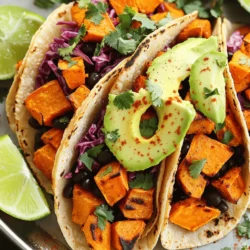 - 2 medium sweet potatoes, peeled and cut into 1/2-inch dice - 1 can (15 oz) black beans, rinsed and drained - 1 tablespoon olive oil - 1 teaspoon ground cumin - 1 teaspoon smoked paprika - 1/2 teaspoon chili powder - Salt and freshly ground black pepper to taste - 8 small corn or flour tortillas - 1 ripe avocado, sliced - 1 cup red cabbage, finely shredded - 1/2 cup fresh cilantro, roughly chopped - 1 lime, cut into wedges - Optional: Hot sauce, for serving These sweet potato black bean tacos are not just tasty; they’re also healthy. Each serving provides a good mix of nutrients. Sweet potatoes are rich in vitamins A and C, while black beans offer protein and fiber. This meal can help with digestion and keep you full longer. Sweet potatoes are great for your health. They boost your immune system and help your skin glow. They contain antioxidants that fight free radicals. Black beans are also a superfood. They support heart health and stabilize blood sugar levels. Together, these ingredients make a powerful and nourishing meal. Plus, they are both easy to find and affordable. Enjoy these tacos knowing you are eating well! For the full recipe, check out the link provided. Start by peeling the sweet potatoes. Cut them into 1/2-inch dice. This size helps them cook evenly. In a bowl, mix the diced sweet potatoes with olive oil. Add ground cumin, smoked paprika, chili powder, and a sprinkle of salt and pepper. Toss until every piece is coated well. Preheat your oven to 425°F (220°C). Line a baking sheet with parchment paper for easy cleanup. Spread the seasoned sweet potatoes on the sheet in a single layer. Roast them for 25-30 minutes. Halfway through, turn them for even browning. They should be tender with a light caramelization when done. While the sweet potatoes roast, rinse the black beans in a colander. Transfer them to a small saucepan. Heat them over medium heat, stirring occasionally. Add a pinch of salt and pepper for flavor. For the tortillas, warm them in a dry skillet over medium-high heat. Heat each side for about 20 seconds. Make sure they stay soft and pliable. Grab a warm tortilla and start layering. Add a generous scoop of roasted sweet potatoes. Follow that with a spoonful of black beans. Top with shredded red cabbage and a few slices of creamy avocado. Finish with fresh cilantro for flavor. Serve with lime wedges on the side. If you like spice, drizzle hot sauce on top. For the full recipe, check the link! Roasting sweet potatoes brings out their natural sweetness. I recommend cutting them into small cubes. This size cooks faster and gets crispy edges. Toss the cubes with olive oil and spices before roasting. I like to use cumin and smoked paprika for a bold flavor. Roast at 425°F (220°C) for 25-30 minutes. Make sure to turn them halfway. This ensures even cooking and browning. Soft tortillas make tacos easy to eat. To keep them soft, warm them in a dry skillet over medium heat. Heat each side for about 20 seconds. This warms them up without making them crispy. You can also wrap them in a clean kitchen towel. This keeps them warm and soft until ready to serve. To make your tacos stand out, add fresh herbs. Cilantro adds a bright touch. Squeeze fresh lime juice over the tacos for a zesty kick. For extra heat, drizzle some hot sauce on top. You can also add toppings like sliced jalapeños or pico de gallo. These enhance the flavor and add texture. Try mixing in some corn or diced tomatoes with the black beans for more variety. Check out the Full Recipe for more ideas! {{image_4}} You can swap out sweet potatoes and black beans for many other tasty options. Try using roasted butternut squash or cooked quinoa for a twist. If you enjoy meat, shredded chicken or ground turkey works well too. For a spicy kick, add jalapeños or roasted peppers. This recipe is already vegan. To keep it gluten-free, just use corn tortillas. You can also try lettuce wraps for a fresh, crunchy base. Enjoy the same great flavors while keeping your diet in mind. Pair your tacos with a fresh salad or a side of rice. A simple corn salad adds sweetness, while a refreshing cucumber salad brightens the meal. You can also serve these tacos with a zesty lime or avocado dip for extra flavor. Check out the Full Recipe for more ideas! After you enjoy your sweet potato black bean tacos, store leftovers in an airtight container. Place the tacos in the fridge. They will stay fresh for about three days. Keep the toppings separate to maintain their crunch. This helps the avocado and cabbage stay fresh. To reheat the tacos, remove the filling and toppings from the tortillas. Warm the sweet potatoes and black beans in a pan over medium heat. Heat the tortillas in a dry skillet for about 20 seconds on each side. This keeps them soft. Once warmed, reassemble your tacos and enjoy! If you want to freeze the filling, let it cool first. Place the sweet potatoes and black beans in a freezer-safe bag. Squeeze out the air before sealing. This will keep them fresh for up to three months. When ready to eat, thaw in the fridge overnight and reheat as directed. Just remember, avoid freezing the tortillas and toppings for best results. For the full recipe, click here [Full Recipe]. Yes, you can use different beans. Pinto beans, kidney beans, or chickpeas work well. Just rinse and drain them like black beans. Each bean adds its own taste and texture. Experimenting with beans can change the flavor of your tacos. To add heat, try these options: - Add more chili powder. - Use jalapeños or serrano peppers. - Drizzle hot sauce on top. - Mix in diced chipotle peppers in adobo sauce. These choices will give your tacos a nice kick. These side dishes pair well: - Mexican rice - Guacamole - Black bean salad - Grilled corn - Fresh salsa These sides brighten up the meal and boost flavors. Yes, this recipe is great for meal prep. You can store the sweet potato and black bean mix in containers. Just reheat them when you’re ready to eat. The tortillas can stay fresh in a bag. Assemble your tacos right before serving for the best taste. You can find the full recipe for Sweet Potato Black Bean Tacos [here](#). This link provides all the steps and tips to make this dish delicious. Sweet potato and black bean tacos are a tasty, healthy choice. We covered key ingredients, their benefits, and how to make these tacos step by step. I shared tips to enhance flavor and keep tortillas soft. You can mix up the fillings to suit your taste. Store leftovers correctly for future meals. Whether you're vegan or want options, this dish works for everyone. Enjoy making and eating these fun tacos!