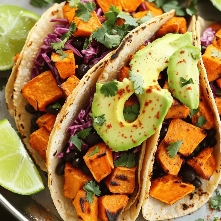 - 2 medium sweet potatoes, peeled and cut into 1/2-inch dice - 1 can (15 oz) black beans, rinsed and drained - 1 tablespoon olive oil - 1 teaspoon ground cumin - 1 teaspoon smoked paprika - 1/2 teaspoon chili powder - Salt and freshly ground black pepper to taste - 8 small corn or flour tortillas - 1 ripe avocado, sliced - 1 cup red cabbage, finely shredded - 1/2 cup fresh cilantro, roughly chopped - 1 lime, cut into wedges - Optional: Hot sauce, for serving These sweet potato black bean tacos are not just tasty; they’re also healthy. Each serving provides a good mix of nutrients. Sweet potatoes are rich in vitamins A and C, while black beans offer protein and fiber. This meal can help with digestion and keep you full longer. Sweet potatoes are great for your health. They boost your immune system and help your skin glow. They contain antioxidants that fight free radicals. Black beans are also a superfood. They support heart health and stabilize blood sugar levels. Together, these ingredients make a powerful and nourishing meal. Plus, they are both easy to find and affordable. Enjoy these tacos knowing you are eating well! For the full recipe, check out the link provided. Start by peeling the sweet potatoes. Cut them into 1/2-inch dice. This size helps them cook evenly. In a bowl, mix the diced sweet potatoes with olive oil. Add ground cumin, smoked paprika, chili powder, and a sprinkle of salt and pepper. Toss until every piece is coated well. Preheat your oven to 425°F (220°C). Line a baking sheet with parchment paper for easy cleanup. Spread the seasoned sweet potatoes on the sheet in a single layer. Roast them for 25-30 minutes. Halfway through, turn them for even browning. They should be tender with a light caramelization when done. While the sweet potatoes roast, rinse the black beans in a colander. Transfer them to a small saucepan. Heat them over medium heat, stirring occasionally. Add a pinch of salt and pepper for flavor. For the tortillas, warm them in a dry skillet over medium-high heat. Heat each side for about 20 seconds. Make sure they stay soft and pliable. Grab a warm tortilla and start layering. Add a generous scoop of roasted sweet potatoes. Follow that with a spoonful of black beans. Top with shredded red cabbage and a few slices of creamy avocado. Finish with fresh cilantro for flavor. Serve with lime wedges on the side. If you like spice, drizzle hot sauce on top. For the full recipe, check the link! Roasting sweet potatoes brings out their natural sweetness. I recommend cutting them into small cubes. This size cooks faster and gets crispy edges. Toss the cubes with olive oil and spices before roasting. I like to use cumin and smoked paprika for a bold flavor. Roast at 425°F (220°C) for 25-30 minutes. Make sure to turn them halfway. This ensures even cooking and browning. Soft tortillas make tacos easy to eat. To keep them soft, warm them in a dry skillet over medium heat. Heat each side for about 20 seconds. This warms them up without making them crispy. You can also wrap them in a clean kitchen towel. This keeps them warm and soft until ready to serve. To make your tacos stand out, add fresh herbs. Cilantro adds a bright touch. Squeeze fresh lime juice over the tacos for a zesty kick. For extra heat, drizzle some hot sauce on top. You can also add toppings like sliced jalapeños or pico de gallo. These enhance the flavor and add texture. Try mixing in some corn or diced tomatoes with the black beans for more variety. Check out the Full Recipe for more ideas! {{image_4}} You can swap out sweet potatoes and black beans for many other tasty options. Try using roasted butternut squash or cooked quinoa for a twist. If you enjoy meat, shredded chicken or ground turkey works well too. For a spicy kick, add jalapeños or roasted peppers. This recipe is already vegan. To keep it gluten-free, just use corn tortillas. You can also try lettuce wraps for a fresh, crunchy base. Enjoy the same great flavors while keeping your diet in mind. Pair your tacos with a fresh salad or a side of rice. A simple corn salad adds sweetness, while a refreshing cucumber salad brightens the meal. You can also serve these tacos with a zesty lime or avocado dip for extra flavor. Check out the Full Recipe for more ideas! After you enjoy your sweet potato black bean tacos, store leftovers in an airtight container. Place the tacos in the fridge. They will stay fresh for about three days. Keep the toppings separate to maintain their crunch. This helps the avocado and cabbage stay fresh. To reheat the tacos, remove the filling and toppings from the tortillas. Warm the sweet potatoes and black beans in a pan over medium heat. Heat the tortillas in a dry skillet for about 20 seconds on each side. This keeps them soft. Once warmed, reassemble your tacos and enjoy! If you want to freeze the filling, let it cool first. Place the sweet potatoes and black beans in a freezer-safe bag. Squeeze out the air before sealing. This will keep them fresh for up to three months. When ready to eat, thaw in the fridge overnight and reheat as directed. Just remember, avoid freezing the tortillas and toppings for best results. For the full recipe, click here [Full Recipe]. Yes, you can use different beans. Pinto beans, kidney beans, or chickpeas work well. Just rinse and drain them like black beans. Each bean adds its own taste and texture. Experimenting with beans can change the flavor of your tacos. To add heat, try these options: - Add more chili powder. - Use jalapeños or serrano peppers. - Drizzle hot sauce on top. - Mix in diced chipotle peppers in adobo sauce. These choices will give your tacos a nice kick. These side dishes pair well: - Mexican rice - Guacamole - Black bean salad - Grilled corn - Fresh salsa These sides brighten up the meal and boost flavors. Yes, this recipe is great for meal prep. You can store the sweet potato and black bean mix in containers. Just reheat them when you’re ready to eat. The tortillas can stay fresh in a bag. Assemble your tacos right before serving for the best taste. You can find the full recipe for Sweet Potato Black Bean Tacos [here](#). This link provides all the steps and tips to make this dish delicious. Sweet potato and black bean tacos are a tasty, healthy choice. We covered key ingredients, their benefits, and how to make these tacos step by step. I shared tips to enhance flavor and keep tortillas soft. You can mix up the fillings to suit your taste. Store leftovers correctly for future meals. Whether you're vegan or want options, this dish works for everyone. Enjoy making and eating these fun tacos!