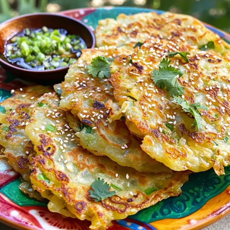 - All-purpose flour: This is the main base for your pancake. It gives the pajeon its chewy texture. You can find it at any grocery store. - Scallions: Scallions are key to flavor. They add a fresh and mild onion taste. Use a bunch of scallions and chop them finely for the best results. - Optional ingredients: You can add carrots for extra sweetness. Grating them makes them mix well. Gochugaru brings heat if you want some spice. Just half a teaspoon will do. - Mixing bowls and whisk: You need these to mix your batter. A bowl will hold your ingredients, and a whisk will blend them smoothly. - Non-stick frying pan: This is crucial to cook your pancakes without sticking. It helps you achieve that golden, crispy outside. - Spatulas: Use one to flip the pancakes and another to serve them. A good spatula can handle the flipping without breaking the pancake. For the complete recipe, check out the Full Recipe section. To make the batter, start with a large bowl. Add 1 cup of all-purpose flour. Pour in 1 cup of water and 1/2 teaspoon of salt. Whisk these together until you see a smooth mixture. It should be free of lumps. A smooth batter helps create a tasty pancake. Next, it's time to add flavor. Chop one bunch of scallions finely. If you want, grate 1/2 cup of carrots for sweetness. You can also add 1/2 teaspoon of gochugaru for heat. Fold these ingredients into the batter carefully. Mixing well ensures that the scallions and carrots spread evenly. Now, heat a non-stick frying pan over medium heat. Add 2 tablespoons of vegetable oil. Wait until the oil shimmers, which takes about two minutes. Carefully pour half of the batter into the pan. Use a spatula to spread it into a flat, round shape. Cook the pancake for 3 to 4 minutes. Look for crispy edges and a golden bottom. When it's ready, gently flip it over using two spatulas. Cook for another 3 to 4 minutes on the other side. When both sides are golden and crispy, transfer the pancake to a plate lined with paper towels. This helps remove extra oil. Repeat with the remaining batter and add more oil to the pan if needed. Cut the pancakes into wedges. Serve warm with soy sauce for dipping. Enjoy your crispy Korean scallion delight! For the full recipe, check out the details above. To make great Pajeon, you need to focus on the oil temperature. Use enough oil to cover the bottom of the pan. Heat it until it shimmers. This helps create a crispy outer layer. Cook each pancake for about 3-4 minutes on each side. You'll know it's ready to flip when the edges turn golden and crisp. This timing is key to achieving the perfect texture. When serving Pajeon, presentation matters. Place the pancakes on a bright platter. You can garnish with sesame seeds or fresh cilantro for color. This not only looks nice but also adds flavor. For dipping, soy sauce is a must. You can enhance it with chopped scallions or a splash of vinegar. This will give your Pajeon a fresh kick. Serve warm for the best experience! Remember, you can find the full recipe above! {{image_4}} You can change up your pajeon by using different veggies. Add bell peppers, zucchini, or even mushrooms for a twist. These swaps can change the taste and texture of the pancake. If you prefer a gluten-free version, use rice flour or a gluten-free flour blend. This makes pajeon tasty for everyone. In Korea, pajeon varies by region. Some places like to add seafood, such as shrimp or squid, for extra flavor. Others might use different herbs or spices for unique tastes. Traditional serving customs also differ. Some people enjoy pajeon with a side of kimchi or pickled vegetables. Others might serve it with a spicy dipping sauce. Each region brings its own flair to this delicious dish. To keep your pajeon fresh, store any leftovers in the fridge. Use an airtight container. This keeps them from drying out. They can last up to three days. When you’re ready to eat, reheating is key. Use a frying pan over medium heat. Add a drop of oil to the pan. This helps the pancake regain its crispiness. Heat for about two minutes on each side. You'll enjoy that crunchy texture again. You can freeze pajeon for later enjoyment. If you freeze uncooked batter, it stays fresh longer. Just mix the batter and pour it into a freezer-safe bag. When you’re ready, thaw it in the fridge overnight. If you freeze cooked pancakes, stack them with parchment paper between each one. This prevents sticking. To thaw, leave them in the fridge or use a microwave. For best results, reheat them in a pan. This keeps them crispy, just like fresh! For the full recipe of crispy Korean scallion delight, refer back to the earlier section. Pajeon is a savory Korean pancake made mainly with scallions. It has roots in Korean history and is often enjoyed during rainy days. This dish brings people together, often served at gatherings. The crispy texture and soft inside make it a favorite. Pajeon is also a popular bar snack, enjoyed with drinks. Yes, you can easily make Pajeon vegetarian! Simply skip any meat and stick to veggies. Use the basic ingredients like flour, water, and salt. Add scallions as the star of the dish. You can also include grated carrots for sweetness. For extra flavor, toss in other vegetables like bell peppers or zucchini. To achieve a crispy Pajeon, focus on the frying technique. Start with a hot pan and enough oil. Use vegetable oil for a higher smoke point. Spread the batter thinly in the pan for even cooking. Cook until the edges turn golden brown, then flip carefully. This helps keep the texture light and crisp. Pajeon is a delicious Korean pancake that blends simple ingredients and techniques. You learned about the key ingredients, like flour and scallions, and the tools needed to make it. I shared step-by-step instructions to ensure perfect texture and taste. Remember, experimenting with vegetables can lead to fun variations. Proper storage keeps your leftovers fresh. Enjoy your cooking and share this tasty dish with others, knowing you can adapt it to fit your tastes easily.