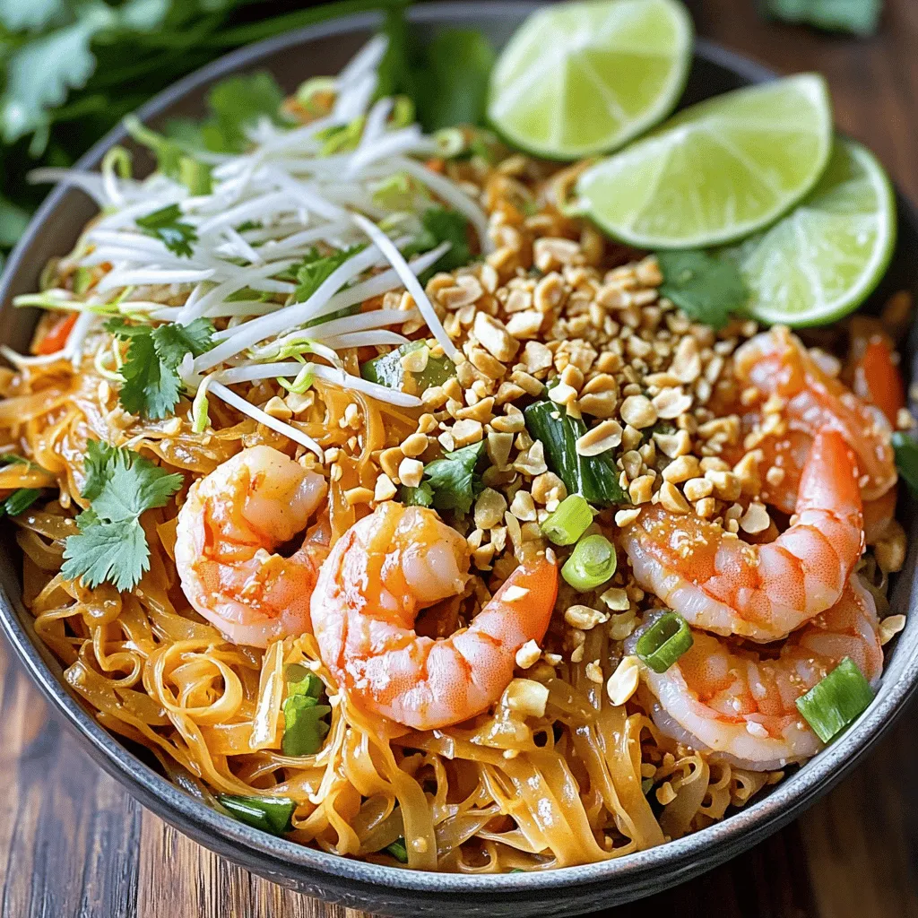 To make this easy Pad Thai with shrimp, you will need: - 200g rice noodles - 200g shrimp, peeled and deveined - 2 tablespoons tamarind paste - 3 tablespoons soy sauce - 1 tablespoon fish sauce - 1 tablespoon sugar - 2 tablespoons vegetable oil - 2 cloves garlic, minced - 1 large egg - 1 cup bean sprouts - 2 green onions, thinly sliced - 1 tablespoon crushed peanuts - Fresh cilantro, for garnish - Lime wedges, for serving You can swap some ingredients if you want. If you don’t have tamarind paste, use lime juice or vinegar for a tangy taste. You can replace shrimp with chicken or tofu for a different protein. If you want a gluten-free option, use tamari instead of soy sauce. For a sweeter touch, try maple syrup instead of sugar. To make your dish even better, consider these garnishes: - Extra crushed peanuts for crunch - Fresh cilantro for a pop of green - Lime wedges for a zesty kick - Sliced red chili for heat These options will enhance your meal and make it look great. First, boil water in a large pot. Add 200g of rice noodles once the water is boiling. Cook them according to the package instructions until they are al dente. This usually takes about 5 to 7 minutes. After cooking, drain the noodles and rinse them under cold water. This stops the cooking process and keeps them from sticking. Set the noodles aside in a bowl for later. In a medium bowl, mix together the tamarind paste, soy sauce, fish sauce, and sugar. You will need 2 tablespoons of tamarind paste, 3 tablespoons of soy sauce, 1 tablespoon of fish sauce, and 1 tablespoon of sugar. Whisk these ingredients until smooth. Make sure the sugar dissolves completely. This sauce will give your Pad Thai its unique, savory flavor. Take a large skillet or wok and heat 2 tablespoons of vegetable oil over medium heat. Once the oil is hot, add 2 cloves of minced garlic. Sauté for about 30 seconds until fragrant. Then, add 200g of peeled and deveined shrimp. Cook the shrimp for 2 to 3 minutes, stirring often. They will change color and turn pink when done. Transfer the shrimp to a plate and set them aside. In the same skillet, push the shrimp to one side and crack 1 large egg into the empty space. Scramble it gently until just set, then mix it back in with the shrimp. Now it's time to bring everything together! Add the cooked rice noodles to the skillet. Pour your Pad Thai sauce over the noodles. Use tongs or a spatula to gently toss everything together. Make sure the noodles are well coated in sauce. Next, stir in 1 cup of bean sprouts and the thinly sliced green onions. Cook for an additional 1 to 2 minutes until everything is heated through. The bean sprouts should be slightly wilted. Now your Pad Thai is ready to serve! Plate it up and enjoy this shrimp-tastic dish. For the full recipe, check the details above! To ensure your shrimp are perfectly cooked, start with fresh shrimp. Look for shrimp that are pink and firm. Avoid shrimp that smell off or have a slimy texture. When cooking, heat your oil until it's hot, then add the shrimp. Cook them for 2-3 minutes until they turn pink and opaque. This shows they are done. Overcooking shrimp makes them tough, so watch closely. If you want to add flavor, marinate your shrimp in a mix of soy sauce and lime juice for 15 minutes before cooking. You can easily customize this dish for different diets. If you want a vegetarian option, swap shrimp for tofu or extra veggies. To make it gluten-free, use rice noodles and tamari instead of soy sauce. If you want a lower-carb dish, try zucchini noodles instead of rice noodles. You can play with flavors too. Add more lime juice for brightness or chili flakes for heat. If you have leftovers, store them in an airtight container. Keep them in the fridge for up to 2 days. To reheat, use a skillet over medium heat. Add a splash of water or oil to prevent sticking. Stir often until heated through. If you want to freeze your Pad Thai, do so before adding the bean sprouts and green onions. These fresh ingredients taste best when added just before serving. {{image_4}} You can easily make Pad Thai without shrimp. Use tofu or more veggies instead. Firm tofu works well. Just press it to remove extra water, then cube it. Sauté it until it’s golden brown. Add your favorite veggies like bell peppers, carrots, or snap peas. This makes a tasty vegetarian dish. If you want to switch up the protein, chicken or beef are great choices. You can also use scallops or even crab for a seafood twist. Just remember to adjust cooking times. For chicken or beef, slice it thin and cook it until it’s no longer pink. Seafood needs less time than shrimp, so watch it closely. Want to change the flavor? You can play with the sauce. Try adding a hint of lime juice or a splash of coconut milk for creaminess. If you like heat, toss in some chili flakes or sriracha. For a sweet twist, add pineapple chunks. These small changes create new taste profiles and keep meals exciting. For the full recipe, refer to the earlier section. To keep leftover Pad Thai fresh, place it in an airtight container. Store it in the fridge for up to three days. This helps keep the flavors intact. Avoid leaving it out at room temperature for too long. To reheat your Pad Thai, use a skillet over medium heat. Add a splash of water or oil to help it heat evenly. Stir frequently for about five minutes. You can also use a microwave. Heat it in short bursts, stirring in between. If you want to freeze Pad Thai, first let it cool completely. Divide it into portions and store them in freezer-safe bags. Squeeze out as much air as possible. It can last for up to two months in the freezer. To eat, thaw it overnight in the fridge before reheating. If you don't have tamarind paste, you can use lime juice. Mix it with brown sugar for sweetness. Another option is to use rice vinegar. It adds a nice tang, but it won't be as rich as tamarind. To reduce spice, use less chili sauce or omit it entirely. You can also add more sugar or lime juice. This will balance flavors without heat. Serve with extra lime wedges to let everyone adjust their spice level. Yes, you can make Pad Thai ahead of time. Cook and store the noodles and sauce separately. Keep shrimp and veggies in the fridge. When ready to eat, just reheat everything together in a pan. The best noodles for Pad Thai are rice noodles. They are soft and chewy, perfect for holding the sauce. Look for flat rice noodles, often labeled as "Pad Thai noodles." Make sure to soak them until they are tender. For a full recipe, check out the [Full Recipe]. You learned about Pad Thai’s key ingredients, cooking steps, and helpful tips. You saw how to customize the dish for your taste and needs. Remember to store leftovers properly to keep them fresh. Whether you enjoy shrimp or prefer a vegetarian option, Pad Thai is a fun dish to master. With these steps and ideas, you can create a tasty meal that suits everyone. Enjoy your cooking journey and have fun with it!