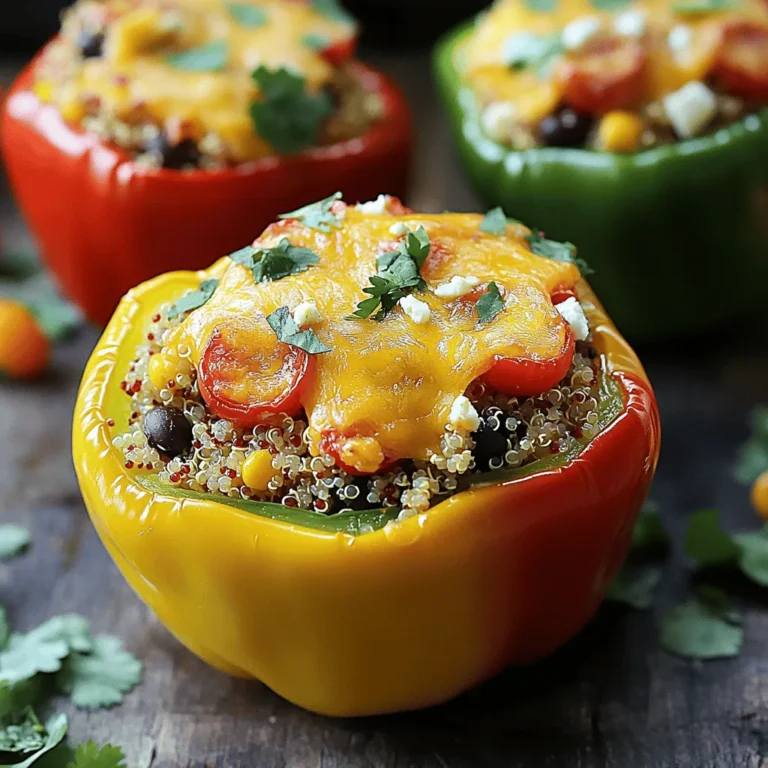- 4 large bell peppers (any color of your choice) - 1 cup cooked quinoa (or substitute with rice) - 1 cup black beans, drained and rinsed thoroughly - 1 cup corn kernels (can be fresh, frozen, or canned) - 1 cup cherry tomatoes, halved - 1 teaspoon chili powder - ½ teaspoon ground cumin - 1 cup shredded cheddar cheese - ½ cup crumbled feta cheese - 2 tablespoons olive oil - Salt and pepper to taste - Fresh cilantro, chopped, for garnish - Additional cheese varieties (e.g., mozzarella, pepper jack) - Spices for extra flavor (e.g., garlic powder, paprika) When I gather my ingredients, I focus on freshness and quality. I love using a mix of colors in my bell peppers. They add beauty to the dish. You can choose red, yellow, or green peppers based on your taste. For the stuffing, cooked quinoa serves as a great base. It adds texture and nutrition. Black beans bring protein and fiber to the meal. Corn adds sweetness and crunch. I enjoy using fresh cherry tomatoes for their juicy burst when you bite into them. Spices like chili powder and cumin give depth to the dish. Use them to make a flavorful blend. The cheeses melt and create a creamy topping. I often drizzle olive oil over the peppers for richness. Don’t forget to add salt and pepper. These simple seasonings enhance every bite! If you want to get creative, try some optional ingredients. Adding different types of cheese can change the flavor profile. You can also play with spices to suit your taste. This recipe is versatile. Feel free to adjust ingredients based on what you enjoy or have on hand. For the full recipe, check out the Cheesy Delight Stuffed Bell Peppers. - Preheat your oven to 375°F (190°C). - Prepare the bell peppers: cut off tops, remove seeds and membranes. Start by preheating your oven. This ensures the peppers cook evenly. Next, take your bell peppers. I like to use a mix of colors to make the dish pop. Cut off the tops and remove all seeds and membranes. This step is key. It makes stuffing easy and keeps the filling tasty. - Mix quinoa, black beans, corn, cherry tomatoes, and spices in a bowl. - Drizzle with olive oil and season with salt and pepper. In a large bowl, combine your cooked quinoa, black beans, corn, and halved cherry tomatoes. These ingredients add texture and flavor. Sprinkle in the chili powder and ground cumin for warmth. Then, mix in half of the cheddar and feta cheese. This step gives the filling a cheesy goodness. Drizzle olive oil, and season with salt and pepper. This enhances the flavor, making each bite delicious. - Pack the quinoa mixture into the bell peppers. - Top with remaining cheese, cover with foil, and bake for 25 minutes. Uncover and bake for an additional 10-15 minutes. Now, it’s time to stuff the peppers. Gently pack the quinoa mixture into each pepper, filling them well. Don’t overfill; just ensure they are full but neat. After that, top each pepper with the remaining cheese. This creates a melty layer on top. Cover the baking dish with foil. Bake for 25 minutes, then remove the foil. Bake for another 10 to 15 minutes. You’ll know they’re done when the peppers are soft and the cheese is golden brown. For the full recipe, check out the recipe card above. Enjoy your flavorful and easy meal! To get the perfect texture for your bell peppers, choose fresh, firm peppers. This helps them hold their shape. Cut the tops off and remove the seeds. If you like softer peppers, bake them longer. For firmer peppers, check them after 25 minutes. The size of your peppers matters too. Larger ones may need more time. Want to add some heat? Diced jalapeños work great. You can also try adding spices like smoked paprika or garlic powder for depth. Make sure to season your stuffing well. This is key for bold flavors. Taste your mixture before stuffing the peppers. Adjust salt and pepper as needed. For a stunning presentation, arrange your stuffed peppers on a colorful platter. This brightens up the table. Garnish with fresh cilantro for a pop of color. A dollop of sour cream adds creaminess and looks appealing. Drizzling olive oil over the top makes it shine. Enjoy your beautiful creation! {{image_4}} You can easily make vegetarian stuffed peppers. Start by substituting quinoa with brown rice or couscous. Both options give a nice texture. You can use various beans or lentils in the mix. Black beans are great, but pinto or kidney beans also work well. Lentils add a different flavor and boost protein. If you want a meatier dish, add cooked ground beef, turkey, or chicken to the stuffing. This adds flavor and makes the meal more filling. You can even combine different proteins for a hearty meal. Try mixing chicken and turkey for a fun twist. The choice is yours! Making dietary-friendly stuffed peppers is simple. For gluten-free adaptations, use certified gluten-free grains. You can also make low-carb variations using cauliflower rice instead of grains. It keeps the meal light and healthy. Remember, you can always find a way to enjoy these cheesy stuffed bell peppers! For the full recipe, check here: [Full Recipe]. To store cooked stuffed peppers in the refrigerator, wait until they cool. Place them in an airtight container. This helps keep them fresh for up to four days. If you want to freeze these tasty treats, wrap each pepper in plastic wrap. Then, place them in a freezer-safe bag. They can last in the freezer for about three months. To reheat, you can use the oven or microwave. If you choose the oven, preheat it to 350°F (175°C). Place the peppers in a baking dish with a splash of water. Cover them with foil to keep them moist. Bake for about 20 minutes. For the microwave, place one pepper on a plate and cover it with a damp paper towel. Heat for about 2-3 minutes or until warm. This method helps keep the peppers' texture and flavor. The recommended duration for storing stuffed peppers in the fridge is up to four days. In the freezer, they stay good for about three months. After this time, the taste and texture may change. Be sure to check for any signs of spoilage before eating. What can I substitute for quinoa in this recipe? You can use rice instead of quinoa. Both options taste great. Rice offers a different texture but works well. How long can stuffed peppers be stored in the fridge? Stuffed peppers last about 3 to 5 days in the fridge. Make sure to keep them in an airtight container. Can I make stuffed peppers ahead of time? Yes, you can prepare them a day before. Just store them in the fridge before baking. Are bell peppers nutritious? Yes, bell peppers are very nutritious. They are low in calories and packed with vitamins. They contain vitamin C and antioxidants, which are great for health. Can I use canned beans instead of dried ones? Absolutely! Canned beans are a great time-saver. Just rinse and drain them before using. How do I know when the peppers are done? Peppers are done when they are tender. You can test this by piercing them with a fork. The cheese should also be bubbly and golden brown. Is it necessary to cover the peppers while baking? Covering the peppers helps steam them. This makes them tender and juicy. Remove the cover later to brown the cheese. Stuffed bell peppers are a versatile and tasty dish. You can fill them with quinoa, beans, cheese, and more. To get the best taste, season well and cook them properly. Don't be afraid to switch up ingredients based on what you have. Storing leftovers is easy and they reheat well. This dish is a great way to enjoy healthy foods while being creative in the kitchen. Try these tips and enjoy your flavorful meal!