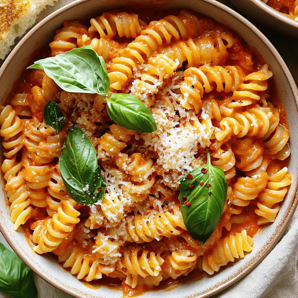 - Fresh Basil - Heavy Cream - Parmesan Cheese For Creamy Tomato Basil Pasta, fresh basil is key. It gives a bright, aromatic flavor. Heavy cream adds richness and smoothness to the sauce. Parmesan cheese brings a salty, nutty taste that ties it all together. - Red Pepper Flakes - Additional Seasonings If you like some heat, add red pepper flakes. They give a nice kick. You can also use other seasonings like Italian herbs or garlic powder for extra flavor. - Gluten-free Pasta Options - Alternative Cream Options You can swap out regular pasta for gluten-free pasta if needed. Look for options made from rice or corn. For a lighter sauce, try using coconut cream or almond milk instead of heavy cream. This keeps the dish creamy while changing the flavor slightly. For the Full Recipe, check out the detailed steps to make this dish. - Boiling Water and Cooking Time: Start by filling a large pot with water. Add a good amount of salt. Bring the water to a rolling boil. Add 8 oz of pasta to the pot. Cook it according to the package instructions. Aim for al dente, which means it should be firm to the bite. This usually takes about 8 to 10 minutes. - Draining and Reserving Pasta Water: Once the pasta is cooked, take a measuring cup and save ½ cup of the starchy water. This water is magic for the sauce! Then, drain the pasta in a colander and set it aside for later. - Sautéing Garlic and Combining Ingredients: In the same pot, add 2 tablespoons of extra virgin olive oil over medium heat. Wait until the oil is warm, then add 4 cloves of minced garlic. Sauté for about 1 minute. You want the garlic to smell good and turn golden, not brown. Brown garlic can taste bitter! - Simmering for Flavor Development: Next, pour in 1 can of crushed tomatoes. Stir it well and let it simmer. After a minute, slowly add 1 cup of heavy cream. Let the sauce bubble lightly for 3 to 5 minutes. This helps it thicken and taste rich. - Tossing the Pasta and Adjusting Sauce Consistency: Now it’s time for the fun part! Add the drained pasta back into the pot. Toss it gently with the sauce. If the sauce is too thick, use that reserved pasta water. Add a little at a time until you like the sauce's thickness. - Adding Cheese for Creaminess: Finally, stir in ½ cup of grated Parmesan cheese. Watch it melt into the sauce, making it creamy and delicious. Taste the sauce and add salt and pepper as needed. This step ensures every bite is full of flavor. For the full recipe, check the earlier sections to make this delightful dish at home! To make your creamy tomato basil pasta truly silky, you need to focus on the sauce. Start with high-quality ingredients, like fresh tomatoes and cream. When cooking, keep the heat at medium. This helps the sauce thicken without burning. Stir often to ensure even cooking. For the best cheese incorporation, add the Parmesan at the end. It should melt smoothly into the sauce. If it clumps, it means the sauce is too hot. Let it cool a bit before adding cheese. Want to boost the flavor? Add fresh herbs like thyme or rosemary. These add extra depth and aroma. You can also experiment with spices. A dash of smoked paprika gives a lovely warmth. If you like heat, try red pepper flakes. Start with a small pinch. You can always add more, but it’s hard to take it out! Presentation matters! Serve your pasta in wide, shallow bowls. This gives a nice look and allows for easy twirling. Drizzle a bit of olive oil on top for shine. For side dishes, garlic bread is a classic choice. A simple green salad pairs well, too. It adds a fresh crunch that complements the creamy sauce. Try these tips to elevate your creamy tomato basil pasta experience! {{image_4}} For a vegetarian twist, use plant-based cream and cheese. This keeps the dish rich and creamy while catering to vegan diets. Look for options made from nuts or soy. They mimic the texture of heavy cream well. You can also swap Parmesan for a vegan cheese blend. This way, you enjoy the same great taste without dairy. Add grilled chicken or shrimp for extra protein. This not only boosts nutrition but also adds flavor. Simply season your protein with salt and pepper. Cook it separately and toss it with the pasta at the end. This makes each bite hearty and satisfying. If you want variety, try sautéed mushrooms or roasted vegetables instead. If you're avoiding gluten, choose alternative pasta types. Options like chickpea or lentil pasta work nicely. They bring a new flavor and keep the dish filling. Cook them according to package instructions for best results. You can even use zucchini noodles for a lighter version. They add freshness and a fun twist to the classic recipe. For the full recipe, check the provided link. Enjoy customizing your creamy tomato basil pasta! To keep your creamy tomato basil pasta fresh, use airtight containers. Glass or plastic containers work well. Store the pasta in the fridge for up to three days. If you want it to last longer, consider freezing it. For the best texture, reheat your pasta on the stove. Add a little water or cream to keep it moist. Heat it over low heat and stir often. This method helps avoid dryness. You can also use a microwave. Cover the dish with a lid or a damp paper towel. This keeps the steam in and helps the pasta stay creamy. Enjoy your creamy tomato basil pasta! For the full recipe, check the recipe section above. Creamy Tomato Basil Pasta lasts about 3 to 5 days in the fridge. Store it in an airtight container. Make sure it cools down before sealing. This helps keep it fresh and safe to eat. Yes, you can freeze Creamy Tomato Basil Pasta. First, let it cool completely. Then, place it in a freezer-safe container. Seal it tightly to avoid freezer burn. It can last up to 2 months in the freezer. Thaw it in the fridge overnight before reheating. You can add many ingredients to make it your own! Here are some ideas: - Grilled chicken for protein - Shrimp or scallops for seafood lovers - Spinach or kale for extra greens - Roasted veggies like bell peppers or zucchini - Sun-dried tomatoes for added flavor Use your favorite flavors to create a unique dish. For the complete details on how to make this delicious dish, check out the Full Recipe. In this post, we explored making creamy tomato basil pasta from scratch. We discussed key ingredients like fresh basil, heavy cream, and Parmesan cheese. You learned step-by-step instructions for cooking pasta and making the sauce. We shared tips for a silky texture and flavor enhancements. Finally, we covered variations, storage, and answers to common questions. Enjoy creating your own version of this dish. The creamy texture and rich flavors make it a favorite. Try different ingredients and make it your own!