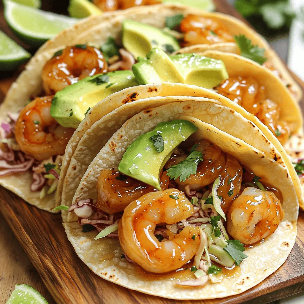 - 1 lb shrimp, peeled and deveined - 2 tablespoons honey - 3 cloves garlic, minced - 1 tablespoon soy sauce - 1 tablespoon fresh lime juice - 1 tablespoon vegetable oil - 1 teaspoon chili powder - Salt and pepper to taste - 8 small corn tortillas - 1 cup cabbage, shredded - ½ ripe avocado, sliced - Fresh cilantro leaves - Lime wedges for serving In this recipe, the shrimp is the star. You want fresh shrimp that shines in flavor. The honey gives a sweet touch, while garlic adds depth. For the marinade, soy sauce brings umami to the dish. Fresh lime juice adds a zesty kick that brightens each bite. Next, the extra ingredients help enhance the dish. The vegetable oil helps cook the shrimp nicely. Chili powder adds a hint of spice, while salt and pepper balance the flavors. The corn tortillas serve as the perfect wrap for all this goodness. For a great finish, toppings are key. Shredded cabbage adds crunch and freshness. Slices of creamy avocado give richness. Fresh cilantro adds a pop of color and flavor. Lastly, lime wedges offer a refreshing squeeze on top. This dish is not just tasty; it is easy to make. You can find the full recipe in the earlier section. Enjoy creating these delicious honey garlic shrimp tacos! - Combine honey, garlic, soy sauce, lime juice, and chili powder. - Stir until well blended. Start by mixing the honey, minced garlic, soy sauce, fresh lime juice, and chili powder in a bowl. This marinade gives the shrimp a sweet and savory flavor. It’s simple, yet it makes a big impact on taste. - Add shrimp to the marinade. - Cover and let sit for 15-20 minutes. Next, add the shrimp to the bowl. Make sure every piece is coated well. Then, cover the bowl and set it aside. Letting the shrimp sit in the marinade for 15 to 20 minutes helps them soak up all those delicious flavors. - Heat vegetable oil in a skillet. - Cook shrimp for 2-3 minutes on each side. While the shrimp marinates, heat vegetable oil in a skillet over medium-high heat. When the oil is hot, add the shrimp. Cook them for about 2 to 3 minutes on each side. Look for them to turn pink and opaque. This means they are cooked just right. - Warm corn tortillas in a separate skillet. While the shrimp cooks, warm the corn tortillas in a different skillet. Heat them for about 30 seconds on each side. This step makes the tortillas soft and tasty, perfect for holding all that shrimp goodness. - Layer cabbage, shrimp, and avocado on tortillas. - Garnish with cilantro. To build your tacos, lay a handful of shredded cabbage on each tortilla. Then, add the cooked shrimp on top. Finish with slices of creamy avocado. Sprinkle fresh cilantro on top, and your tacos are ready to enjoy! For the full recipe, check the earlier section. To cook shrimp just right, keep an eye on the time. Cook shrimp for only 2 to 3 minutes per side. They cook quickly. If you notice them turning pink and opaque, they are ready. The shrimp should have a slight caramel color. This means you’ve cooked them well. Want to boost flavor? Try adding spices like cumin or paprika. These spices work well with shrimp. You can also marinate shrimp longer, up to an hour, for deeper taste. Pair shrimp with fresh ingredients like mango or pineapple. They add sweetness and brightness. Plating matters! Use a colorful platter to serve your tacos. Arrange lime wedges around the tacos to catch the eye. Consider stacking the tacos for height. Add more fresh cilantro on top for a pop of green. This makes your dish look fancy and fun. For a final touch, sprinkle some chili flakes for color. {{image_4}} You can swap shrimp for chicken or tofu. Both options work well in this dish. For chicken, use boneless thighs or breasts. Cut the chicken into small pieces for even cooking. Cook chicken until it reaches a safe internal temperature of 165°F. For tofu, choose firm or extra-firm varieties. Press the tofu to remove excess water, then cut it into cubes. Sauté the tofu until it gets golden brown on all sides. This adds great texture and flavor. Want to kick up the heat? Add diced jalapeños or a splash of hot sauce. You can also try smoked paprika for a smoky taste. For sauces, use chipotle mayo or avocado crema for creaminess. These will create a tasty twist on your tacos. If you love citrus, consider adding orange juice to the marinade. This gives a fresh and bright flavor to the shrimp. If you need gluten-free options, use tamari instead of soy sauce. It tastes great and keeps the dish safe for those with gluten issues. For a vegan version, replace shrimp with chickpeas or more tofu. Marinate as usual to infuse great flavors. You can also use corn tortillas that are naturally gluten-free. This way, everyone can enjoy these tasty tacos! For the full recipe, check out the detailed instructions above. To keep your honey garlic shrimp tacos fresh, store leftovers in the fridge. Place them in an airtight container. Make sure they cool down before sealing. This helps prevent moisture buildup. Keep the tacos at a temperature below 40°F. Consume them within two days for the best taste. When you reheat shrimp, avoid drying them out. Use a skillet over low heat. Add a splash of water or broth to keep them moist. Stir gently until warm. For the tortillas, warm them in a dry skillet for about 20 seconds each side. This will make them soft again and ready to use. You can freeze shrimp tacos, but it's best to store components separately. Freeze cooked shrimp in a sealed bag. They can last about three months in the freezer. Store tortillas in another bag, and they can stay fresh for up to six months. When ready to eat, thaw shrimp in the fridge overnight before reheating. This keeps the flavors intact. For the full recipe, check out the earlier sections. You can enjoy several tasty sides with these tacos. Here are my top picks: - Mexican rice: It adds a nice, savory touch. - Black beans: Rich in protein and flavor. - Corn salad: Fresh and vibrant, it brightens the plate. - Guacamole: Creamy and rich, it pairs perfectly. - Pico de gallo: This fresh salsa adds a zesty crunch. These sides will round out your meal and make it more satisfying. Yes, you can prepare the marinade ahead of time. Store it in an airtight container in the fridge for up to three days. This gives the flavors time to meld. When you’re ready, just add the shrimp and marinate as usual. Cooked shrimp turn pink and opaque. They should curl slightly and feel firm to the touch. If they look shiny, they need more time. Perfectly cooked shrimp have a slight caramelization on the outside, which adds flavor. Toppings can elevate your shrimp tacos. Here are some popular choices: - Sour cream: Adds creaminess and tang. - Pico de gallo: Offers freshness and crunch. - Shredded cheese: A sprinkle of cheese adds richness. - Hot sauce: For those who like a kick. - Radishes: Thinly sliced for extra crunch. Feel free to mix and match your favorites! You can definitely use frozen shrimp. Thaw them in the fridge overnight or run them under cold water. Pat them dry before marinating. Frozen shrimp may need a minute more to cook. Just ensure they’re fully cooked before serving. For the full recipe, check out the details! Honey garlic shrimp tacos are simple and fun to make. We covered the key ingredients, such as shrimp, honey, and tortillas. I shared steps for marinating, cooking, and assembling. Tips helped you achieve perfectly cooked shrimp and enhance flavor. Variations offered ideas for different proteins and dietary needs. Enjoy your tacos with fresh toppings and sides. These tacos please everyone and keep meal prep easy. Dive in, taste success, and make each bite count!