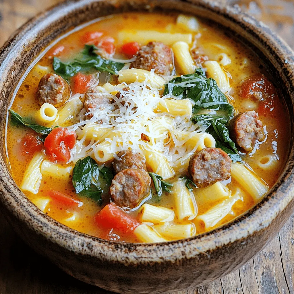 To make your Creamy Italian Sausage Ditalini Soup, you’ll need: - 1 pound Italian sausage (mild or spicy) - 1 medium onion, diced - 3 cloves garlic, minced - 4 cups low-sodium chicken broth - 1 can (14.5 oz) diced tomatoes, with juice - 1 cup ditalini pasta - 1 cup heavy cream - 2 cups fresh spinach, chopped - 1 teaspoon dried Italian herbs (oregano, basil, thyme) - Salt and black pepper, to taste - Grated Parmesan cheese, for topping - Optional: Fresh herbs for garnish You can mix things up with these options: - Use turkey or chicken sausage for a leaner choice. - Swap ditalini for other small pasta shapes like orzo or elbow macaroni. - Replace heavy cream with coconut milk for a dairy-free option. - Add carrots or celery for extra veggies and flavor. - Try different herbs like parsley or rosemary for a unique taste. Here’s a quick look at the nutrition in key ingredients: - Italian sausage: High in protein and fat. Choose leaner versions for fewer calories. - Heavy cream: Adds richness but is high in calories and fat. Use sparingly. - Spinach: Rich in vitamins A and K. Great for adding nutrients. - Ditalini pasta: A good source of carbohydrates. Helps keep you full. These ingredients come together to create a warm and hearty soup you’ll love! For the full recipe, check the earlier section. To start, heat a large pot over medium-high heat. Add 1 pound of Italian sausage. Use a wooden spoon to break it apart. Cook for about 5-7 minutes until it is brown and fully cooked. This step adds a rich flavor to your soup. Next, add 1 medium onion, diced into small pieces. Sauté for 3-4 minutes until it is soft and translucent. Then, stir in 3 cloves of minced garlic. Cook for 1 more minute until you can smell the garlic. Pour in 4 cups of low-sodium chicken broth and 1 can of diced tomatoes. Scrape the bottom of the pot with your spoon to lift any tasty bits. This is called deglazing. Bring the mixture to a boil. Once the soup is boiling, add 1 cup of ditalini pasta. Cook according to the package instructions, usually about 7-8 minutes. Stir occasionally to keep the pasta from sticking. After the pasta is al dente, reduce the heat to low. Slowly stir in 1 cup of heavy cream, followed by 2 cups of chopped spinach and 1 teaspoon of dried Italian herbs. Cook for another 2-3 minutes until the spinach wilts. Season with salt and pepper to taste. Remove the pot from heat and let the soup rest for a couple of minutes to thicken. For the full recipe, refer to the ingredients and step-by-step details provided above. Enjoy this delightful dish! To cook ditalini pasta just right, follow these tips: - Use a large pot with plenty of water. - Salt the water well; this adds flavor. - Stir the pasta often to prevent sticking. - Check for al dente texture a minute early. - Drain the pasta and add it to the soup right away. Cooking pasta well helps keep your soup from getting too thick. Perfectly cooked ditalini will absorb the soup's flavors but still stay firm. To boost the flavors in your soup, try these ideas: - Use fresh garlic instead of minced. - Add a splash of white wine before broth. - Stir in some red pepper flakes for heat. - Top with fresh herbs like basil or parsley before serving. These steps make your soup more complex and tasty. Each ingredient adds a new layer that makes it special. For a creamier soup, consider these serving tips: - Use more heavy cream for richness. - Drizzle olive oil just before serving. - Add a dollop of ricotta or mascarpone on top. - Garnish with extra grated Parmesan cheese. These touches transform the soup into a luxurious dish. Enjoy a bowl of creamy delight that warms your heart. For the full recipe, check out the details above! {{image_4}} You can switch up ingredients to make this soup your own. Here are some ideas: - Proteins: Instead of Italian sausage, try ground turkey or chicken. You can also use diced ham for a smoky flavor. For a hearty touch, add cooked lentils. - Pasta: While ditalini is great, try small shells, orzo, or even gluten-free pasta. Each type brings a unique bite. - Veggies: Toss in carrots, celery, or bell peppers for extra nutrition. You can also add corn or zucchini for a fresh twist. To make this soup vegan, swap the sausage for plant-based sausage or mushrooms. Use vegetable broth instead of chicken broth. Replace heavy cream with coconut milk or cashew cream for richness. Add more veggies like kale or chickpeas to boost protein and texture. When choosing sausage, you have options. If you like heat, go for spicy Italian sausage. It adds depth to the soup. For a milder taste, stick with sweet Italian sausage. You can also mix both for a balanced flavor. Add red pepper flakes for extra spice if desired. Adjust to your taste for the perfect kick! To keep your soup fresh, store it in an airtight container. Let the soup cool down before sealing it. You can keep it in the fridge for up to three days. If you need to store it longer, freezing is a great option. To freeze the soup, pour it into a freezer-safe container. Leave some space at the top for expansion. You can also use freezer bags for easy stacking. Label the bags with the date. This way, you won't forget how long it's been in the freezer. The soup can last up to three months frozen. When it's time to enjoy your leftovers, reheat the soup on the stove. Use medium heat to warm it slowly. Stir occasionally to prevent sticking. If the soup seems too thick, add a splash of chicken broth or water. You can also microwave it in a microwave-safe bowl. Cover it to avoid splatters. Heat in short bursts, stirring in between, until warm. Enjoy your creamy Italian sausage ditalini soup just like the first day! For the full recipe, check out the instructions above. Yes, you can. Use any small pasta you like. Orzo, macaroni, or even fusilli work well. Just make sure the pasta cooks in a similar time frame as ditalini. This keeps your soup smooth and creamy. To spice things up, add crushed red pepper flakes. Start with a teaspoon and add more to taste. You can also choose spicy Italian sausage instead of mild. This brings heat right into the soup. This soup pairs nicely with crusty bread or a fresh salad. Garlic bread is a great choice too. It soaks up the rich broth and adds a nice crunch. You can also enjoy it with a light, tangy salad for balance. To make this soup gluten-free, simply swap ditalini with a gluten-free pasta. Many brands offer tasty options. Check the cooking time to get it just right. Always read labels to ensure all ingredients are gluten-free. Enjoy your creamy delight without worry! This blog post shared a complete guide for making Creamy Italian Sausage Ditalini Soup. We covered ingredients, step-by-step instructions, and helpful tips. You learned cooking techniques and enjoyed variations to suit your taste. Plus, storage info helps with leftovers, ensuring fresh meals later. In making this soup, you can personalize each step. Experiment and find your perfect balance. Enjoy every spoonful, knowing you created something delicious!