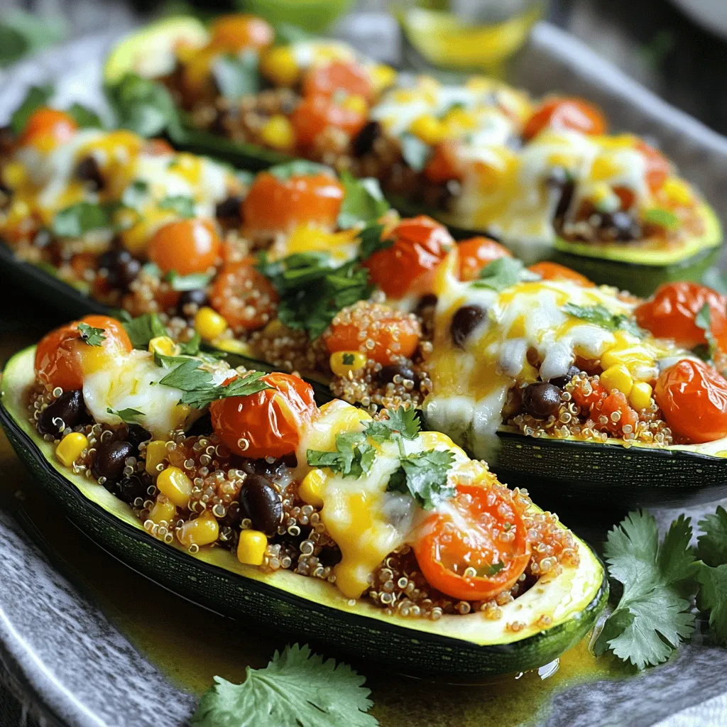 Here’s what you need for savory stuffed zucchini boats: - 4 medium zucchini - 1 cup cooked quinoa - 1 cup cherry tomatoes, halved - 1 cup cooked black beans, drained and rinsed - 1/2 cup corn kernels (fresh or frozen) - 1 teaspoon ground cumin - 1 teaspoon smoked paprika - 1/2 teaspoon garlic powder - 1/2 teaspoon onion powder - Salt and freshly ground black pepper to taste - 1 cup shredded cheese (cheddar or a blend of your choice) - 2 tablespoons fresh cilantro, finely chopped (for garnish) - 1 tablespoon olive oil Each ingredient plays an important role in flavor and texture. The zucchini serves as a tasty shell. Quinoa adds protein and bulk, while black beans bring fiber. Corn provides sweetness, and spices create depth. Cheese gives a rich finish, and fresh cilantro brightens the dish. For the full recipe, visit the section that covers step-by-step instructions. - Preheat oven to 375°F (190°C). - Take each zucchini and slice it in half. - Scoop out the flesh, leaving a shell. Set the flesh aside. - In a bowl, mix cooked quinoa, halved tomatoes, black beans, and corn. - Add ground cumin, smoked paprika, garlic powder, and onion powder. - Chop the reserved zucchini flesh and add it to the mixture. - Season with salt and black pepper. Mix in half of the cheese. - Brush the inside of the zucchini halves with olive oil. - Place them cut side up in a baking dish. - Fill each half with the quinoa mixture, pressing down gently. - Top with the remaining cheese. - Cover with foil and bake for 25 minutes. - Remove the foil and bake for 10-12 more minutes. - Let them cool a few minutes, then garnish with cilantro. For the full recipe, refer to the provided details. Enjoy your healthy and tasty meal! Select medium-sized zucchinis for the best taste and texture. They are easier to fill and cook evenly. Look for firm zucchinis with a bright color. Avoid those that feel soft or have blemishes. Fresh zucchinis will enhance your dish's flavor and presentation. To avoid mushy zucchini, do not overcook them. Bake them just right to keep a slight crunch. This will make your meal more enjoyable. You also want to ensure the filling is well-seasoned. Mix your spices well to flavor every bite. Taste the filling before you stuff the zucchini. Adjust the seasonings as needed for the best results. Arrange your stuffed zucchini boats on a large platter. This makes for an appealing presentation. Drizzle a little olive oil over them for shine. Garnish with fresh cilantro to add color. A bright plate will invite everyone to dig in. For extra flair, sprinkle some cilantro around the platter. It creates a vibrant and inviting dish that looks as good as it tastes. Enjoy the full recipe for more details on preparation! {{image_4}} You can easily make your stuffed zucchini boats vegan. To do this, just swap out the cheese for a dairy-free option. Nutritional yeast works great for a cheesy flavor. Also, you can try vegan cream cheese for creaminess. For plant-based protein, use lentils or chickpeas. These options add texture and flavor to your dish. If you want a gluten-free meal, you can use different grains. Instead of quinoa, try brown rice or millet. Both are tasty and safe for gluten-free diets. Always check ingredient labels to make sure everything is gluten-free. This helps you avoid any hidden gluten in sauces or spices. Spice up your stuffed zucchini with different flavors. You can add chili powder for heat or Italian herbs for a classic taste. Don’t forget to try adding chopped bell peppers or mushrooms to the filling. These vegetables give a nice crunch and enhance the overall flavor. Explore your favorite spices to create your own unique twist. For the full recipe, check out Savory Stuffed Zucchini Boats. To keep your stuffed zucchini boats fresh, store them in the fridge. Place them in airtight containers to prevent drying out. They will last for about 3 to 5 days. Always allow them to cool completely before sealing. When reheating, use the oven if you can. Preheat it to 350°F (175°C). Place the zucchini boats on a baking sheet. Cover them with foil to keep them moist. Heat for about 15 minutes or until warmed through. If you prefer using a microwave, heat them in short bursts. This helps keep the texture right. You can freeze stuffed zucchini boats for later meals. First, let them cool completely. Wrap each boat tightly in plastic wrap, then place them in freezer bags. They can last for up to 3 months. To thaw, move them to the fridge overnight. Reheat in the oven for the best taste and texture. Yes, you can prepare stuffed zucchini boats in advance. Here’s how: - Prep the Filling: Make the filling a day before. Store it in an airtight container in the fridge. - Stuff the Zucchini: You can stuff the zucchini halves and keep them in the fridge. - Reheat: When ready, bake them straight from the fridge. Just add a few extra minutes to the cooking time. If you don’t have quinoa, try these grains: - Rice: Use cooked white or brown rice. Cooking time is about 20-30 minutes. - Couscous: This cooks quickly, in about 5 minutes. - Farro: Cook for about 30-40 minutes. It adds a nice nutty flavor. To keep your zucchini firm, use these tips: - Salt the Zucchini: After scooping, sprinkle salt inside. Let it sit for 15 minutes, then rinse and dry. - Bake at a High Temp: Bake at 375°F (190°C) to help evaporate excess moisture. - Avoid Overcooking: Keep an eye on the baking time to prevent sogginess. Yes, grilling adds a great flavor! Here’s how: - Preheat the Grill: Heat to medium-high. - Stuff the Zucchini: Prepare the filling as usual. - Grill: Place zucchini boats cut side up on the grill. Cook for 10-15 minutes. Check for tenderness and a nice char. - Cheese: Add cheese in the last few minutes of grilling to melt it perfectly. For the complete recipe, refer to the [Full Recipe]. Stuffed zucchini boats offer a tasty and healthy meal option. We explored ingredients, from zucchini to cheeses, and discussed how to prepare and bake them. Tips for choosing good zucchini and ways to prevent mushiness were shared. I also provided ideas for vegan substitutions and storing leftovers. Try these stuffed zucchini boats on your own. They're simple, fun, and full of flavor. You’ll enjoy the process and the results!
