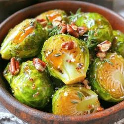 To make the perfect maple glazed Brussels sprouts, you need a few simple ingredients. Here is the list: - 1 lb Brussels sprouts, halved - 3 tablespoons pure maple syrup - 2 tablespoons extra virgin olive oil - 1 tablespoon balsamic vinegar - 1 teaspoon garlic powder - Salt and freshly ground black pepper to taste - 1/4 cup chopped pecans (optional) - 1 tablespoon fresh thyme leaves (optional) These ingredients create a sweet and savory blend. The maple syrup gives sprouts a lovely glaze. Olive oil helps them roast evenly, while balsamic vinegar adds depth. Garlic powder and seasonings bring out the natural flavors. If you want a crunch, add pecans. For fresh taste, use thyme leaves. You can find the full recipe to make this delightful side dish in the recipe section. - Preheat oven to 425°F (220°C). - Toss Brussels sprouts with glaze ingredients. - Arrange on a baking sheet. First, you need to preheat your oven to 425°F (220°C). This step helps the sprouts roast evenly. Next, take your halved Brussels sprouts and place them in a large bowl. Add the extra virgin olive oil, pure maple syrup, balsamic vinegar, garlic powder, salt, and freshly ground black pepper. Mix everything well until each sprout gets a nice coat of glaze. Now, grab a baking sheet. Line it with parchment paper to keep things tidy. Spread the Brussels sprouts out in a single layer with the cut sides down. This position helps them caramelize perfectly while roasting. - Roast for 20-25 minutes, stirring halfway. - Optional: Add pecans in the last 5 minutes. Once the oven is ready, put the baking sheet inside. Roast the Brussels sprouts for 20-25 minutes. Be sure to stir them halfway through. This helps them brown evenly and get tender. If you want a nice crunch, add chopped pecans to the sheet during the last 5 minutes. They will toast up and add a lovely flavor. - Add fresh thyme leaves before serving. - Drizzle remaining glaze over Brussels sprouts. When the sprouts are golden brown, take them out of the oven. For a fresh touch, sprinkle fresh thyme leaves over the Brussels sprouts. This adds a nice aroma and flavor. Don’t forget to drizzle any extra glaze from the baking sheet over the sprouts. This step gives them an extra kick of sweetness. Enjoy your maple glazed Brussels sprouts as a tasty side dish! For the full recipe, check out the details above. - Ensuring even roasting: To get great results, you need to spread the sprouts out. Use a large baking sheet and place them cut side down. This allows them to brown evenly and get that nice caramelized look. Stir them halfway through roasting as well. - Adjusting glaze sweetness: If you love it sweeter, add more maple syrup. If you prefer it less sweet, cut back a bit. Taste the glaze before cooking to find the right balance for you. - Additional seasonings to consider: You can spice things up with a dash of red pepper flakes. You might also like adding smoked paprika for a hint of smokiness. Try these to make your dish pop. - Usage of different vinegars: Besides balsamic vinegar, apple cider vinegar works well too. It gives a tangy flavor that complements the maple syrup nicely. Experiment with these to find your favorite. - Serving suggestions for visual appeal: Use a large, colorful bowl to serve the Brussels sprouts. A white bowl can also make the green and brown colors stand out beautifully. - Garnishing ideas for added flavor: For extra flair, sprinkle some chopped pecans on top. Fresh thyme leaves or a light drizzle of maple syrup can also make your dish look and taste amazing. {{image_4}} Spicy Maple Glazed Brussels Sprouts If you like heat, add red pepper flakes to the glaze. Start with a pinch and taste. You can always add more if you want. This twist gives the dish a nice kick. The sweet maple and spicy flakes work well together. Adding bacon for extra flavor Bacon adds a savory touch. Chop the bacon into small pieces and cook it until crispy. Then, mix it in with the Brussels sprouts before roasting. The bacon fat will add a rich flavor to the dish. It’s a great way to make it even more delicious. Vegan alternatives You can keep this dish vegan by replacing bacon with smoked paprika. This spice gives a nice, smoky flavor. Also, make sure your maple syrup is pure and not mixed with other ingredients. Nut-free options If you have nut allergies, you can skip the pecans. Instead, try sunflower seeds for a bit of crunch. They add texture without the risk of nuts. Incorporating seasonal vegetables You can mix in other vegetables too. Try adding carrots or sweet potatoes for color and taste. These veggies roast well and add even more flavor to the dish. Remember to cut them into similar sizes for even cooking. Changing the glaze according to seasons In fall, you might like to add cinnamon or nutmeg to the glaze. These spices enhance the warm flavors of the season. In summer, a splash of lemon juice can brighten the dish. Adjust the glaze to match what’s fresh and in season. For the full recipe, check out the [Full Recipe]. If you have leftovers, refrigerate them right away. Place the Brussels sprouts in an airtight container. They will stay fresh for about 3 to 5 days in the fridge. When you reheat, use the oven or a skillet for the best results. This keeps them crispy. Heat at 350°F (175°C) for about 10 minutes. Stir them a bit to ensure even warming. For long-term storage, you can freeze Brussels sprouts. First, blanch them in boiling water for 3 to 5 minutes. This stops enzyme action and keeps them fresh. After blanching, cool them in ice water. Drain and dry well. Then, place them in freezer bags, removing air. They can last up to 12 months in the freezer. When you’re ready to cook, thaw them overnight in the fridge. Reheat in the oven or skillet to restore their texture. Brussels sprouts can last about a week in the fridge before they spoil. Maple syrup can last for years if stored properly. Olive oil is good for about 6 months after opening. Signs of spoilage include slimy leaves or a strong odor. Always check your ingredients before using them. Proper storage extends their life and keeps your dishes fresh. Can I use frozen Brussels sprouts? Yes, you can use frozen Brussels sprouts. They work well in this recipe. Just remember to thaw them first. You may need to adjust cooking time since they are softer. Aim for a crisp texture by roasting them on a higher heat. How do I make Brussels sprouts less bitter? To reduce bitterness, try a few tricks. First, cut off the stem end and remove any yellow leaves. Roasting at high heat caramelizes the natural sugars. Adding maple syrup also helps balance the bitterness. What are the best sides to pair with maple glazed Brussels sprouts? Maple glazed Brussels sprouts pair well with many dishes. Try them with roasted chicken or pork. They also go great with quinoa or wild rice. Feel free to serve them with a tangy salad for freshness. How to check for doneness? Check for doneness by piercing a sprout with a fork. It should feel tender but not mushy. Look for a golden-brown color on the edges. This means they are caramelized and flavorful. Can I roast other vegetables with Brussels sprouts? Yes, you can roast other vegetables with Brussels sprouts. Carrots, sweet potatoes, and red onions work well. Just cut them to a similar size for even cooking. Toss them in the same glaze for extra flavor. Are Maple Glazed Brussels Sprouts healthy? Yes, maple glazed Brussels sprouts are healthy. They are low in calories and high in fiber. Brussels sprouts are also packed with vitamins C and K. Using maple syrup adds some natural sweetness without refined sugar. What are the calorie and nutritional facts? One serving of maple glazed Brussels sprouts contains about 120 calories. They have 7g of fat, 15g of carbs, and 3g of protein. The pecans add healthy fats and extra nutrients too. For the full recipe, check the detailed nutritional information. In this post, we covered how to make delicious maple glazed Brussels sprouts. You learned about essential ingredients, step-by-step cooking instructions, and helpful tips for perfect results. I shared variations and storage tips to keep your dish fresh. Remember, small changes can lead to big flavors. Enjoy experimenting with different flavors and ingredients. This dish is simple to make and perfect for any meal. Now, it's time to enjoy your tasty Brussels sprouts!