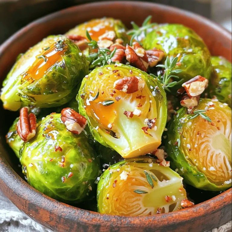To make the perfect maple glazed Brussels sprouts, you need a few simple ingredients. Here is the list: - 1 lb Brussels sprouts, halved - 3 tablespoons pure maple syrup - 2 tablespoons extra virgin olive oil - 1 tablespoon balsamic vinegar - 1 teaspoon garlic powder - Salt and freshly ground black pepper to taste - 1/4 cup chopped pecans (optional) - 1 tablespoon fresh thyme leaves (optional) These ingredients create a sweet and savory blend. The maple syrup gives sprouts a lovely glaze. Olive oil helps them roast evenly, while balsamic vinegar adds depth. Garlic powder and seasonings bring out the natural flavors. If you want a crunch, add pecans. For fresh taste, use thyme leaves. You can find the full recipe to make this delightful side dish in the recipe section. - Preheat oven to 425°F (220°C). - Toss Brussels sprouts with glaze ingredients. - Arrange on a baking sheet. First, you need to preheat your oven to 425°F (220°C). This step helps the sprouts roast evenly. Next, take your halved Brussels sprouts and place them in a large bowl. Add the extra virgin olive oil, pure maple syrup, balsamic vinegar, garlic powder, salt, and freshly ground black pepper. Mix everything well until each sprout gets a nice coat of glaze. Now, grab a baking sheet. Line it with parchment paper to keep things tidy. Spread the Brussels sprouts out in a single layer with the cut sides down. This position helps them caramelize perfectly while roasting. - Roast for 20-25 minutes, stirring halfway. - Optional: Add pecans in the last 5 minutes. Once the oven is ready, put the baking sheet inside. Roast the Brussels sprouts for 20-25 minutes. Be sure to stir them halfway through. This helps them brown evenly and get tender. If you want a nice crunch, add chopped pecans to the sheet during the last 5 minutes. They will toast up and add a lovely flavor. - Add fresh thyme leaves before serving. - Drizzle remaining glaze over Brussels sprouts. When the sprouts are golden brown, take them out of the oven. For a fresh touch, sprinkle fresh thyme leaves over the Brussels sprouts. This adds a nice aroma and flavor. Don’t forget to drizzle any extra glaze from the baking sheet over the sprouts. This step gives them an extra kick of sweetness. Enjoy your maple glazed Brussels sprouts as a tasty side dish! For the full recipe, check out the details above. - Ensuring even roasting: To get great results, you need to spread the sprouts out. Use a large baking sheet and place them cut side down. This allows them to brown evenly and get that nice caramelized look. Stir them halfway through roasting as well. - Adjusting glaze sweetness: If you love it sweeter, add more maple syrup. If you prefer it less sweet, cut back a bit. Taste the glaze before cooking to find the right balance for you. - Additional seasonings to consider: You can spice things up with a dash of red pepper flakes. You might also like adding smoked paprika for a hint of smokiness. Try these to make your dish pop. - Usage of different vinegars: Besides balsamic vinegar, apple cider vinegar works well too. It gives a tangy flavor that complements the maple syrup nicely. Experiment with these to find your favorite. - Serving suggestions for visual appeal: Use a large, colorful bowl to serve the Brussels sprouts. A white bowl can also make the green and brown colors stand out beautifully. - Garnishing ideas for added flavor: For extra flair, sprinkle some chopped pecans on top. Fresh thyme leaves or a light drizzle of maple syrup can also make your dish look and taste amazing. {{image_4}} Spicy Maple Glazed Brussels Sprouts If you like heat, add red pepper flakes to the glaze. Start with a pinch and taste. You can always add more if you want. This twist gives the dish a nice kick. The sweet maple and spicy flakes work well together. Adding bacon for extra flavor Bacon adds a savory touch. Chop the bacon into small pieces and cook it until crispy. Then, mix it in with the Brussels sprouts before roasting. The bacon fat will add a rich flavor to the dish. It’s a great way to make it even more delicious. Vegan alternatives You can keep this dish vegan by replacing bacon with smoked paprika. This spice gives a nice, smoky flavor. Also, make sure your maple syrup is pure and not mixed with other ingredients. Nut-free options If you have nut allergies, you can skip the pecans. Instead, try sunflower seeds for a bit of crunch. They add texture without the risk of nuts. Incorporating seasonal vegetables You can mix in other vegetables too. Try adding carrots or sweet potatoes for color and taste. These veggies roast well and add even more flavor to the dish. Remember to cut them into similar sizes for even cooking. Changing the glaze according to seasons In fall, you might like to add cinnamon or nutmeg to the glaze. These spices enhance the warm flavors of the season. In summer, a splash of lemon juice can brighten the dish. Adjust the glaze to match what’s fresh and in season. For the full recipe, check out the [Full Recipe]. If you have leftovers, refrigerate them right away. Place the Brussels sprouts in an airtight container. They will stay fresh for about 3 to 5 days in the fridge. When you reheat, use the oven or a skillet for the best results. This keeps them crispy. Heat at 350°F (175°C) for about 10 minutes. Stir them a bit to ensure even warming. For long-term storage, you can freeze Brussels sprouts. First, blanch them in boiling water for 3 to 5 minutes. This stops enzyme action and keeps them fresh. After blanching, cool them in ice water. Drain and dry well. Then, place them in freezer bags, removing air. They can last up to 12 months in the freezer. When you’re ready to cook, thaw them overnight in the fridge. Reheat in the oven or skillet to restore their texture. Brussels sprouts can last about a week in the fridge before they spoil. Maple syrup can last for years if stored properly. Olive oil is good for about 6 months after opening. Signs of spoilage include slimy leaves or a strong odor. Always check your ingredients before using them. Proper storage extends their life and keeps your dishes fresh. Can I use frozen Brussels sprouts? Yes, you can use frozen Brussels sprouts. They work well in this recipe. Just remember to thaw them first. You may need to adjust cooking time since they are softer. Aim for a crisp texture by roasting them on a higher heat. How do I make Brussels sprouts less bitter? To reduce bitterness, try a few tricks. First, cut off the stem end and remove any yellow leaves. Roasting at high heat caramelizes the natural sugars. Adding maple syrup also helps balance the bitterness. What are the best sides to pair with maple glazed Brussels sprouts? Maple glazed Brussels sprouts pair well with many dishes. Try them with roasted chicken or pork. They also go great with quinoa or wild rice. Feel free to serve them with a tangy salad for freshness. How to check for doneness? Check for doneness by piercing a sprout with a fork. It should feel tender but not mushy. Look for a golden-brown color on the edges. This means they are caramelized and flavorful. Can I roast other vegetables with Brussels sprouts? Yes, you can roast other vegetables with Brussels sprouts. Carrots, sweet potatoes, and red onions work well. Just cut them to a similar size for even cooking. Toss them in the same glaze for extra flavor. Are Maple Glazed Brussels Sprouts healthy? Yes, maple glazed Brussels sprouts are healthy. They are low in calories and high in fiber. Brussels sprouts are also packed with vitamins C and K. Using maple syrup adds some natural sweetness without refined sugar. What are the calorie and nutritional facts? One serving of maple glazed Brussels sprouts contains about 120 calories. They have 7g of fat, 15g of carbs, and 3g of protein. The pecans add healthy fats and extra nutrients too. For the full recipe, check the detailed nutritional information. In this post, we covered how to make delicious maple glazed Brussels sprouts. You learned about essential ingredients, step-by-step cooking instructions, and helpful tips for perfect results. I shared variations and storage tips to keep your dish fresh. Remember, small changes can lead to big flavors. Enjoy experimenting with different flavors and ingredients. This dish is simple to make and perfect for any meal. Now, it's time to enjoy your tasty Brussels sprouts!