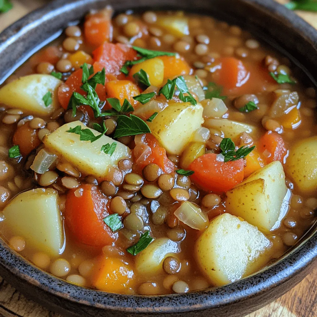 - 1 cup green or brown lentils - 1 medium onion, finely diced - 2 garlic cloves, minced - 1 bell pepper (red or green), chopped - 2 medium carrots, peeled and sliced - 2 medium potatoes, peeled and cubed - 1 can (14 oz) diced tomatoes - 4 cups vegetable broth, low-sodium recommended - 2 tablespoons Hungarian paprika, preferably sweet - 1 teaspoon dried thyme - 1 teaspoon caraway seeds - 2 tablespoons extra virgin olive oil - Salt and freshly cracked black pepper to taste - Fresh parsley, chopped, for garnish - Additional vegetables such as zucchini or green beans - A splash of balsamic vinegar for acidity - A pinch of cayenne pepper for heat To make this Hungarian lentil vegetable stew truly special, gather these ingredients. The lentils serve as the stew's heart, bringing protein and fiber. I love using green or brown lentils for their robust flavor. Next, the onion and garlic create a fragrant base. Add in a bell pepper for sweetness and vibrant color. Carrots and potatoes contribute texture and heartiness. A can of diced tomatoes adds richness and acidity. Using vegetable broth enhances the flavor without added sodium. The spices are key. Sweet Hungarian paprika provides warmth, while thyme and caraway seeds offer depth. Olive oil adds a smooth finish. If you want to tweak the flavor, feel free to add extra vegetables. Zucchini or green beans work well. For a tangy kick, try balsamic vinegar. If you like heat, a pinch of cayenne pepper can spice things up. Once you have your ingredients ready, you're set to create a comforting dish that's full of flavor. Don't forget to check the Full Recipe for detailed cooking steps! To start, you need to sauté the onion and garlic. Heat olive oil in a large pot over medium heat. Once the oil is hot, add the finely diced onion. Cook for about five minutes until it is soft and clear. Next, add the minced garlic. Cook for one to two minutes more, stirring to keep it from burning. Now, it's time to add the vegetables and seasoning. Toss in the chopped bell pepper, sliced carrots, and cubed potatoes. Let this mix cook for another five minutes. Stir often to ensure even cooking. Then, sprinkle in the Hungarian paprika, dried thyme, and caraway seeds. Mix well to coat the veggies with the spices. Next, you will introduce the lentils and liquids. Pour the can of diced tomatoes into the pot with their juices. After that, add the vegetable broth. Stir everything together and let it come to a boil over high heat. Once boiling, it’s time to add the rinsed lentils to the pot. Reduce the heat to low and cover the pot with a lid. Let it simmer for about 30 to 35 minutes. Stir occasionally. Check the stew's thickness and add more broth or water if needed. Before serving, taste the stew and adjust the seasoning. Add salt and freshly cracked black pepper based on your taste. Lastly, garnish the stew with a sprinkle of freshly chopped parsley. This adds a lovely pop of color and flavor. Enjoy the warmth and richness of Hungarian Lentil Vegetable Stew. You can find the Full Recipe above to guide you through this delicious process. Rinsing lentils is key. It removes dust and small stones. This step also helps reduce any foam during cooking. When you rinse them, they cook more evenly. Garlic adds great flavor, but it can burn fast. To prevent this, add garlic after the onion softens. Stir it often, and watch closely. Pair your stew with rustic bread. It’s perfect for dipping and adds a nice contrast. You can also serve it with a fresh salad for balance. Serve the stew hot. This dish is best enjoyed warm. If you like, add a sprinkle of fresh parsley on top for color and taste. For the full recipe, check the previous section. {{image_4}} You can switch up the lentils in this stew for fun. Red or yellow lentils work well. They cook faster and give a different taste. Mixing different lentils adds texture and flavor. Green lentils hold their shape better, while brown lentils are soft and creamy. Try a blend to see what you like best. This stew can easily be vegetarian or vegan. You can add plant-based proteins like tofu or tempeh. They boost the protein level and make it heartier. If you want it gluten-free, ensure your broth is safe. You can use any broth that meets your needs. These tweaks make the dish fit many diets. Using seasonal vegetables can enhance your stew. Spring might call for fresh peas, while winter is great for root veggies. You can also adjust spices based on the season. For a warmer feel, add a bit of extra paprika or a dash of cumin. Each season brings new flavors, so get creative! Try different combinations to keep it exciting. For the full recipe, check out the section above. To store leftover Hungarian lentil vegetable stew, let it cool first. Place it in an airtight container. You can use glass or plastic containers. Make sure to seal it well. The stew can last in the fridge for about three to five days. When you're ready to eat, just reheat it on the stove or in the microwave. You can freeze this stew for later use. Portion the stew into freezer-safe containers or bags. Leave some space at the top, as liquids expand when frozen. Label each container with the date. It’s best to use the stew within three months for the best taste. To thaw, move it to the fridge overnight. Reheat on the stove or microwave until hot. Stir well to ensure even heating. Enjoy this warm comfort dish anytime! Can I make this stew in a slow cooker? Yes, you can use a slow cooker. Just sauté the onion and garlic first. Then, add all the ingredients into the slow cooker. Cook on low for 6-8 hours or high for about 3-4 hours. This method brings out the flavors nicely. How do I make this recipe spicier? To spice up your stew, add some red pepper flakes or a pinch of cayenne pepper. You can also try a spicier paprika, like hot Hungarian paprika, for a flavorful kick. Start with a small amount and taste as you go. Can I substitute an ingredient if I don’t have it on hand? Absolutely! If you lack lentils, try beans or chickpeas. You can also swap vegetables based on what you have, like using zucchini instead of carrots. Be creative and make it your own. Is this stew healthy? Yes, this stew is very healthy. Lentils are full of protein and fiber. It also has lots of vegetables, which are good for you. Plus, it's low in fat, making it a great choice for a balanced meal. How can I lower the sodium content? To lower sodium, use low-sodium vegetable broth. You can also skip adding extra salt and let the natural flavors shine through. Fresh herbs can add flavor without the salt. What are the health benefits of lentils? Lentils are packed with nutrients. They help with digestion due to their fiber. They also provide protein, which is great for muscle health. Lentils can help keep your blood sugar stable and support heart health. What makes this stew a traditional Hungarian dish? Hungarian lentil stew is traditional because of its use of paprika, a staple in Hungarian cooking. This dish reflects the country's love for hearty, wholesome meals. It is often made in homes across Hungary, especially in colder months. Are there specific occasions to serve Hungarian lentil stew? You can serve this stew on many occasions. It's perfect for family dinners, cozy gatherings, or even casual parties. Many enjoy it during winter holidays, as it warms the soul and brings comfort to the table. For the complete recipe, check out the Full Recipe section above. This article covered the key ingredients and steps to make a hearty Hungarian lentil vegetable stew. We discussed optional ingredients to enhance flavor, tips for perfecting texture, and variations for different diets. Don't forget to store leftovers properly to enjoy later. Cooking can be fun and rewarding, especially with a dish like this. Explore the different ways to make this stew your own, and savor the warm, rich flavors with each bite. Enjoy your journey in creating this comforting meal!