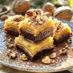 - 200g kataifi pastry - 100g unsalted butter, melted - 200g dark chocolate, finely chopped - 150g sweetened condensed milk - 50g chopped nuts (walnuts or pistachios) - 1 teaspoon pure vanilla extract - A pinch of sea salt - 1 tablespoon granulated sugar (optional) You can change nuts easily. Use almonds or hazelnuts if you prefer. For a vegan version, swap the butter with coconut oil and use dairy-free chocolate. These changes keep the bars tasty and fun. Using high-quality chocolate is key. It makes the filling rich and smooth. Look for chocolate with at least 70% cocoa for the best flavor. The kataifi pastry also matters. Choose fresh kataifi for a great texture. It should be soft and easy to work with. This makes your Chocolate Kataifi Bars even more delightful. 1. Preheat the Oven: First, preheat your oven to 180°C (350°F). This ensures even cooking. 2. Prepare the Baking Pan: Line an 8x8 inch (20x20 cm) square baking pan with parchment paper. Leave some paper hanging over the sides. This makes it easy to lift out later. 3. Shred Kataifi Pastry: In a bowl, take the kataifi pastry. Carefully shred it into fine strands. This helps it bake evenly. 4. Mix with Butter: Drizzle the melted butter over the shredded kataifi. Toss it well to coat all the strands. This adds flavor and keeps them crispy. 1. Initial Baking: Spread half of the buttered kataifi mixture in the pan. Press it down firmly with a spatula or your hands. Bake in the preheated oven for about 15 minutes. It should turn a lovely golden brown. 2. Create the Chocolate Filling: While the kataifi bakes, prepare the chocolate filling. In a saucepan over low heat, combine finely chopped dark chocolate, sweetened condensed milk, vanilla extract, and a pinch of sea salt. Stir until smooth and glossy. Remove from heat and fold in the chopped nuts. 1. Pour the Chocolate Mixture: After the kataifi base bakes, carefully pour the chocolate filling over it. Spread it evenly with a spatula. 2. Top with Remaining Kataifi: Take the rest of the kataifi and spread it over the chocolate layer. Press this down gently to make it compact. If you want more sweetness, sprinkle some granulated sugar on top. 3. Final Baking Steps: Return the pan to the oven. Bake for another 20-25 minutes. The top should be golden and crispy. 4. Cooling Instructions: Once baked, let the bars cool in the pan for 30 minutes. Use the parchment overhang to lift the dessert out of the pan. Transfer it to a cutting board and cut into squares or rectangles. For more details, check the Full Recipe. To achieve a crispy top layer, focus on the baking time. Bake until golden brown, about 20-25 minutes. Keep an eye on it. You want that crunchy texture. For even baking, ensure your kataifi is spread evenly in the pan. Press it down well to form a solid base. This helps the heat circulate better, giving you the perfect bake. Presentation matters! Serve your kataifi bars on a nice plate. Dust them with cocoa powder or powdered sugar for that fancy touch. Adding whole nuts on top makes them look even better. Pair these bars with a glass of milk or a cup of coffee. They also go well with a sweet dessert wine. Enjoy them with a side of fresh fruit for a fresh taste. If your kataifi layer is soggy, check your baking time. It should be golden brown before adding the chocolate. You can also try baking it a bit longer next time. To ensure your chocolate mixture is smooth, melt the chocolate on low heat. Stir constantly until it is well combined. If it gets too thick, add a little more sweetened condensed milk to loosen it. {{image_4}} You can change the taste of your Chocolate Kataifi Bars easily. Adding spices like cinnamon or cardamom can bring warmth. A few drops of almond or orange extract will give a nice twist. You can also mix in fruit. Diced strawberries or bananas can add a fresh touch. If you need a gluten-free version, look for gluten-free kataifi. Some brands offer this option, making it easy to enjoy. For a nut-free treat, just skip the nuts or use seeds. You can also make these bars dairy-free. Use coconut milk instead of sweetened condensed milk. This makes it creamy without dairy. You can make larger or smaller batches based on your needs. If you want mini bars, use a smaller pan. Just adjust the baking time to ensure they cook evenly. For fun shapes, use cookie cutters after baking. This adds a playful twist to your dessert. To keep your Chocolate Kataifi Bars fresh, store them properly. First, let the bars cool completely. Once cooled, cut them into squares. Place them in an airtight container. If you want to refrigerate them, use a glass or plastic container with a tight seal. This helps keep moisture out. You can also wrap the bars in plastic wrap before placing them in the container. For long-term storage, freeze the bars. Use freezer-safe bags or containers. Make sure to label them with the date for easy tracking. Chocolate Kataifi Bars can last for about a week at room temperature. Store them in a cool, dry place. If kept in the fridge, they can last up to two weeks. Signs that the bars have gone bad include a change in smell or texture. If they look dry or have an off smell, it’s best to toss them. Trust your senses to determine if they are still good. To enjoy leftover Chocolate Kataifi Bars, you can reheat them gently. The best method is to use a microwave. Place a bar on a microwave-safe plate. Heat it for about 10-15 seconds. Check to see if it's warm enough. You can also use an oven for reheating. Set it to a low temperature, around 150°C (300°F). Place the bars on a baking sheet for about 5-10 minutes. Avoid high heat, as it can make them soggy. Enjoy them warm for a delightful treat! Kataifi pastry is a thin, shredded dough. It looks like fine noodles. This pastry is crispy, light, and very flaky. It absorbs flavors well. You can find it in Middle Eastern or Mediterranean recipes. When baked, it turns golden and crunchy. It adds a fun texture to desserts and is perfect for our bars. Yes, you can easily make these bars ahead of time. Prepare the bars and let them cool. You can store them in an airtight container. Keep them in the fridge for up to a week. If you want to save them longer, freeze them for up to three months. Just remember to wrap them well. This keeps them fresh and tasty. You can adjust the sweetness easily. If you want them sweeter, add more sugar. You can also use a sweeter chocolate. Dark chocolate is rich, but milk chocolate is sweeter. You can also mix them to get the flavor you like. Taste as you go, and find your perfect level of sweetness! Yes, you can use different types of chocolate. Milk chocolate makes the bars sweeter. White chocolate is also an option, but it lacks the deep flavor of dark chocolate. You can mix chocolates too! This way, you can create a unique taste that suits your preference. You’ve learned how to make delicious chocolate kataifi bars. We covered the key ingredients, like kataifi pastry and quality chocolate. You now know how to customize the recipe with different nuts or vegan options. I shared tips for perfecting your bars and how to store them properly. Remember, using fresh, high-quality ingredients makes a big difference. Enjoy being creative as you try different flavors and shapes. Make this recipe your own and impress your family and friends!