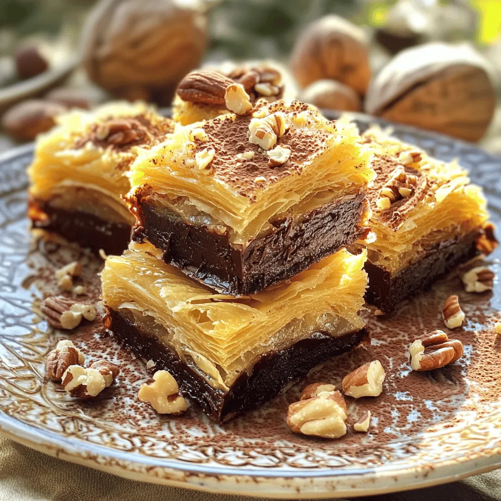 - 200g kataifi pastry - 100g unsalted butter, melted - 200g dark chocolate, finely chopped - 150g sweetened condensed milk - 50g chopped nuts (walnuts or pistachios) - 1 teaspoon pure vanilla extract - A pinch of sea salt - 1 tablespoon granulated sugar (optional) You can change nuts easily. Use almonds or hazelnuts if you prefer. For a vegan version, swap the butter with coconut oil and use dairy-free chocolate. These changes keep the bars tasty and fun. Using high-quality chocolate is key. It makes the filling rich and smooth. Look for chocolate with at least 70% cocoa for the best flavor. The kataifi pastry also matters. Choose fresh kataifi for a great texture. It should be soft and easy to work with. This makes your Chocolate Kataifi Bars even more delightful. 1. Preheat the Oven: First, preheat your oven to 180°C (350°F). This ensures even cooking. 2. Prepare the Baking Pan: Line an 8x8 inch (20x20 cm) square baking pan with parchment paper. Leave some paper hanging over the sides. This makes it easy to lift out later. 3. Shred Kataifi Pastry: In a bowl, take the kataifi pastry. Carefully shred it into fine strands. This helps it bake evenly. 4. Mix with Butter: Drizzle the melted butter over the shredded kataifi. Toss it well to coat all the strands. This adds flavor and keeps them crispy. 1. Initial Baking: Spread half of the buttered kataifi mixture in the pan. Press it down firmly with a spatula or your hands. Bake in the preheated oven for about 15 minutes. It should turn a lovely golden brown. 2. Create the Chocolate Filling: While the kataifi bakes, prepare the chocolate filling. In a saucepan over low heat, combine finely chopped dark chocolate, sweetened condensed milk, vanilla extract, and a pinch of sea salt. Stir until smooth and glossy. Remove from heat and fold in the chopped nuts. 1. Pour the Chocolate Mixture: After the kataifi base bakes, carefully pour the chocolate filling over it. Spread it evenly with a spatula. 2. Top with Remaining Kataifi: Take the rest of the kataifi and spread it over the chocolate layer. Press this down gently to make it compact. If you want more sweetness, sprinkle some granulated sugar on top. 3. Final Baking Steps: Return the pan to the oven. Bake for another 20-25 minutes. The top should be golden and crispy. 4. Cooling Instructions: Once baked, let the bars cool in the pan for 30 minutes. Use the parchment overhang to lift the dessert out of the pan. Transfer it to a cutting board and cut into squares or rectangles. For more details, check the Full Recipe. To achieve a crispy top layer, focus on the baking time. Bake until golden brown, about 20-25 minutes. Keep an eye on it. You want that crunchy texture. For even baking, ensure your kataifi is spread evenly in the pan. Press it down well to form a solid base. This helps the heat circulate better, giving you the perfect bake. Presentation matters! Serve your kataifi bars on a nice plate. Dust them with cocoa powder or powdered sugar for that fancy touch. Adding whole nuts on top makes them look even better. Pair these bars with a glass of milk or a cup of coffee. They also go well with a sweet dessert wine. Enjoy them with a side of fresh fruit for a fresh taste. If your kataifi layer is soggy, check your baking time. It should be golden brown before adding the chocolate. You can also try baking it a bit longer next time. To ensure your chocolate mixture is smooth, melt the chocolate on low heat. Stir constantly until it is well combined. If it gets too thick, add a little more sweetened condensed milk to loosen it. {{image_4}} You can change the taste of your Chocolate Kataifi Bars easily. Adding spices like cinnamon or cardamom can bring warmth. A few drops of almond or orange extract will give a nice twist. You can also mix in fruit. Diced strawberries or bananas can add a fresh touch. If you need a gluten-free version, look for gluten-free kataifi. Some brands offer this option, making it easy to enjoy. For a nut-free treat, just skip the nuts or use seeds. You can also make these bars dairy-free. Use coconut milk instead of sweetened condensed milk. This makes it creamy without dairy. You can make larger or smaller batches based on your needs. If you want mini bars, use a smaller pan. Just adjust the baking time to ensure they cook evenly. For fun shapes, use cookie cutters after baking. This adds a playful twist to your dessert. To keep your Chocolate Kataifi Bars fresh, store them properly. First, let the bars cool completely. Once cooled, cut them into squares. Place them in an airtight container. If you want to refrigerate them, use a glass or plastic container with a tight seal. This helps keep moisture out. You can also wrap the bars in plastic wrap before placing them in the container. For long-term storage, freeze the bars. Use freezer-safe bags or containers. Make sure to label them with the date for easy tracking. Chocolate Kataifi Bars can last for about a week at room temperature. Store them in a cool, dry place. If kept in the fridge, they can last up to two weeks. Signs that the bars have gone bad include a change in smell or texture. If they look dry or have an off smell, it’s best to toss them. Trust your senses to determine if they are still good. To enjoy leftover Chocolate Kataifi Bars, you can reheat them gently. The best method is to use a microwave. Place a bar on a microwave-safe plate. Heat it for about 10-15 seconds. Check to see if it's warm enough. You can also use an oven for reheating. Set it to a low temperature, around 150°C (300°F). Place the bars on a baking sheet for about 5-10 minutes. Avoid high heat, as it can make them soggy. Enjoy them warm for a delightful treat! Kataifi pastry is a thin, shredded dough. It looks like fine noodles. This pastry is crispy, light, and very flaky. It absorbs flavors well. You can find it in Middle Eastern or Mediterranean recipes. When baked, it turns golden and crunchy. It adds a fun texture to desserts and is perfect for our bars. Yes, you can easily make these bars ahead of time. Prepare the bars and let them cool. You can store them in an airtight container. Keep them in the fridge for up to a week. If you want to save them longer, freeze them for up to three months. Just remember to wrap them well. This keeps them fresh and tasty. You can adjust the sweetness easily. If you want them sweeter, add more sugar. You can also use a sweeter chocolate. Dark chocolate is rich, but milk chocolate is sweeter. You can also mix them to get the flavor you like. Taste as you go, and find your perfect level of sweetness! Yes, you can use different types of chocolate. Milk chocolate makes the bars sweeter. White chocolate is also an option, but it lacks the deep flavor of dark chocolate. You can mix chocolates too! This way, you can create a unique taste that suits your preference. You’ve learned how to make delicious chocolate kataifi bars. We covered the key ingredients, like kataifi pastry and quality chocolate. You now know how to customize the recipe with different nuts or vegan options. I shared tips for perfecting your bars and how to store them properly. Remember, using fresh, high-quality ingredients makes a big difference. Enjoy being creative as you try different flavors and shapes. Make this recipe your own and impress your family and friends!
