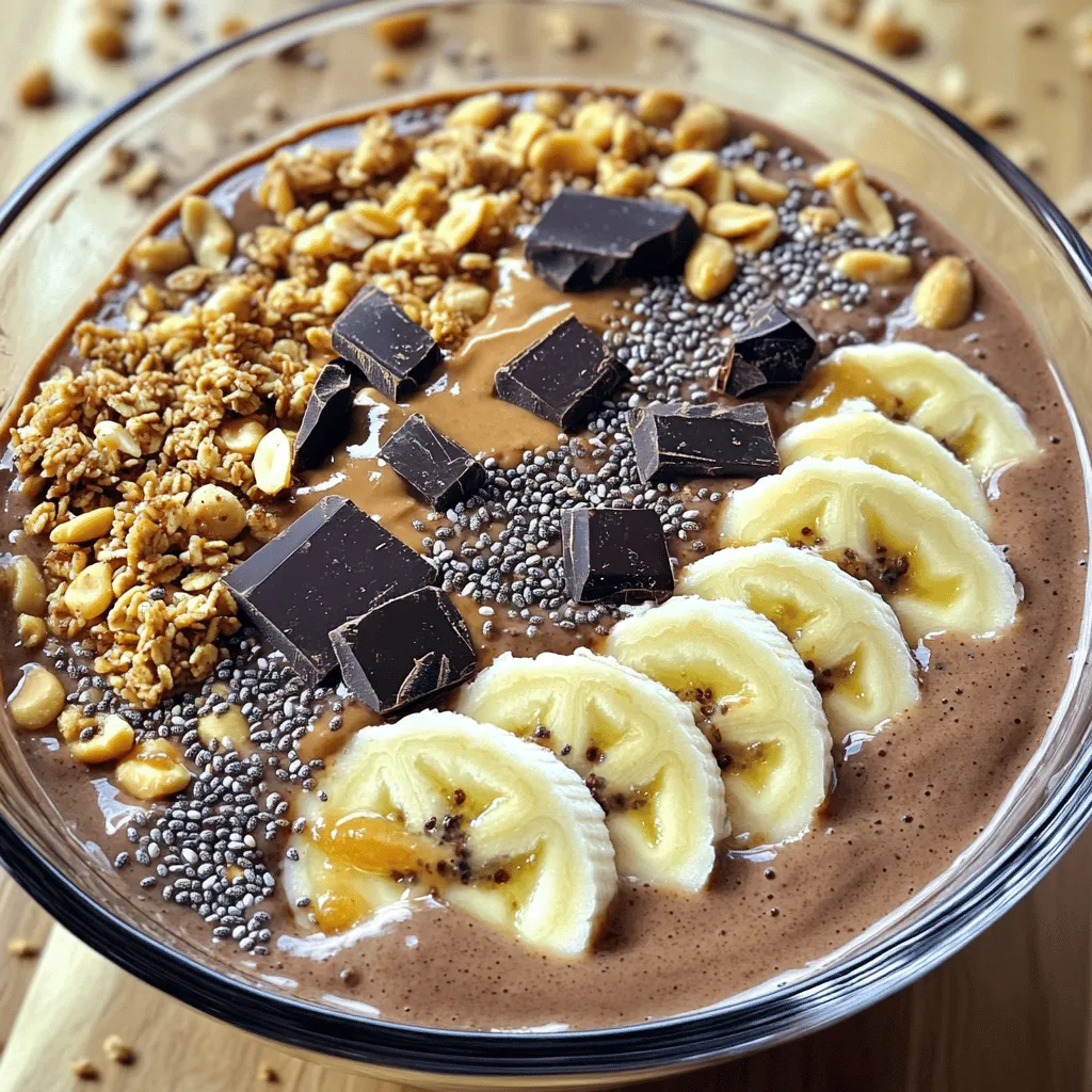 For a tasty Chocolate Peanut Butter Smoothie Bowl, gather these fresh ingredients: - 2 ripe bananas, frozen - 1 cup unsweetened almond milk (or any milk of choice) - 2 tablespoons natural peanut butter - 2 tablespoons unsweetened cocoa powder - 1 tablespoon honey or maple syrup (adjust for sweetness) - 1 teaspoon pure vanilla extract For toppings, consider these options to enhance your bowl: - Sliced bananas - Crunchy granola - Chopped dark chocolate - Chia seeds - Crushed peanuts These ingredients blend to create a rich and creamy base. The frozen bananas act as a natural ice cream. Almond milk adds creaminess without extra calories. Peanut butter gives a protein boost, and cocoa powder adds that rich flavor we love. Sweeten with honey or maple syrup to match your taste. Vanilla extract brings everything together with warmth. As for toppings, they are key! They add texture and visual appeal. I love using sliced bananas for freshness and granola for crunch. Dark chocolate gives a lovely bittersweet note. Chia seeds offer a fun pop, while crushed peanuts add extra nuttiness. This blend of flavors makes each bite exciting! To make your smoothie bowl, start with the base. Add two frozen bananas to your blender. Pour in one cup of unsweetened almond milk. Next, add two tablespoons of natural peanut butter. Then, include two tablespoons of unsweetened cocoa powder. You can also add one tablespoon of honey or maple syrup for sweetness. Finally, pour in one teaspoon of pure vanilla extract. Blend these ingredients on high speed. Stop to scrape the sides of the blender. This helps mix everything well. If your smoothie is too thick, add more almond milk slowly. Blend until the mixture is smooth and creamy. This step is key for a perfect texture. Once blended, carefully pour the smoothie into bowls. Now comes the fun part—toppings! Get creative with your choices. You can add sliced bananas on top. A sprinkle of crunchy granola adds texture. Chopped dark chocolate brings extra sweetness. For a healthy boost, sprinkle chia seeds or crushed peanuts. Arrange the toppings in a fun way. This makes your smoothie bowl look great. Serve it right away with a spoon. Enjoy this delicious and healthy treat! For the full recipe, check out the recipe section. To get the best out of your smoothie bowl, you must freeze your bananas right. Here’s how: - Peel ripe bananas. - Cut them into thick slices. - Place the slices in a single layer on a baking sheet. - Freeze for about two hours. - Store them in a bag once frozen. This method helps keep your smoothie cold and creamy. Next, let’s talk sweetness. You can adjust it to fit your taste. If you like it sweeter, add more honey or maple syrup. Start with one tablespoon and taste as you go. You can always add more, but you can’t take it out! You might prefer a thicker or thinner smoothie bowl. To make a thicker bowl, use less almond milk. Start with half a cup and add more only if needed. This helps create a spoonable treat. If you want a thinner smoothie, simply add more almond milk. Pour it in little by little until you reach your ideal texture. Remember, the right consistency makes your bowl perfect for toppings. Try these tips to elevate your Chocolate Peanut Butter Smoothie Bowl. Enjoy every scoop of your healthy delight! For the full recipe, check the section above. {{image_4}} You can easily change this smoothie bowl to match your tastes. Adding fruits like strawberries or raspberries can brighten the flavor. Just toss in a handful of your favorite berries when blending. They add a fresh twist and a pop of color. Another great idea is to incorporate protein powder or yogurt. A scoop of your favorite protein powder can boost nutrition. If you prefer yogurt, choose a dairy-free option for a creamier base. This way, you make the smoothie filling and tasty. This recipe is great for many diets. If you need a dairy-free option, use almond milk or coconut milk. Both give a rich, creamy taste without dairy. For a vegan version, skip honey and use maple syrup instead. This keeps your bowl sweet and plant-based. If gluten is a concern, this smoothie bowl is safe! All the ingredients are naturally gluten-free. Enjoy this healthy delight without worry. To store leftover smoothie, put it in an airtight container. This helps keep it fresh. Refrigerate it for up to 24 hours. If you want to keep it longer, freeze it. Pour the smoothie into ice cube trays or freezer-safe bags. This lets you use it later in other recipes. When you are ready to enjoy your smoothie again, let it thaw in the fridge. If it seems thick, blend it again with a splash of almond milk. This will bring back its creamy texture. You can also add a bit more peanut butter or cocoa powder to enhance its flavor. The ingredients in your chocolate peanut butter smoothie bowl stay fresh for several days. Frozen bananas will last up to six months in the freezer. Almond milk usually has a shelf life of about 7-10 days once opened. Natural peanut butter can last up to three months in the fridge. Cocoa powder stays fresh for a year if kept in a cool, dark place. Once you blend your smoothie, it will last up to 24 hours in the fridge. After that, the flavors may change, and it may not taste as great. Enjoy your smoothie bowl fresh for the best taste and texture. For a full recipe, check the details above. Can I use fresh bananas instead of frozen? Yes, you can use fresh bananas. However, frozen bananas make the smoothie thicker and creamier. The coldness also enhances the taste. If you use fresh bananas, add ice to achieve a similar texture. How can I make my smoothie bowl thicker? To make your smoothie bowl thicker, you can add less liquid. Use more frozen bananas or add a bit of yogurt. You can also include oats or chia seeds. These options help create a rich and creamy texture. What toppings work best for a chocolate peanut butter smoothie bowl? Toppings can really elevate your smoothie bowl. I love using sliced bananas, crunchy granola, and dark chocolate pieces. Chia seeds and crushed peanuts also add great texture. Feel free to mix and match your favorites! Nutritional benefits of smoothie bowls Smoothie bowls are packed with nutrients. They offer vitamins from fruits and healthy fats from peanut butter. Plus, they can provide fiber, which aids digestion. This makes them a great option for breakfast or a snack. Key ingredients for a balanced smoothie bowl For a balanced smoothie bowl, focus on these key ingredients: - Fruits: They provide natural sweetness and vitamins. - Protein: Use peanut butter, yogurt, or protein powder. - Healthy fats: Consider adding nuts or seeds. - Fiber: Oats or chia seeds are excellent choices. These elements help create a filling and nutritious meal. Check out the Full Recipe for more details! You learned how to make a delicious chocolate peanut butter smoothie bowl. We covered key ingredients like frozen bananas and almond milk. The step-by-step guide helped you blend and serve your smoothie bowl perfectly. Tips on adjusting sweetness and consistency ensure each bowl meets your taste. You also discovered fun topping ideas and flavor variations. Whether you're storing leftovers or trying new ingredients, these insights will elevate your smoothie bowl game. Enjoy experimenting with this tasty dish, and make it your own!