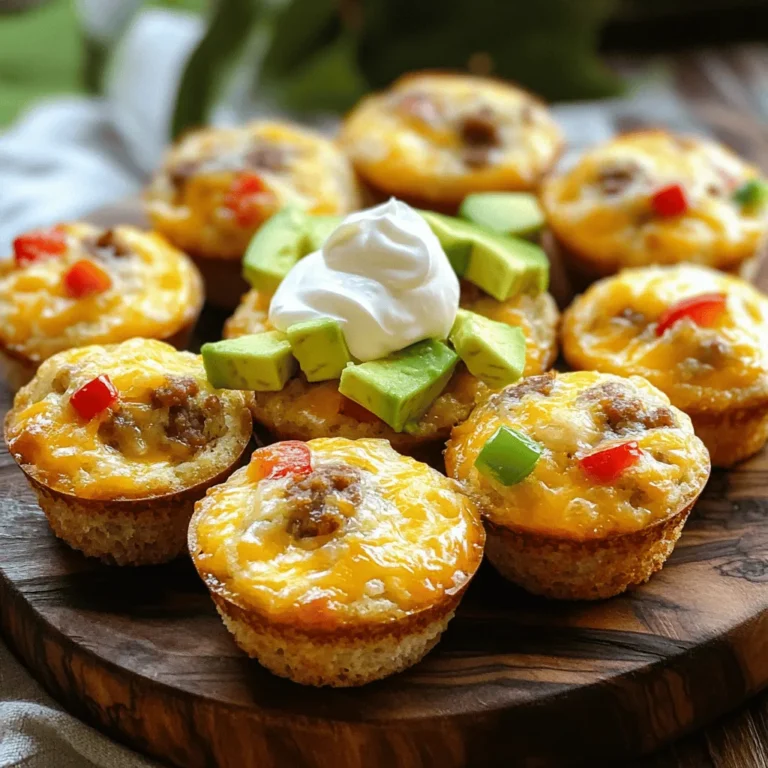 - 2 cups all-purpose flour - 1 tablespoon baking powder - 1/2 teaspoon baking soda - 1 teaspoon salt - 1/2 teaspoon ground black pepper - 1 cup shredded sharp cheddar cheese - 1/2 cup cooked and crumbled breakfast sausage - 1/2 cup diced bell peppers - 1/4 cup finely chopped green onions - 3 large eggs - 1 cup buttermilk - 1/4 cup extra virgin olive oil To make savory breakfast muffins, you need a solid list of ingredients. Each element plays a role in flavor and texture. If you prefer gluten-free muffins, you can swap all-purpose flour for a gluten-free blend. Look for a mix that includes xanthan gum for better structure. For a dairy-free option, you can replace buttermilk with a non-dairy milk. Try almond milk mixed with a splash of vinegar for the same tang. If you need a vegetarian version, skip the sausage. You can add cooked mushrooms, spinach, or even chickpeas for extra protein and flavor. This keeps the muffins hearty without meat. Feel free to check out the [Full Recipe] for more details on how to combine these ingredients into a delicious breakfast treat! First, preheat your oven to 375°F (190°C). Next, prepare your muffin tin. You can grease it with cooking spray or use paper liners. This step helps the muffins come out easily. Mixing dry and wet ingredients separately is essential. It ensures even distribution of the baking powder and soda. This way, your muffins rise perfectly and have a great texture. Start by mixing the dry ingredients. In a large bowl, whisk together 2 cups of all-purpose flour, 1 tablespoon of baking powder, 1/2 teaspoon of baking soda, 1 teaspoon of salt, and 1/2 teaspoon of ground black pepper. This blend sets the foundation for your muffins. In another bowl, combine the wet ingredients. Beat 3 large eggs and add 1 cup of buttermilk and 1/4 cup of extra virgin olive oil. Mix until smooth. Pour this mixture into the dry ingredients. Stir gently using a spatula. Make sure not to overmix. A slightly lumpy batter gives the best muffins. Now, fill your muffin cups. Use a spoon or a cookie scoop to fill each cup about three-quarters full. This helps them rise without overflowing. Place the muffin tin in the oven and bake for 18-20 minutes. Keep an eye on them! They are done when golden brown and a toothpick comes out clean. Let the muffins cool in the pan for about 5 minutes. Then, transfer them to a wire rack to cool completely. For more details, check the Full Recipe. To get the best texture in your savory breakfast muffins, avoid overmixing the batter. When you mix too much, the muffins can turn out tough. Instead, stir just until the ingredients come together. A few lumps in the batter are fine. Using room temperature ingredients also helps. When eggs and buttermilk are at room temperature, they mix better. This can lead to a fluffier muffin. Take them out of the fridge about 30 minutes before you start. Adding spices can really boost flavor in your muffins. I recommend using garlic powder or smoked paprika. Just a pinch can make a big difference! You can also add a dash of cayenne for some heat. To balance the taste with cheese and sausage, choose sharp cheddar cheese. It gives a nice bite that pairs well with the savory sausage. Mixing in bell peppers adds freshness and color. This makes your muffins not just tasty, but also pretty to look at. For the full recipe, check the details above to get started! {{image_4}} You can easily change up the flavors in your savory breakfast muffins. For cheese, try using feta or mozzarella instead of cheddar. Feta adds a tangy kick, while mozzarella brings a milder taste. Both will melt beautifully and enhance your muffins. Adding spinach or other veggies can boost nutrition and flavor. Spinach adds a lovely green color and a soft texture. You can also use zucchini, mushrooms, or even sun-dried tomatoes. Just remember to chop them finely for even cooking. If you want to make vegan savory breakfast muffins, replace eggs with flaxseed meal or applesauce. Use almond milk or soy milk in place of buttermilk. You can also swap out the sausage for mushrooms or cooked lentils. These changes will still give you a delicious muffin. For low-carb muffin options, use almond flour or coconut flour instead of all-purpose flour. This will cut down on carbs while keeping your muffins tasty. You can add more eggs to help bind the ingredients together. These variations keep it healthy without losing flavor. For the full recipe, make sure to check the section above. To keep your savory breakfast muffins fresh, store them in a cool place. Place them in an airtight container. This method helps keep them moist. You can also use a zip-top bag. Make sure to remove as much air as possible before sealing. These muffins stay good for about three days at room temperature. For longer storage, freezing is the best option. Wrap each muffin in plastic wrap. Then, place them in a freezer-safe bag. This way, they won’t stick together. Muffins can last up to three months in the freezer. When you’re ready to eat, just take out a muffin. Let it thaw at room temperature. You can also warm it in the oven at 350°F for about 10 minutes. This will make it taste fresh again. Can I make these muffins ahead of time? Yes, you can prepare these muffins ahead of time. I often bake them the night before. Store them in an airtight container. This keeps them fresh for a few days. What is the best way to reheat the muffins? To reheat, warm them in the oven at 350°F for about 5-7 minutes. This helps restore their texture. You can also use a microwave for quicker reheating, but be careful not to overheat them. How do I customize the muffins to my taste? You can easily customize these muffins. Add your favorite veggies like spinach or zucchini. Try different cheeses, such as feta or mozzarella. You can also swap out the sausage for bacon or even tofu for a vegetarian twist. Caloric content per muffin Each muffin has about 200 calories. This makes them a filling option for breakfast. Highlights of key nutrients in the recipe These muffins provide protein from the eggs and sausage. They also contain calcium from the cheese. The bell peppers add vitamins A and C, making these muffins a nutritious choice. Substituting eggs in the recipe If you need an egg substitute, use 1/4 cup of unsweetened applesauce per egg. This keeps the muffins moist and fluffy. Issues with using self-rising flour Self-rising flour may change the texture of the muffins. It already has baking powder and salt, so adjust the recipe. You might need to reduce the baking powder and salt to avoid an overly salty flavor. This blog covered a tasty recipe for savory breakfast muffins. You learned about the ingredients, tips, and baking instructions. You can try different flavors or dietary options to make them your own. Storing muffins well ensures you enjoy them longer. Experimenting with these ideas can lead to delicious breakfasts. Start baking, and enjoy the fun of making your own muffins!