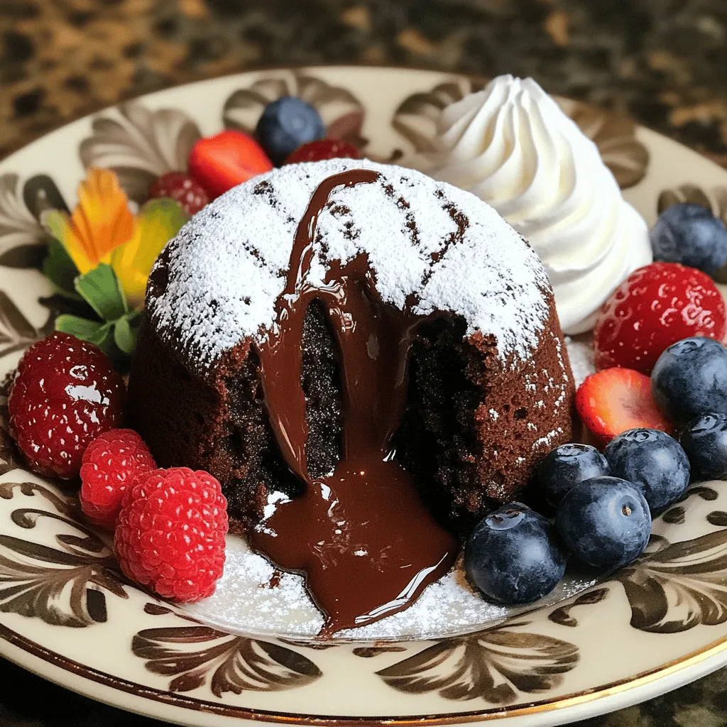 To create a mouthwatering chocolate lava cake, gather these ingredients: - ½ cup unsalted butter (plus extra for greasing) - 1 cup semi-sweet chocolate chips - 2 large eggs - 2 large egg yolks - ½ cup granulated sugar - ¼ cup all-purpose flour - ¼ teaspoon salt - 1 teaspoon vanilla extract - Powdered sugar (for dusting) - Optional: Fresh berries and whipped cream for serving The butter and chocolate play a key role in the molten center. They melt together, creating a rich, gooey filling. The heat of the oven cooks the outer layer, while the inside stays soft and liquid. Eggs are crucial for texture and structure. They help the cake rise and hold its shape. The whites add lift, while the yolks keep it moist. This combination gives the cake its special softness. If you need gluten-free or dairy-free options, you can make simple swaps. Use gluten-free flour instead of all-purpose flour. For a dairy-free version, swap butter with coconut oil and use dairy-free chocolate. Choosing high-quality chocolate is vital. Look for chocolate with at least 60% cocoa solids for rich flavor. Higher quality chocolate makes a noticeable difference in taste. Start by greasing your ramekins with unsalted butter. Use a paper towel to spread it evenly. This step helps the cakes slide out easily after baking. After greasing, dust a little flour inside each ramekin. Shake out the excess flour. This extra step prevents sticking and ensures a clean release. Next, preheat your oven to 425°F (220°C). Preheating is very important. It helps the cakes bake evenly. If your oven is not hot enough, the cakes may not rise correctly. For the batter, melt the butter and semi-sweet chocolate chips together. Place them in a microwave-safe bowl. Heat this mixture in the microwave for 30 seconds at a time. Stir well after each interval. This method helps avoid burning. Once melted, let it cool for a few minutes. While the chocolate cools, whisk the eggs, egg yolks, and granulated sugar in a mixing bowl. Use a hand whisk or electric mixer. Whisk for 2-3 minutes. You want the mixture to turn pale and frothy. This step adds air and helps your cakes rise. Now, pour the cooled chocolate into the egg mixture. Stir gently until combined. Next, fold in the flour, salt, and vanilla extract. Mix just until combined. Avoid overmixing to keep the texture light. Now it’s time to bake! Spoon the batter into the prepared ramekins. Fill each one about three-quarters full. This gives them room to rise without spilling over. Place the ramekins on a baking sheet for easy handling. Bake in your preheated oven for 12-14 minutes. The edges should be firm, while the center remains soft. To check for doneness, look for a slight jiggle in the center. Once baked, take them out and let them sit for 1 minute. To loosen the cakes, run a butter knife around the edges. Then, invert each ramekin onto a plate. Tap gently to release the cakes. Your chocolate lava cakes are now ready to enjoy! For the full recipe, check the earlier section. To get that perfect gooey center, follow these simple tips. First, avoid overbaking your cakes. Bake them for 12 to 14 minutes. The edges should be firm, and the center must jiggle slightly. If you bake too long, the center will cook through. Timing is key. Set a timer and check your cakes a minute or two before the end. This way, you can catch them at just the right moment. Remember, every oven is different, so adjust as needed. Making your lava cakes look great is easy and fun. After you bake and invert them, dust the tops with powdered sugar. This gives a lovely finish. You can also add fresh berries on the side for color. Try serving with a dollop of whipped cream. It adds a creamy touch. For an extra special treat, drizzle chocolate sauce around the plate. This makes your dessert look even more inviting. Sometimes, things don’t go as planned. If your cakes are overbaked, they won't have the gooey center. If they are underbaked, they may collapse. For overbaked cakes, consider serving them with ice cream to add moisture. For underbaked cakes, you can pop them back in the oven for a minute. If you spill batter when filling ramekins, don’t worry! Just wipe the edges with a paper towel before baking. This helps them look neat when served. For the full recipe, check the earlier section. Happy baking! {{image_4}} You can play with chocolate types in your lava cake. Use dark chocolate for a rich taste. White chocolate gives a creamy twist. You might also try flavored chocolates like raspberry or orange. To add depth, mix in spices like cinnamon or a dash of espresso. Vanilla extract enhances sweetness, while peppermint extract adds a festive touch. Vegan options are easy with a few swaps. Use applesauce or a flaxseed mix instead of eggs. For keto diets, substitute regular sugar with a keto-friendly sweetener. Almond flour works well in place of all-purpose flour, but check for nut allergies. Always read labels when choosing ingredients to keep everyone safe. Mini lava cakes are fun and cute. Use muffin tins for smaller portions. They bake faster, so keep an eye on them! You can also serve lava cakes as sundaes. Top with ice cream, chocolate sauce, and fresh fruit for a tasty treat. For a fancy touch, add whipped cream and sprinkle with nuts or sprigs of mint. Store leftover lava cakes in an airtight container. This keeps them fresh. For short-term storage, put them in the fridge. They last about two days. For long-term storage, wrap them tightly and freeze. To reheat, use the oven. Set it to 350°F (175°C) and heat for about 10 minutes. This method warms them without overcooking. You can freeze both unbaked and baked lava cakes. For unbaked cakes, fill the ramekins and cover them tightly with plastic wrap. Freeze until solid. For baked cakes, let them cool completely before wrapping. To defrost, move them to the fridge overnight. Then, bake frozen unbaked cakes directly from the freezer. Bake them for an extra minute or two to ensure the center is molten. In the fridge, lava cakes stay fresh for about two days. If they smell off or have a dry texture, they may be spoiled. Look for any signs of mold or odd colors. If you see any of these, it’s best to toss them. Enjoy the deliciousness while it lasts! For the full recipe, refer to the beginning of the article. To prevent sticking, start by generously greasing each ramekin with unsalted butter. Use a pastry brush or paper towel to cover every surface. This gives your cake a smooth release. Next, dust the greased ramekins with flour. Tilt each ramekin to coat the sides evenly, then tap out the excess flour. This method creates a non-stick barrier, ensuring your lava cake comes out perfectly every time. Serve chocolate lava cake warm for the best experience. The center should be gooey and rich, while the outer layer is firm. The perfect serving temperature is around 120°F (49°C). This warmth enhances the chocolate flavor. You can use a food thermometer to check. If you don't have one, let the cakes cool for about one minute after baking, then serve right away. Yes, you can prepare the batter ahead of time. Make the batter and store it in the fridge for up to 24 hours. When ready to bake, just pour the chilled batter into the greased ramekins. You may need to add an extra minute or two to the baking time if the batter is cold. This method saves time and lets you enjoy a fresh dessert with minimal effort. For the full recipe, check the recipe section. In summary, we explored the key ingredients and steps to create delicious lava cakes. You learned about the roles of butter, chocolate, and eggs, along with alternatives for dietary needs. We broke down the process for prepping ramekins and baking times to ensure a perfect molten center. Plus, we shared tips for storage and creative serving ideas. Remember, practice makes perfect, and experimenting can lead to exciting variations. Enjoy your baking journey!
