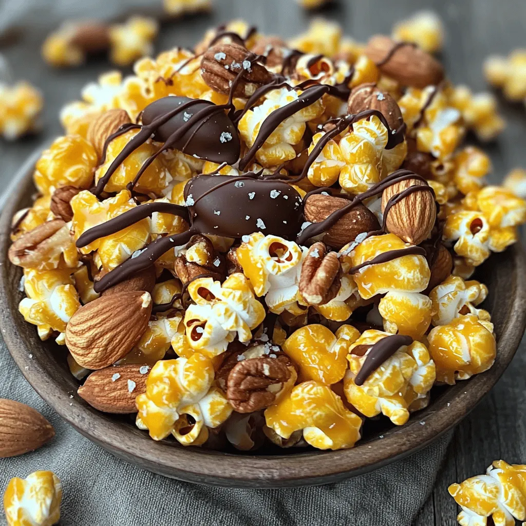- 10 cups of popped popcorn - 1 cup unsalted butter - 2 cups packed brown sugar - 1/2 cup light corn syrup - 1 teaspoon pure vanilla extract - 1/2 teaspoon baking soda - 1/2 teaspoon sea salt - 1 cup assorted mixed nuts - 1 cup chocolate chips You can swap some ingredients if needed. Here are a few ideas: - Caramel Sauce: Instead of making caramel from scratch, you can use store-bought caramel sauce. It's fast and easy. - Nuts: Feel free to use different nuts like walnuts or peanuts. Just pick what you love! - Dietary Options: To make this snack gluten-free, choose gluten-free popcorn. For a vegan option, use coconut oil instead of butter. You can also find dairy-free chocolate chips. These choices make Moose Munch Caramel Popcorn fun and easy for everyone. You can enjoy this treat your way! If you want the full recipe, you can find it above. 1. Start by preheating your oven to 250°F (120°C). 2. Line a large baking sheet with parchment paper. This helps with easy cleanup. 3. Pop 10 cups of popcorn according to package directions. 4. After popping, carefully remove any unpopped kernels. Place the popcorn in a large bowl. 1. In a medium saucepan, melt 1 cup of unsalted butter over medium heat. 2. Stir in 2 cups of packed brown sugar and 1/2 cup of light corn syrup. 3. Bring the mixture to a gentle boil. Stir constantly to avoid burning. 4. Once it boils, let it cook without stirring for 4-5 minutes. 5. Carefully take the saucepan off the heat. Add 1 teaspoon of pure vanilla extract, 1/2 teaspoon of baking soda, and 1/2 teaspoon of sea salt. 6. Watch out! The mixture will bubble up. This is normal and part of the fun! 1. Pour the hot caramel sauce over the popcorn in the bowl. 2. Use a spatula or wooden spoon to mix well. Make sure every piece is coated. 3. Add 1 cup of assorted mixed nuts to the bowl. Fold them in gently. 1. Spread the caramel-coated popcorn evenly on the prepared baking sheet. 2. Place the sheet in the preheated oven. Bake for about 1 hour. 3. Stir the mixture every 15 minutes. This keeps it from burning and helps coat all the popcorn. 1. While the popcorn cools, melt 1 cup of chocolate chips in a microwave-safe bowl. 2. Heat the chocolate in 30-second intervals. Stir in between until it's smooth. 3. Drizzle the melted chocolate over the cooled popcorn mixture. 4. Let the chocolate set for about 30 minutes. 5. Break the popcorn into fun clusters to enjoy! For the full recipe, check out the detailed steps. To coat your popcorn evenly with caramel, work quickly. Pour the hot caramel sauce over the popcorn and mix right away. Use a large spatula to fold the popcorn gently. This helps spread the caramel without crushing the popcorn. To avoid burning and ensure crunchiness, keep an eye on your baking time. Stir the popcorn every 15 minutes while it bakes. This prevents any pieces from getting too dark. The goal is a nice golden color, not burnt. For serving, think outside the box! You can use fun themed containers for parties. Colorful bags look great as gifts too. Fill them with Moose Munch and tie them with a ribbon. This adds a personal touch that friends will love. Make sure your caramel is the right consistency. If it’s too thin, it won’t coat well. If too thick, it won’t stick. A soft ball stage is ideal. Watch your baking time closely. Over-baking can lead to hard popcorn, while under-baking means it won’t be crunchy. Striking the right balance is key to perfect Moose Munch! {{image_4}} You can easily change the taste of Moose Munch Caramel Popcorn. One fun way is to add spices. A dash of cinnamon gives it warmth. Nutmeg adds a nice twist too. You can also throw in dried fruits. Cranberries add a tartness, while raisins give a sweet touch. These simple additions elevate the flavor and make each bite unique. Chocolate can take your Moose Munch to the next level. You can choose between milk, dark, or white chocolate. Each type brings a different taste. If you want a richer flavor, go for dark chocolate. If you prefer something sweeter, milk chocolate is your best bet. You can also add chocolate chunks or drizzles on top. This adds a fun texture and makes it look amazing. Nuts add crunch and nutrition to your popcorn. You can use walnuts, peanuts, or even cashews. Each nut gives a different flavor. If you want a nut-free option, you can skip them entirely. Your Moose Munch will still taste great without them. Just remember to add more popcorn or chocolate to fill the mix! To keep your Moose Munch caramel popcorn fresh, store it in an airtight container. This step helps lock in flavors and prevents moisture from ruining the crunch. If you use a glass jar with a tight lid or a sealable plastic bag, it works well. How long does it last? If stored properly, Moose Munch can last up to two weeks. After that, it may start to lose its crispness. If your popcorn becomes stale, don’t fret! You can refresh it easily. Spread the popcorn on a baking sheet and pop it in a preheated oven at 250°F (120°C) for about 10 minutes. This will help restore some crunch. For leftovers, consider mixing it with other snacks or using it as a topping for ice cream. It adds a tasty twist! Moose Munch caramel popcorn makes a great gift or treat to share. You can package it in decorative bags or boxes. Add a fun label or a personal note to make it special. Use it as a thoughtful gift for friends or family on special occasions. Everyone loves a sweet, crunchy snack! Moose Munch Caramel Popcorn is a sweet and crunchy snack. It blends popcorn, caramel, and nuts. The flavor is rich, buttery, and slightly salty. You get a delightful mix of textures with every bite. The caramel coats the popcorn, making it sticky and fun to eat. Each handful brings joy, perfect for sharing or enjoying alone. Yes, you can easily customize Moose Munch Caramel Popcorn. You might add your favorite nuts like peanuts or walnuts. For a fruity twist, consider dried cranberries or cherries. If you love spice, sprinkle cinnamon or nutmeg into the caramel. You can even swap chocolate types. Dark chocolate gives a bold taste, while milk chocolate adds creaminess. You can find Moose Munch Caramel Popcorn at many local stores. Check specialty food shops and major grocery chains. Online, retailers like Amazon often carry it. If you like making it at home, try following the full recipe. This way, you can enjoy it fresh and customize it to your taste. To make Moose Munch Caramel Popcorn, start by popping about 10 cups of popcorn. Melt 1 cup of butter in a saucepan. Add 2 cups of brown sugar and 1/2 cup of corn syrup. Stir and let it boil for 4-5 minutes. Then, mix in vanilla, baking soda, and sea salt. Pour the caramel over the popcorn, stirring gently. Add in 1 cup of mixed nuts for crunch. Bake at 250°F for 1 hour, stirring every 15 minutes. Finally, drizzle melted chocolate on top. Enjoy this sweet treat! In this post, we explored how to make Moose Munch Caramel Popcorn. You learned about essential ingredients, step-by-step instructions, and useful tips to make it perfect every time. Remember, customizing flavors can make this treat even more special. Whether you share it as a gift or enjoy it yourself, it’s sure to please. Keep experimenting with different nuts and chocolate to find your favorite mix. Moose Munch offers a fun and delicious experience that you can enjoy anytime!