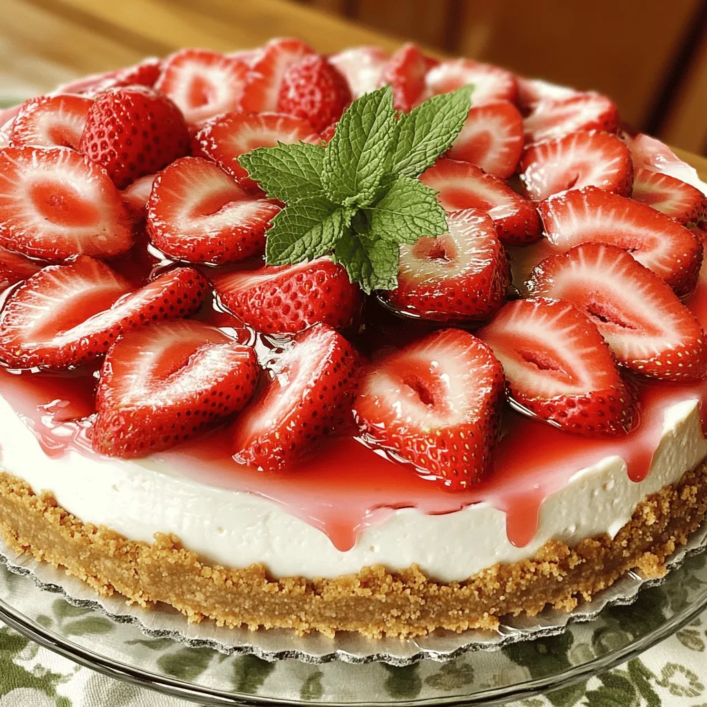 - 1 ½ cups graham cracker crumbs - ½ cup unsalted butter, melted - 2 tablespoons granulated sugar - 16 oz cream cheese, softened at room temperature - 1 cup powdered sugar - 2 teaspoons pure vanilla extract - 3 large eggs, at room temperature - 1 cup sour cream - 1 tablespoon fresh lemon juice - 2 cups fresh strawberries, hulled and sliced - 1 tablespoon granulated sugar - 1 tablespoon fresh lemon juice When making strawberry cheesecake, the right ingredients matter. The crust brings a nice crunch. The filling is rich and creamy. The topping adds fresh flavor. For the crust, I use graham cracker crumbs. They give a sweet and slightly nutty base. The melted butter binds the crumbs. Sugar adds a touch of sweetness. The filling uses cream cheese, which gives it that classic cheesecake taste. I add powdered sugar for sweetness and vanilla for flavor. Eggs help set the filling. Sour cream makes it smooth and rich. A splash of lemon juice brightens the taste. For the topping, I use fresh strawberries. They add color and taste. Sugar and lemon juice help create a syrupy mixture. This makes the strawberries even more delicious. You can find the full recipe for this delightful treat to guide you through the cooking process. - Preheat the oven to 325°F (160°C). - In a bowl, mix graham cracker crumbs, melted butter, and sugar. - Press the mixture into a 9-inch springform pan and bake for 10 minutes. - Beat softened cream cheese in a large bowl until smooth. - Gradually add powdered sugar and mix well until combined. - Carefully incorporate eggs, vanilla extract, sour cream, and lemon juice one at a time. - Pour the filling over the cooled crust and smooth the top. - Bake for 55-60 minutes, leaving the door ajar for cooling. - Refrigerate for at least 4 hours before serving. For the full recipe, check the details above. To make a great cheesecake, start with room temperature ingredients. This helps create a smooth batter. When you mix, don’t overdo it. Overmixing adds air bubbles that can ruin the texture. A beautiful cheesecake deserves a lovely look. Top it with fresh mint leaves for a pop of color. You can also drizzle extra strawberry syrup on top. This adds a nice shine and makes it look even tastier. One common mistake is not letting the cheesecake cool enough. If it's too warm, it won’t set right. Another mistake is skipping the chilling time. Chilling is key for the best texture. Follow these tips for a perfect Strawberry Bliss Cheesecake! {{image_4}} You can add melted chocolate to the filling for a fun twist. Start with your regular cheesecake base. Melt about 4 ounces of dark chocolate and mix it in after you beat the cream cheese. This will give you a rich, chocolatey flavor that pairs well with strawberries. You can also top it with chocolate shavings or a drizzle of chocolate sauce for extra flair. If you want a lighter treat, try a no-bake version. Simply skip the baking step altogether. For the filling, mix cream cheese, powdered sugar, and vanilla until smooth. Then fold in whipped cream instead of eggs and sour cream. Pour this mixture over the crust and chill it for at least 4 hours before serving. It is easy and delicious! To make a vegan version, swap cream cheese for a plant-based alternative. Use coconut cream or soaked cashews blended until smooth. Instead of eggs, add a bit of cornstarch mixed with water for binding. Use maple syrup instead of powdered sugar for sweetness. Follow the same steps for the crust and topping. This way, everyone can enjoy a slice! For all these variations, you can still refer to the Full Recipe for the base cheesecake instructions. To keep your cheesecake fresh, store it in an airtight container in the refrigerator. This helps maintain its creamy texture and taste. Be sure to cover the cheesecake well, as it can absorb odors from other foods. When stored this way, it stays good for about a week. If you want to save some for later, you can freeze slices. Wrap each slice tightly in plastic wrap. It’s best to use a freezer-safe container after wrapping. This way, it stays fresh for up to two months. When you’re ready to enjoy, just remember to thaw it overnight in the refrigerator. When it’s time to serve, take the cheesecake out of the fridge. For the best taste, let it come to room temperature. If you froze it, thaw it overnight in the refrigerator. This will help keep the texture smooth and delicious. Enjoy your slice of strawberry cheesecake at its best! Typically lasts for up to one week when stored properly. I recommend using an airtight container. This keeps the cheesecake fresh and tasty. Always check for any changes in smell or texture before eating. Yes, but fresh strawberries will provide better texture and flavor. Frozen berries can become mushy when thawed. Fresh strawberries look vibrant and add a nice crunch. If you use frozen, let them thaw and drain excess juice. Overbaking and rapid temperature changes can cause cracks. To avoid this, bake at a lower temperature. Also, let the cheesecake cool slowly in the oven. This helps maintain its smooth surface. Yes, options include Oreo or shortbread crusts for variety. Each crust offers a unique flavor. An Oreo crust adds a rich chocolate taste, while shortbread is buttery and sweet. Feel free to experiment! Use gluten-free graham cracker crumbs or almond flour as a substitute. Both options work well and keep the texture nice. Check the labels to ensure they are certified gluten-free to avoid cross-contamination. This blog post breaks down how to make a delicious strawberry cheesecake. We covered the main ingredients for the crust, filling, and topping. I shared step-by-step instructions to guide you through the process. With tips to avoid common mistakes and ideas for variations, you can easily customize your cheesecake. Always remember to let your cheesecake cool properly and chill before serving. Enjoy making this treat that everyone will love!