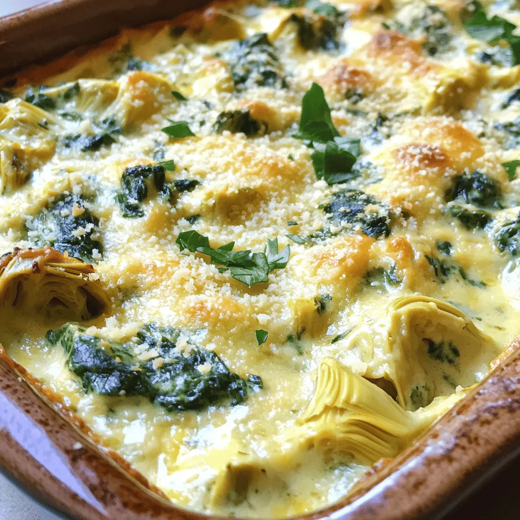 Here are the ingredients you need for a tasty creamy spinach artichoke dip: - 1 cup fresh spinach, finely chopped - 1 cup artichoke hearts, drained and coarsely chopped - 1/2 cup cream cheese, softened to room temperature - 1/2 cup sour cream - 1/2 cup mayonnaise - 1 cup shredded mozzarella cheese - 1/2 cup grated parmesan cheese - 2 cloves garlic, minced - 1 teaspoon garlic powder - 1 teaspoon onion powder - Salt and freshly ground black pepper to taste - 1/2 teaspoon crushed red pepper flakes (optional, for a kick) - Fresh herbs (such as chopped parsley or basil) for a vibrant garnish You can swap some ingredients to fit your taste or diet: - Use Greek yogurt instead of sour cream for a lighter option. - Swap cream cheese for a dairy-free cream cheese if needed. - Try vegan mayonnaise for a plant-based dip. - Substitute spinach with kale for a different green flavor. - Add cooked chicken for a heartier dip. Fresh ingredients make a big difference in flavor. Here are tips to keep them fresh: - Buy spinach that is bright green and crisp. Avoid yellow or wilted leaves. - Choose artichoke hearts packed in water or oil for better taste. - Look for cream cheese that is smooth, with no lumps. - Use freshly minced garlic for a stronger flavor. - Always check expiration dates on dairy products to ensure freshness. This creamy spinach artichoke dip is a crowd-pleaser. You can find the full recipe for it [here](#). Enjoy making this dish! To make creamy spinach artichoke dip, start by gathering your ingredients. You need fresh spinach, artichoke hearts, cream cheese, sour cream, and mozzarella cheese. Make sure your cream cheese is soft. This helps it mix well. A hand mixer or a sturdy spoon will work fine to blend everything. 1. Preheat your oven to 350°F (175°C). 2. In a bowl, mix cream cheese, sour cream, and mayonnaise until smooth. 3. Add spinach, artichokes, garlic, mozzarella, and parmesan. Don’t forget the garlic and onion powders! 4. Season with salt and pepper to taste. If you like heat, add crushed red pepper flakes. 5. Fold everything gently to keep it creamy. 6. Transfer the mix to a greased baking dish, spreading it evenly. Baking the dip at the right temperature is key. Set your oven to 350°F (175°C). This heat allows the dip to bubble and blend flavors without burning. - Bake for 25-30 minutes. This gives the cheeses time to melt and the top to turn golden brown. - If you want a crispier top, broil it for the last few minutes. Watch it closely to avoid burning. To check if your dip is ready, look for a bubbly surface and a light golden color. You can use a fork to poke the dip in the center. If it feels hot and soft, it's done! Let it cool for about 5 minutes. This way, it will be easier to scoop. For a lovely touch, sprinkle fresh herbs on top before serving. Enjoy this creamy spinach artichoke dip warm with tortilla chips or veggie sticks for the best experience! For the full recipe, see above. To boost flavor, add a squeeze of lemon juice. This brightens the dip and adds freshness. You can also mix in a pinch of smoked paprika for a nice smoky note. If you love garlic, increase the minced garlic to three cloves. For a cheesy kick, try adding a bit of feta cheese. It adds a nice tangy flavor that pairs well with spinach and artichokes. One mistake is overmixing the dip. This can make it too dense. Mix just until combined for a creamy texture. Another pitfall is using canned artichokes without draining them well. Excess liquid can make your dip watery. Always drain and chop artichokes carefully. Lastly, don’t skip the fresh herbs. They add color and flavor that elevate your dish. Serve the dip warm for the best taste. Pair it with crispy tortilla chips or toasted baguette slices. Fresh veggie sticks like carrots and celery also work well. For a fun twist, try using pita chips. You can make a platter with assorted dippers for a lovely presentation. For a unique touch, serve it in small ramekins with a sprinkle of fresh herbs on top. Enjoy this creamy spinach artichoke dip with friends and family! For the full recipe, check out the section above. {{image_4}} You can easily tweak this recipe for different diets. If you're vegan, swap cream cheese for cashew cream. Use a plant-based sour cream and mayonnaise too. For a gluten-free option, make sure your ingredients are labeled gluten-free. You can still enjoy the rich taste without the gluten! Want a kick? Add jalapeños to your dip! Chop 1-2 fresh jalapeños and mix them in with the other ingredients. This gives the dip a nice heat. For extra spice, add crushed red pepper flakes. The heat balances well with the creamy flavors. For a refreshing twist, try a cold version. Use the same ingredients but skip the baking. Mix everything in a bowl and chill for at least one hour. This is great for summer parties. Serve it with fresh veggies or pita chips for a light snack. You can find more ideas in the Full Recipe. After enjoying your creamy spinach artichoke dip, store leftovers in an airtight container. Make sure to let the dip cool first. This helps keep its texture and flavor. Place it in the fridge, where it will last for up to three days. When you’re ready to eat, just take it out and enjoy. If you want to save some dip for later, freezing is a great option. Transfer the cooled dip into a freezer-safe container. Leave some space at the top, as the dip may expand when frozen. It can stay fresh in the freezer for up to two months. Just remember to label the container with the date. To reheat your creamy spinach artichoke dip, remove it from the fridge or freezer. If frozen, let it thaw in the fridge overnight. For reheating, use an oven or microwave. If using an oven, preheat it to 350°F (175°C) and heat the dip in a baking dish for about 15-20 minutes. Stir it halfway through to keep it creamy. If using a microwave, heat in short bursts, stirring in between, until hot. Avoid overheating, as it can make the dip grainy. Enjoy your dip warm and delicious! Yes, you can make this dip ahead of time. Prepare the dip as directed and place it in a baking dish. Cover it with plastic wrap and keep it in the fridge. You can store it like this for up to two days. When you’re ready to bake, simply remove the wrap and pop it in the oven. Baking time may need a little adjustment if it’s cold from the fridge. If you need an alternative to sour cream, try Greek yogurt. It gives a similar tang and creaminess. You can also use cottage cheese or even a non-dairy yogurt for a vegan option. These substitutes maintain the dip's rich flavor and texture. Each option adds its unique twist, so feel free to explore! Serve this dip warm right from the oven for the best taste. Pair it with crispy tortilla chips, fresh veggie sticks, or toasted bread slices. You could also use pita chips for a fun crunch. Arrange your dippers on a platter for a beautiful spread. This makes your snack time feel special! For more recipes like this, check out the Full Recipe. In this blog post, we covered all aspects of making a great spinach artichoke dip. You learned about key ingredients, tips for fresh tastes, and step-by-step baking methods. I shared common mistakes to avoid and pro tips for flavors. You also found variations for dietary needs and storage tips for leftovers. Remember, this dip is not just a dish; it’s a crowd-pleaser. With these tips, you can create a dip that everyone will love. Enjoy your cooking and share your delicious results!