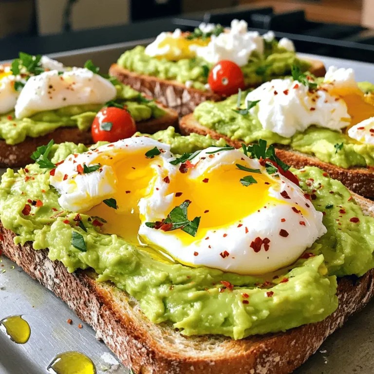 - 2 slices of whole grain bread - 1 ripe avocado - 2 large eggs - Halved cherry tomatoes - Crumbled feta cheese - Thinly sliced radishes - 1 tablespoon fresh lemon juice - Salt and black pepper, to taste - 1/4 teaspoon red pepper flakes (optional) - Fresh herbs, like cilantro or chives, chopped for garnish To make the best avocado toast with poached egg, you need fresh ingredients. Whole grain bread adds a nice crunch. A ripe avocado gives that creamy texture we love. Large eggs are perfect for poaching. Feel free to get creative with optional toppings. Halved cherry tomatoes add sweetness. Crumbled feta cheese gives a salty kick. Thinly sliced radishes add a nice crunch and color. Don’t forget the seasonings! Fresh lemon juice wakes up the flavors. Salt and black pepper bring everything together. A pinch of red pepper flakes adds heat for those who like it spicy. Fresh herbs brighten the dish and make it look pretty. For a complete guide with step-by-step instructions, check the Full Recipe. Now, let’s get cooking! To achieve the perfect crispness, toast your whole grain bread until it turns golden brown. You can use a toaster or a skillet. - Toaster Method: Simply place the bread in the toaster and set it to your desired level of crispness. - Skillet Method: Heat a non-stick skillet over medium heat. Add the bread slices and cook until they are golden and crispy, about 2-3 minutes per side. To prepare the poaching water, fill a medium saucepan with water and add a splash of vinegar. The vinegar helps the eggs hold their shape. Heat the water until it reaches a gentle simmer, where small bubbles form at the bottom. - Timing for runny yolks: Poach the eggs for about 3-4 minutes. - For firmer yolks: Let them cook for about 5-6 minutes. To spread the avocado properly, mash it in a bowl with a fork. Add lemon juice, salt, and pepper for flavor. - Layering flavors: Evenly spread the avocado on each slice of toast. Then, gently place a poached egg on top of the avocado. Be careful not to break the yolk. Finish by sprinkling red pepper flakes for heat and drizzling extra virgin olive oil for richness. You can also add optional toppings like cherry tomatoes or feta cheese for extra flavor. Enjoy your delicious creation! To make the best poached eggs, avoid these common mistakes: - Using old eggs: Fresh eggs hold their shape well. - Boiling water too hard: A gentle simmer is key to keep the eggs intact. For egg freshness, check the sell-by date. To test if eggs are fresh, place them in water. Fresh eggs sink, while old eggs float. Use this simple method before poaching. Spice up your avocado toast with these creative seasoning ideas: - Garlic powder: A pinch adds depth. - Smoked paprika: Adds a warm, smoky flavor. Mix in additional ingredients for variety: - Crumbled feta: Adds creaminess and tang. - Sliced radishes: Brings a crunch and peppery bite. To plate your dish beautifully: - Layer the toast: Spread avocado evenly for a smooth base. - Place the egg on top: Center it for a nice look. For a restaurant-style finish, garnish with fresh herbs like cilantro or chives. Drizzle olive oil for shine. Add a few toppings for color and interest. Enjoy your masterpiece! For the Full Recipe, check out the details above. {{image_4}} You can choose many types of bread for your avocado toast. Each adds a unique flavor and texture. - Gluten-free options: Use gluten-free bread if you need to avoid gluten. Look for brands made with brown rice or almond flour. - Sourdough vs. whole grain: Sourdough has a tangy flavor. Whole grain is hearty and nutty. Both work great with avocado. You can change up the flavors in your avocado toast to keep things exciting. - Mediterranean twist with feta and olives: Add crumbled feta cheese and sliced olives for a salty kick. This gives your toast a fresh, tangy flavor. - Spicy version with jalapeños: Mix in some chopped jalapeños for heat. This adds a nice kick and keeps things interesting. If you want to change the nutrition profile of your dish, try these options. - Vegan version without eggs: Skip the eggs completely. Use sliced radishes or cherry tomatoes for a fresh touch. - High-protein version using egg whites: Use just egg whites if you want more protein with fewer calories. They still provide a nice texture on your toast. For a complete guide to making this dish, check the Full Recipe. To enjoy your avocado toast later, store each component separately. This keeps the flavors fresh. Place the toasted bread in an airtight container. For the avocado, use a bowl with a tight lid. Add lemon juice to help slow browning. For the eggs, keep them in a small container in the fridge. Use them within a day for best taste. To refresh stale toast, pop it back in the toaster. Toasting it again gives it a crisp texture. For poached eggs, reheat them gently in warm water. Avoid boiling, as this can overcook the eggs. Just a few minutes in warm water will do the trick. To keep your avocado fresh, store it with the pit if you only use half. You can also sprinkle lemon or lime juice on cut surfaces. Wrap it tightly in plastic wrap for extra protection. If you're meal prepping, mash the avocado just before serving. This keeps it green and tasty. To make the perfect poached egg, start with fresh eggs. Fresh eggs hold their shape better. Fill a saucepan with water and add a splash of vinegar. The vinegar helps the egg whites stay together. Heat the water until it simmers gently. Crack the egg into a small bowl. Slowly slide it into the simmering water. Cook for about 3-4 minutes for a runny yolk. Use a slotted spoon to lift the egg out. Let it drain on a paper towel. Yes, you can prepare some parts of avocado toast ahead of time. You can mash the avocado and store it in the fridge. Add a little lemon juice to keep it fresh. Toast the bread just before serving for the best texture. Poach the eggs right before you eat. This keeps everything warm and tasty. If you want a vegan option, you can skip the eggs. Try topping your avocado toast with sliced tomatoes, radishes, or even hummus. You can also add chickpeas or a sprinkle of nutritional yeast for extra flavor. These toppings keep it fresh and tasty without using eggs. A ripe avocado feels slightly soft when you gently squeeze it. The skin can be dark green or black, depending on the type. If it’s hard, it needs more time to ripen. Store unripe avocados at room temperature. Once ripe, you can move them to the fridge to slow down ripening. Check them daily to ensure you use them at the right time. Avocado toast is a simple but tasty dish. It starts with whole grain bread, ripe avocados, and poached eggs. Adding toppings like cherry tomatoes or feta can boost flavor. You can choose different breads and even go vegan. Store leftovers properly to keep everything fresh. Remember, the key to great avocado toast is in the details, like perfect poaching and seasoning. With practice, you’ll create a dish that’s not only delicious but also looks great. Now, go create your own perfect avocado toast!