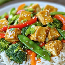 To make a tasty Quick Veggie Stir-Fry with Tofu, you need fresh and colorful ingredients. Each one adds flavor, texture, and nutrients to your meal. Here’s what you should gather: - 1 block (14 oz) firm tofu, drained and cubed - 2 tablespoons soy sauce - 1 tablespoon sesame oil - 2 tablespoons vegetable oil - 1 red bell pepper, thinly sliced - 1 cup broccoli florets - 1 cup snow peas - 1 medium carrot, julienned - 2 cloves garlic, finely minced - 1 teaspoon fresh ginger, grated - 2 green onions, chopped - Sesame seeds for garnish The star of the dish is tofu. It soaks up the sauce and provides great protein. Firm tofu holds its shape well while cooking. The fresh veggies bring color and crunch. Red bell pepper adds sweetness. Broccoli and snow peas give a fresh, crisp bite. Carrots add a nice texture. For a finishing touch, sprinkle sesame seeds and chopped green onions on top. They add a pop of flavor and make your dish look beautiful. If you want, you can also add crushed red pepper for heat. This way, you can adjust the taste to your liking. Check out the Full Recipe for all the details you need to create this delicious dish. To start, you need to press the tofu. Wrap the tofu block in a clean kitchen towel. Place a heavy object on top, like a skillet or a plate. Let it sit for about 15 minutes. This step helps remove excess water. Removing water is key for a great texture when you cook it. Next, unwrap the tofu. Cut it into bite-sized cubes. Make sure they are uniform in size. This helps them cook evenly and brown nicely. Now, let’s get to the fun part: cooking! First, mix the sauce. In a small bowl, combine the soy sauce and sesame oil. Stir it until well mixed and set this aside. Heat a large skillet or wok over medium-high heat. Add the vegetable oil and wait until it shimmers. Carefully add the cubed tofu to the hot skillet. Stir-fry it for about 5-7 minutes. You want the tofu to turn a nice golden brown on all sides. Once it’s done, remove it from the skillet and place it on a plate. In the same skillet, add minced garlic and grated ginger. Sauté for about 30 seconds. Keep stirring so they don’t burn. Next, toss in the sliced red bell pepper, broccoli florets, snow peas, and julienned carrot. Stir-fry these veggies for 3-4 minutes. You want them tender-crisp and bright in color. Return the golden tofu to the skillet. Pour the soy sauce mixture over everything. Gently toss to coat all the ingredients. Continue to stir-fry for another 2 minutes. This allows the flavors to meld and everything to heat through. When it's time to serve, remove the skillet from heat. Sprinkle chopped green onions and sesame seeds over the stir-fry. This adds a pop of color and flavor. For a great meal, serve the veggie stir-fry over fluffy jasmine rice or nutrient-packed quinoa. You can also add extra sesame seeds and green onions as a final touch. This dish is easy and looks beautiful on the plate. Enjoy this tasty and easy meal! For the complete details, check the [Full Recipe]. To boost flavor in your stir-fry, consider adjusting the seasoning. Add a splash of lime juice for brightness. A pinch of sugar can balance the saltiness of soy sauce. For heat, try adding red pepper flakes or sriracha. These spices give your dish a nice kick. Achieving the perfect tofu texture is key. Press the tofu well to remove excess water. This step helps it become crispy. Cook the tofu in a hot skillet to get a golden brown crust. For crisp vegetables, avoid overcooking. Stir-fry them just enough to keep their crunch and bright colors. Prep your ingredients in advance to save time. Chop your veggies and tofu the night before. Store them in airtight containers in the fridge. If you have leftovers, use them in your next meal. Toss them into soups, salads, or wraps for quick lunches. For the full recipe, check out the Quick Veggie Stir-Fry with Tofu. {{image_4}} You can swap tofu for other proteins to change the dish. Chicken works great if you want meat. Simply cut it into bite-sized pieces and cook it in the same way as the tofu. Shrimp also makes a nice option. Just add it to the skillet until it turns pink. For a plant-based twist, you could try tempeh. Tempeh adds a nutty flavor and has a firmer texture, making it a great choice. Feel free to mix and match veggies based on what you have. Seasonal vegetables are often the best choice. You could use zucchini, bell peppers, or snap peas. If you like mushrooms, they can add a nice umami taste. For something different, try adding leafy greens like spinach or bok choy. These can wilt down nicely and add color to your stir-fry. The sauce can change your stir-fry's flavor. You might want to try different sauces to fit your taste. Adding a splash of lime juice can give a fresh kick. If you like it spicy, try adding some chili paste or sriracha. For something sweet, a dash of honey or maple syrup can do the trick. You can even make your own sauce with ingredients like garlic, ginger, and soy sauce. This way, you can control the flavors and make it just right for you. For the full recipe, check out the complete guide to Quick Veggie Stir-Fry with Tofu. To keep your Quick Veggie Stir-Fry with Tofu fresh, store leftovers in the fridge. Use airtight containers for best results. Glass or BPA-free plastic containers work great. Let the stir-fry cool down before sealing. This helps avoid moisture build-up. You can enjoy leftovers for up to three days. If you want to save your stir-fry for later, freezing is a good option. Pack the stir-fry in freezer-safe bags or containers. Make sure to remove as much air as possible. This keeps the flavors strong. When you're ready to eat, thaw it overnight in the fridge. Reheat in a skillet over medium heat. Adding a splash of water helps revive the veggies. Stir until heated through. Enjoy your tasty meal once more! You can keep the veggie stir-fry in the fridge for about 3 to 4 days. To keep it safe, store it in an airtight container. This helps prevent bacteria growth and keeps the food fresh. Always check for any off smells or changes in texture before eating leftovers. Yes, you can make this dish ahead of time. Prepare the tofu and vegetables in advance, but keep the sauce separate until you are ready to cook. This keeps the veggies crisp. When you are ready to eat, just stir-fry everything quickly. It will taste fresh and delicious. If you need a substitute for soy sauce, try tamari or coconut aminos. Both options are gluten-free and add a nice flavor. You can also make a mix of water, vinegar, and a dash of salt. This will give you a similar taste without using soy sauce. Yes, this recipe is great for meal prep. You can portion the stir-fry into individual containers. It reheats well, so it's perfect for lunches or quick dinners. Just make sure to store the sauce separately if you want to keep it fresh. Using frozen vegetables is a great option for this stir-fry. They are convenient and often pre-washed and cut, saving you time. Just remember to thaw them before cooking. This helps them cook evenly and keeps the dish from getting watery. In this blog post, we explored making a Quick Veggie Stir-Fry with Tofu. We covered the key ingredients, preparation steps, and cooking process to get the best flavors. You learned tips for enhancing taste and achieving perfect texture. You also saw variations to keep every meal fresh and exciting. Remember, this recipe is versatile and easy. Use different veggies or proteins to match what you have. Enjoy the cooking process, and make it your own!
