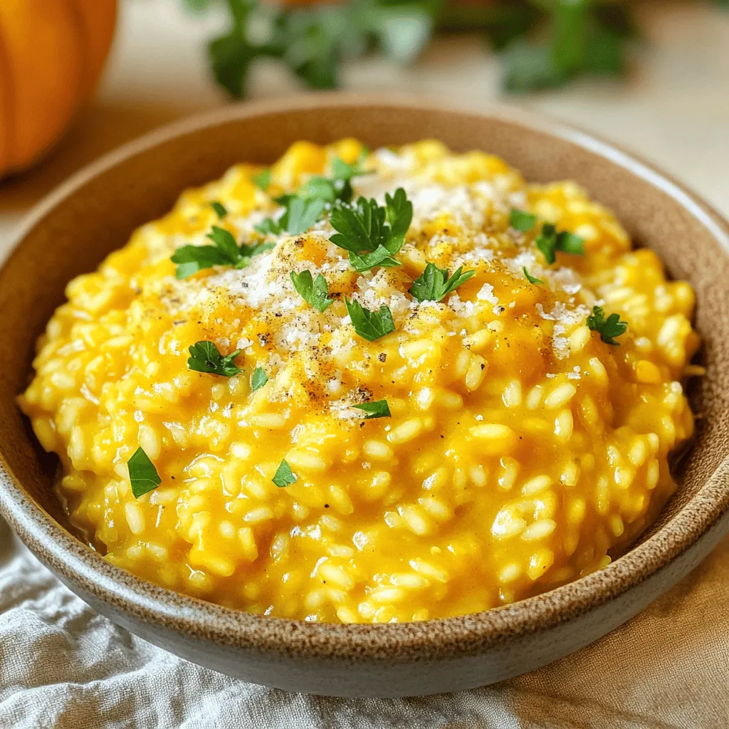 To make creamy pumpkin risotto, you need a few key ingredients: - 1 cup Arborio rice - 2 cups pumpkin puree (freshly made or canned) - 4 cups vegetable broth (preferably low-sodium) You will also want these additional ingredients to enhance the flavor: - 1 small onion, finely chopped - 2 garlic cloves, minced - 1/2 cup grated Parmesan cheese (plus extra for garnish) - 1/2 cup heavy cream - 2 tablespoons extra-virgin olive oil - 1 teaspoon dried sage - 1/4 teaspoon ground nutmeg - Salt and freshly ground black pepper, to taste For a beautiful finish, consider these optional garnishes: - Fresh parsley, chopped - Extra Parmesan cheese Warming the broth is very important. It helps the risotto cook evenly. Use low heat to keep it simmering. This way, the broth stays hot without boiling. A hot broth blends well with the rice and keeps a creamy texture. Start by sautéing the onions and garlic. Heat olive oil in a skillet over medium heat. Add the finely chopped onion and cook until soft. This should take about 3 to 4 minutes. Stir often to prevent browning. Then, add minced garlic and cook for one more minute. You want to smell the garlic but not burn it. Next, you will toast the Arborio rice. Add the rice to the skillet and stir to coat. Toasting takes about 2 minutes. You will notice the edges of the rice becoming slightly translucent. This step adds a great flavor to the risotto. Now it’s time to add the broth. Pour in about 1 cup of the warm broth. Stir constantly until the rice absorbs most of the liquid. This step is key for the creamy texture. Keep adding broth, one cup at a time. Always wait until the rice absorbs the liquid before adding more. This method takes about 18 to 20 minutes. The slower you go, the creamier your risotto will be. Once the rice is creamy and cooked to an al dente texture, you can mix in the pumpkin puree. Follow the full recipe for the rest of the steps. Enjoy the rich and flavorful delight! Stirring your risotto is very important. It helps release the starch from the rice. This step makes the dish creamy. If you stop stirring, the rice may stick or burn. Keep your heat at medium. Too high can burn the garlic or rice. If too low, the risotto won’t cook right. When making risotto, use fresh pumpkin puree if you can. It gives a richer taste than canned. If you do use canned, check for added sugars or spices. Watch out for burnt garlic. It can ruin the flavor. Always add garlic last and stir it quickly. Also, be sure not to undercook your rice. You want it soft but still firm, or al dente. For a great look, serve the risotto in shallow bowls. A sprinkle of parsley adds color. Top with extra grated Parmesan for flavor. This dish pairs well with a simple salad or crusty bread. A light white wine, like Pinot Grigio, complements the dish nicely. You can find the full recipe for creamy pumpkin risotto to guide your cooking. {{image_4}} To make a vegan creamy pumpkin risotto, you need to swap the heavy cream and Parmesan. Instead, use a rich plant-based cream. Nutritional yeast can replace the cheese, giving a cheesy flavor without dairy. Ingredients for plant-based alternatives: - 1 cup Arborio rice - 2 cups pumpkin puree - 4 cups vegetable broth - 1 small onion, finely chopped - 2 garlic cloves, minced - 1/2 cup nutritional yeast - 1/2 cup coconut cream or cashew cream - 2 tablespoons extra-virgin olive oil - 1 teaspoon dried sage - 1/4 teaspoon ground nutmeg - Salt and freshly ground black pepper This version keeps the rich taste while being friendly to all diets. To ensure your risotto is gluten-free, check your broth and any added ingredients. Many store-bought broths contain gluten, so opt for certified gluten-free brands. Recommendations on potential substitutions: - Use gluten-free vegetable broth. - Avoid any sauces or canned products with gluten. - Make sure all spices and seasonings are gluten-free. These steps will help you enjoy this dish without worry. You can boost the flavor of your risotto by adding spices or herbs. Thyme and rosemary pair beautifully with pumpkin. They add warmth and depth to the dish. Consider including some fresh vegetables, too. Spinach and peas blend nicely with the creamy texture. They add color, nutrition, and a slight crunch. These simple changes can elevate your creamy pumpkin risotto and make it truly special. To store leftover creamy pumpkin risotto, place it in an airtight container. This keeps it fresh and tasty. You can store it in the refrigerator for up to three days. When you are ready to eat it, check for any off smells or changes in texture before reheating. You can freeze creamy pumpkin risotto for longer storage. First, let it cool to room temperature. Then, spoon it into freezer-safe bags or containers. Remove as much air as possible to prevent freezer burn. The risotto can last up to three months in the freezer. When you want to enjoy it again, thaw it in the fridge overnight. To reheat, add a splash of broth or water. This helps restore its creamy texture. To reheat your risotto, use a saucepan over low heat. Stir often and add a bit of broth to keep it moist. You can also use the microwave, but stir it halfway through. After reheating, taste it. Sometimes, a sprinkle of salt or fresh herbs can brighten the flavor. Enjoy your creamy pumpkin risotto just as much the second time! For the full recipe, check out the earlier section. If you can’t find Arborio rice, you can use other rice types. Carnaroli rice works well. It has a similar creamy texture. You can also try sushi rice or even long-grain rice. These types can yield different textures but will still be tasty. Yes, you can prepare creamy pumpkin risotto ahead of time. Cook the risotto but leave it a bit al dente. Let it cool, then store it in the fridge. When ready to serve, reheat it slowly. Add a splash of broth to regain creaminess. Creamy pumpkin risotto pairs nicely with various side dishes. A fresh salad adds crunch and brightness. Roasted vegetables bring depth and flavor. For beverages, a crisp white wine or sparkling water compliments this dish well. In this blog post, we explored how to create a delicious creamy pumpkin risotto. We covered essential and optional ingredients, step-by-step instructions, helpful tips, and variations. Remember to keep your broth warm and stir continuously for the best texture. Try different flavors or storage methods for leftovers to keep things exciting. Enjoy making this comforting dish and share it with others. Each step helps you master this recipe and impress your guests.