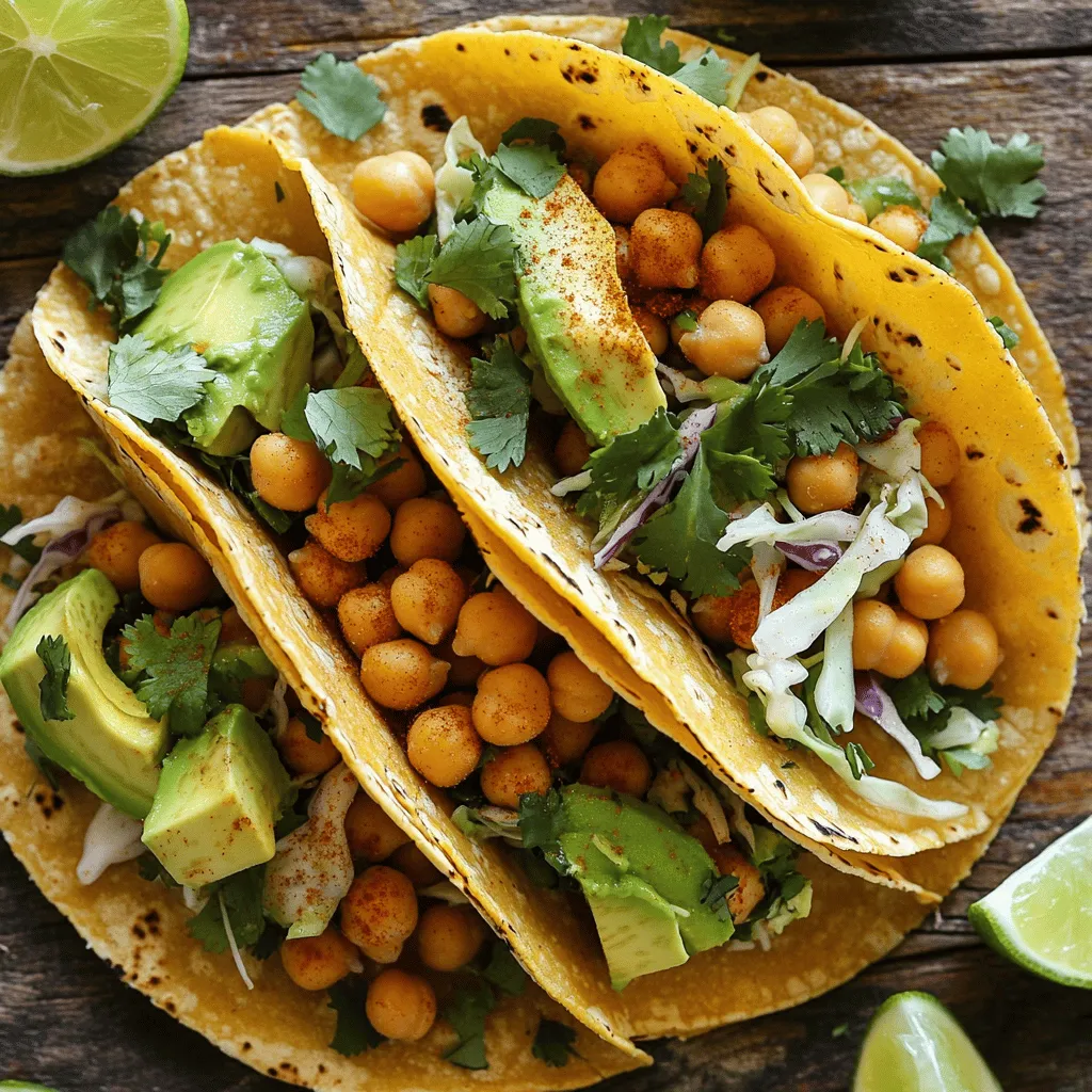 To make the zesty spicy chickpea tacos, gather the following ingredients: - 1 can (15 oz) chickpeas, thoroughly rinsed and drained - 1 tablespoon extra virgin olive oil - 1 teaspoon ground cumin - 1 teaspoon smoked paprika - 1/2 teaspoon cayenne pepper (adjust according to spice preference) - 1/2 teaspoon garlic powder - 1/2 teaspoon onion powder - Sea salt and freshly cracked black pepper to taste - 8 small corn or flour tortillas - 1 cup finely shredded cabbage (choose either green or purple for a vibrant touch) - 1 ripe avocado, sliced into wedges - 1/4 cup fresh cilantro leaves, roughly chopped - 1 lime, cut into wedges - Optional: A dash of your favorite hot sauce for an extra kick These tacos are not only tasty but also packed with nutrients. Each serving provides: - Calories: Approximately 350 - Protein: 12 grams - Fiber: 10 grams - Fat: 15 grams - Carbohydrates: 45 grams Chickpeas bring protein and fiber, making the tacos filling and healthy. Chickpeas are a superfood for many reasons: - High in Protein: They provide a great source of plant-based protein. - Rich in Fiber: This helps keep your digestive system healthy. - Low Glycemic Index: Chickpeas can help regulate blood sugar levels. - Packed with Vitamins and Minerals: They offer iron, magnesium, and folate. Adding chickpeas to your meals can support overall health and wellness. Try these spicy chickpea tacos for a tasty and nutritious meal. For the full recipe, check out the section above. To start, grab a can of chickpeas. Rinse them well under cool water. Drain them and set them aside. Take a medium mixing bowl and mash half of the chickpeas with a fork or potato masher. You want them a bit chunky. The other half should remain whole. This gives the filling a nice texture. Now, heat a skillet over medium heat and add the olive oil. Wait until the oil shimmers. Add both the mashed and whole chickpeas to the skillet. Next, sprinkle in the ground cumin, smoked paprika, cayenne pepper, garlic powder, onion powder, sea salt, and black pepper. Mix everything well. Sauté the chickpeas for about 5 to 7 minutes. Stir often until they heat up and get slightly crispy on the edges. While your chickpeas are cooking, warm the tortillas. You can do this in a separate skillet or quickly microwave them for about 15-20 seconds. They should be soft and easy to fold. Now, it’s time to build your tacos. Take a warm tortilla and spoon a generous amount of the chickpea mixture onto it. Top it off with shredded cabbage, avocado slices, and chopped cilantro. For extra flavor, serve lime wedges on the side. Don’t forget the hot sauce if you love a good kick. Enjoy making your tacos! For the full recipe, check out the details above. To make great tacos, follow these simple tips: - Choose the right tortillas: Corn or flour tortillas work well. Corn adds flavor, while flour offers a soft bite. - Warm tortillas properly: Heat them in a skillet or microwave. This keeps them soft and pliable. - Don’t overcook the chickpeas: Sauté just until crispy. This adds a nice texture without losing moisture. These tacos shine with fresh toppings. Here are some ideas: - Add a crunch: Use finely shredded cabbage for texture. It also gives a nice color to the plate. - Creamy avocado: Slices of ripe avocado balance the spice well. They add richness to each bite. - Herbs for freshness: Chopped cilantro adds a burst of flavor. It brightens up the dish. Pair your tacos with tasty sides and drinks: - Sides: Try serving with a fresh salsa or guacamole. A simple side salad with lime dressing works well, too. - Drinks: A cold beer or sparkling water with lime complements the spice. For a non-alcoholic option, try a refreshing iced tea. For the full recipe, check out [Full Recipe]. {{image_4}} You can easily make these tacos vegan. The main ingredient, chickpeas, is already vegan. For the tortillas, choose corn or flour tortillas that do not contain lard. You can also add more vegan toppings. Try using guacamole or dairy-free yogurt instead of sour cream. These swaps keep the meal plant-based while still tasting great. If you want to change up the tortillas, you have options. You can use lettuce wraps for a low-carb option. They add crunch and freshness. You can also try whole wheat tortillas for a healthier choice. Another fun idea is using pita bread or even taco shells. Each option gives a different twist to your meal. Toppings can change the whole taco experience. Besides cabbage and avocado, consider adding diced tomatoes or sliced radishes for more crunch. You can also sprinkle some feta or goat cheese on top. For a spicy kick, add jalapeño slices or pickled onions. Each topping adds new flavors and textures to enjoy. For the full recipe, check out the complete guide to making these spicy chickpea tacos. To keep your tacos fresh, place the filling and tortillas in separate containers. This keeps the tortillas from getting soggy. Use airtight containers for best results. Store them in the fridge for up to three days. If you have extra toppings, store those in their own containers too. When reheating tacos, use a skillet for the best taste. Heat the skillet over medium heat. Add the chickpea filling and stir until warm. For tortillas, warm them in the skillet for about 30 seconds on each side. You can also microwave the filling or tortillas, but they may not taste as good. If using the microwave, cover them with a damp paper towel. This keeps them from drying out. You can freeze the chickpea filling for longer storage. Place the cooled filling in an airtight container or a freezer bag. Make sure to remove as much air as possible. Label the bag with the date. You can freeze it for up to three months. When ready to eat, thaw it in the fridge overnight. Reheat it in a skillet before serving it in your tacos. This makes meal prep easy and fun! For the full recipe, check out the details above. Yes, you can make Spicy Chickpea Tacos ahead of time. Prepare the chickpea filling and store it in the fridge. It stays fresh for three days. When ready to eat, just warm it up. You can also heat the tortillas separately. This saves time and helps with meal prep. If you want a swap for chickpeas, try black beans or lentils. Both options give a nice texture and taste. You can also use cooked quinoa for a lighter filling. Each alternative keeps the spirit of the taco while offering different flavors. To adjust the spiciness, change the cayenne pepper amount. Start with less if you prefer mild. You can always add more spice later. Adding hot sauce is another way to increase heat. Experiment until you find your perfect level of spice! For more details, refer to the Full Recipe. We explored how to make tasty spicy chickpea tacos. You learned the key ingredients and their health perks. I shared easy steps for preparation, cooking, and assembly. Cooking tips can help you create perfect tacos every time. We discussed tasty pairings and fun variations to try. Plus, I offered smart storage tips for any leftovers. Enjoy these flavors in your meals. Get creative, and find what you love!