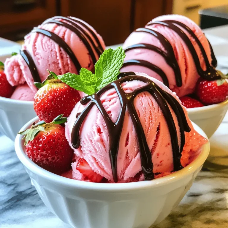 - 2 cups fresh strawberries, hulled and sliced - 3/4 cup granulated sugar, divided - 1 cup heavy cream - 1 cup whole milk - 1 teaspoon vanilla extract - 1 tablespoon fresh lemon juice Selecting fresh strawberries is key. Look for bright red berries with no soft spots. The best strawberries smell sweet and feel firm. If you can find local strawberries, they will taste even better. When it comes to cream and milk, choose high-quality options. Heavy cream adds richness, while whole milk keeps the texture smooth. If you can, opt for organic dairy. This choice can enhance flavor and support better farming practices. If you want alternatives for granulated sugar, try using honey or agave syrup. Both can add a nice sweetness. For dairy-free options, use coconut cream and almond milk. These swaps keep the ice cream rich and creamy. They also cater to various dietary needs while still tasting great. Macerating strawberries makes them taste even better. Start with fresh, ripe strawberries. Hull and slice them into a bowl. Add 1/4 cup of sugar to the strawberries. This sugar helps draw out their juices. Let the mixture sit for about 30 minutes. You will notice the strawberries get juicy and sweet. Next, blend the strawberries to get your desired texture. Pour the macerated strawberries into a blender or food processor. Blend until smooth for a creamy texture. If you like chunks, leave some pieces intact. You can also save a bit of the mashed strawberries to mix in later for extra texture. Now it’s time to mix the ice cream base. In a separate bowl, combine 1 cup of heavy cream, 1 cup of whole milk, and 1/2 cup of sugar. Whisk until the sugar is fully dissolved. This step is key for a smooth ice cream. No one wants crunchy sugar bits in their treat! Add 1 teaspoon of vanilla extract and 1 tablespoon of fresh lemon juice. The lemon juice brightens the flavor. Carefully fold in your strawberry puree. Use a spatula to mix it gently. Make sure everything blends well but don’t over-mix. If you want a sweeter ice cream, add more sugar now. Next, pour the mixture into your ice cream maker. Follow the manufacturer's guidelines for churning, usually between 20 to 25 minutes. You want it to reach a soft-serve consistency. If you don’t have an ice cream maker, you can freeze it in a container and stir every 30 minutes for a few hours. Once churned, transfer the ice cream to an airtight container. Place it in the freezer for at least 4 hours. This helps it firm up nicely. When it’s ready, scoop the ice cream into bowls. You can add fresh strawberry slices or chocolate sauce for a fun touch. Enjoy your homemade strawberry ice cream! For the complete recipe, check out the Full Recipe. To get that perfect creamy texture in your homemade strawberry ice cream, focus on two key techniques. First, prevent ice crystals by chilling your mixing bowl and the cream before you start. The colder the ingredients, the smoother the ice cream will turn out. Second, adjust your ingredients for a smoother finish. Using a higher fat cream helps achieve that rich, creamy texture. You can also add a bit more sugar to help with the creaminess. Want to give your ice cream a fun twist? Try adding fresh herbs like basil or mint. Just a small amount can transform the flavor. You can also mix in other fruits like blueberries or raspberries for a fruity combo. To balance sweetness, add a splash of fresh lemon juice. This touch brings out the strawberry flavor even more. Be careful not to over-mix or under-mix your ingredients. Mixing too much can make the ice cream too airy, while not mixing enough can lead to a grainy texture. Also, proper freezing is crucial. If your ice cream isn't frozen long enough, it won’t get firm. Make sure to chill it in the freezer for at least four hours after churning. Following these tips will help you create a smooth and rich strawberry ice cream. For the full recipe, check out [Full Recipe]. {{image_4}} You can play with flavors to make your ice cream unique. Try mixing in fresh herbs like basil for a refreshing twist. The strawberry-basil combo gives a sweet and savory taste. If you want something zesty, add lime juice. The strawberry-lime mix adds a bright flavor punch. You can also swap strawberries for other fruits. Blueberries, raspberries, or peaches work well. Each fruit brings a new taste to your ice cream. Add-ins make your ice cream more fun. Chocolate chips add sweetness and crunch. Nuts give a nice texture and flavor. You can use crushed cookies or brownie pieces too. These mix-ins bring a delightful surprise in every bite. For a creative touch, swirl in sauces like chocolate or caramel during churning. You can also use fruit purees for a fruity ribbon effect. You don’t need an ice cream maker to enjoy homemade strawberry ice cream. A no-churn method works great too. Mix the base ingredients and pour them into a freezer-safe container. Stir every 30 minutes for the first two hours. This helps break up ice crystals and makes it creamy. You can also use a large zip-top bag filled with ice and salt. Place your mixture in a smaller bag and shake it to freeze. Both methods give you a tasty treat without fancy equipment. For the full recipe, check the details above. To keep your homemade strawberry ice cream fresh, use airtight containers. These containers help seal in the flavor and prevent ice from forming. Glass or plastic containers work great. Make sure to fill them to the top. This limits air exposure and reduces freezer burn. To avoid freezer burn, place a piece of parchment paper directly on the ice cream before sealing the container. This extra layer helps keep moisture out. Be sure to store the ice cream in the coldest part of your freezer. Homemade strawberry ice cream lasts about two weeks in the freezer. After this time, it may lose flavor and texture. Look for signs of spoilage. If you see ice crystals forming or if the ice cream smells off, it’s time to let it go. Freshness matters, so enjoy it while it’s at its best! If you need to refreeze your ice cream, do it carefully. Allow it to thaw in the fridge for about 20 minutes. Then, put it back into the freezer. This method helps maintain the texture. Avoid repeated thawing and freezing. It can lead to ice crystals forming. Always try to serve and enjoy your strawberry ice cream right after churning for the best experience. For more details on making this delight, check the Full Recipe. To make homemade strawberry ice cream, you need just a few tools: - Mixing bowls - Fork or potato masher - Blender or food processor - Whisk - Ice cream maker - Airtight container These tools help you combine and blend the ingredients easily. The ice cream maker is key for churning. It gives the ice cream a creamy texture that you will love. Yes, you can make ice cream without an ice cream maker! Here are two simple methods: 1. No-Churn Method: After mixing everything, pour it into a freezer-safe container. Stir every 30 minutes for about 2-3 hours. This helps break up ice crystals. 2. Using a Bag: Pour your mixture into a small zip bag. Seal it tightly. Place this bag into a larger bag filled with ice and salt. Shake for about 10-15 minutes. You will have creamy ice cream! These methods are fun and can yield great results! To boost the flavor, try these tips: - Use ripe strawberries: They taste sweeter and more flavorful. - Add lemon juice: It brightens the flavor and balances sweetness. - Mix in herbs: A bit of fresh basil or mint can add an exciting twist. - Use high-quality vanilla extract: Real vanilla enhances the overall taste. These small changes can make your ice cream taste even better. Yes, you can lower the sugar. Here are some ideas: - Use less sugar: Start with half the amount and taste as you go. - Try sweeteners: Options like honey, agave, or stevia can work well. - Ripe fruit: Using very ripe strawberries means you can use less sugar. Adjusting sugar makes the ice cream healthier and still tasty. Yes, you can use frozen strawberries! Here’s how it affects your ice cream: - Flavor: Frozen strawberries might taste a bit less fresh. However, they still work well. - Texture: They can be softer when blended. This may make the ice cream smoother. If you use frozen strawberries, let them thaw slightly before blending. This helps with blending and flavor. For the full recipe, check out the section above! You now know how to make great homemade strawberry ice cream. Fresh strawberries, quality cream, and simple steps lead to a tasty treat. Remember to macerate the strawberries and mix your base well. Avoid common mistakes to keep your ice cream creamy. Don’t forget the fun variations you can try! As you make this ice cream, enjoy the process and explore your own flavors. Your homemade strawberry ice cream will impress everyone.