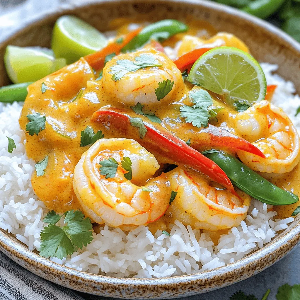 - 1 lb large shrimp, peeled and deveined - 1 bell pepper, sliced into thin strips - 1 cup snap peas, trimmed and washed - 1 can (13.5 oz) coconut milk - 2 tablespoons red curry paste - 1 tablespoon fish sauce - 1 tablespoon fresh ginger, minced - 2 garlic cloves, minced - 1 tablespoon freshly squeezed lime juice - 1 tablespoon coconut oil - Sea salt, to taste Gathering these ingredients is key. The shrimp bring a sweet, tender bite. The bell pepper adds crunch and color. Snap peas offer a fresh, crisp taste. Coconut milk serves as the base. It gives a creamy, rich texture. Red curry paste provides depth with its spicy, aromatic flavor. Fish sauce adds umami and saltiness for balance. Fresh ginger and garlic enhance the dish with warmth and zest. Lime juice brightens the flavors and adds acidity. Coconut oil contributes a subtle sweetness and richness. Don't forget sea salt to taste; it ties everything together. This dish uses simple ingredients to create bold flavors. For the full recipe, check out the [Full Recipe]. Enjoy making this delightful meal! - First, heat 1 tablespoon of coconut oil in a large skillet over medium heat. - Once the oil is warm, add the minced ginger and garlic. Sauté for about 1 minute until fragrant. Stir often to avoid burning. - Next, add 2 tablespoons of red curry paste to the skillet. Cook it for another minute to bring out the flavor. - Carefully pour in the 13.5 oz can of coconut milk. Stir well to mix the curry paste into the milk. - Now, add 1 pound of large shrimp to the curry. Cook for 3 to 4 minutes, until the shrimp turn pink and opaque. - Mix in 2 tablespoons of fish sauce and 1 tablespoon of lime juice. Season with sea salt to taste. Stir gently to blend all the flavors. You can find the full recipe above. Enjoy this rich and bold dish! To make your coconut curry shrimp shine, focus on salt and acidity. Salt boosts flavor, so add it little by little. You can also use lime juice for a fresh twist. The right curry paste is key. I love using red curry paste for its bold taste. Experiment with different brands to find your favorite. Managing the heat is crucial for shrimp. Cook them on medium to avoid rubbery shrimp. They only take a few minutes to turn from gray to pink. For a thicker sauce, let it simmer longer. Stir often to prevent burning, but don't rush. You want a creamy, delicious sauce. Serve your coconut curry shrimp over fluffy jasmine rice. It soaks up the sauce well and adds a nice texture. Don't forget to garnish with fresh cilantro. It brightens the dish and adds a pop of color. A lime wedge on the side adds a nice touch too. For the full recipe, check out the section above. {{image_4}} You can switch the shrimp for other proteins. Chicken works well and gives a different texture. Use boneless chicken thighs for a juicy bite. Tofu is another great choice for a plant-based dish. Firm tofu absorbs flavors and adds protein. If you want to explore seafood, consider scallops or fish. Both cook quickly and pair nicely with the curry. Just like shrimp, they will turn tender and soak up the sauce. Feel free to change up the veggies in the dish. Zucchini adds a lovely crunch and cooks fast. Slice it into half-moons for even cooking. Broccoli is another great option. Steam it lightly before adding to keep its bright color. If snap peas are not your favorite, you can leave them out. The dish will still taste amazing. You could add carrots or baby corn for extra color and nutrition. You can control the spice in this dish. For a mild flavor, add less red curry paste. You can start with one tablespoon and taste before adding more. If you prefer medium heat, stick to the recipe. For those who love spice, add chili flakes or fresh chili. You can also mix in some cayenne pepper for an extra kick. For an exciting twist, try adding different spices like coriander or cumin. This will enhance the curry’s depth and make it truly unique. For the full recipe, check out the Coconut Curry Shrimp Delight! To keep your coconut curry shrimp fresh, follow these simple steps: - Refrigeration guidelines: Store the shrimp in an airtight container. Place it in the fridge within two hours of cooking. This helps maintain flavor and safety. The dish stays fresh for up to three days when properly stored. - Freezing instructions: If you want to save some for later, you can freeze it. Place the shrimp in a freezer-safe container. Make sure to remove as much air as possible. You can freeze it for up to three months. Just remember to label the container with the date. When you’re ready to eat your coconut curry shrimp again, reheating is key: - Best practices for reheating: Use a stovetop to reheat for the best results. Place the shrimp in a skillet over medium heat. Stir gently until heated through. - Maintaining flavor and texture: Add a splash of coconut milk or a bit of water to keep the sauce creamy. This prevents it from drying out. Avoid using the microwave, as it can change the texture of the shrimp. Knowing how long your dish lasts is important: - Duration for refrigerated storage: As mentioned, coconut curry shrimp lasts about three days in the fridge. Always check for freshness before serving. - Signs of spoilage: Look for off smells or a change in color. If the shrimp looks slimy or the sauce separates, it's time to toss it. Always trust your senses! For more details, check out the Full Recipe for Coconut Curry Shrimp. Coconut curry shrimp is a bright, flavorful dish. It combines sweet coconut milk with spicy red curry paste. You get a rich, creamy sauce that pairs well with shrimp. The ginger and garlic add a fragrant touch. Fresh vegetables like bell pepper and snap peas give crunch and color. This dish is not just tasty; it’s a feast for the eyes too! Yes, you can easily make this dish dairy-free! Use coconut milk as your main liquid. It adds creaminess without dairy. Make sure your red curry paste does not contain dairy. Check labels or make your own. You can also use vegetable broth for a lighter version. This way, you keep all the flavor while staying dairy-free. Shrimp cook quickly. You know they are done when they turn pink and opaque. Use a light touch; overcooking makes them tough. Another tip is to check the shape; cooked shrimp curl into a C shape. If they stay straight, they need more time. This dish cooks shrimp in just a few minutes, so keep an eye on them! Serve coconut curry shrimp over fluffy jasmine rice. The rice soaks up the tasty sauce. You could also pair it with a fresh green salad. A side of steamed broccoli or sautéed spinach works well too. These sides balance the meal and add nutrition. For a fun twist, serve with naan bread to scoop up the curry. Absolutely, you can customize the spice level! For mild curry, use less red curry paste. You can also add sugar to balance the heat. If you want it spicier, add more paste or a fresh chili. Experiment with flavors until it fits your taste. Adjusting spice makes this dish perfect for everyone at the table. For the complete recipe, check out the [Full Recipe]. Coconut curry shrimp is a tasty dish with fresh shrimp, colorful veggies, and a creamy sauce. You learned how to prepare the base, make the curry, and cook the shrimp. We discussed tips for perfecting the flavor and variations to suit your taste. Remember, you can adjust spice levels and substitute ingredients. Enjoy making this meal for family and friends. With the right steps, your curry will be a hit every time. Happy cooking!