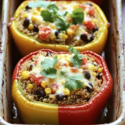 - 4 large bell peppers (choose any color you prefer) - 1 cup quinoa, rinsed and drained - 1 can (15 oz) black beans, rinsed and drained - 1 cup corn kernels (can be fresh or frozen) - 1 cup diced tomatoes (can be fresh or canned) The main stars of this dish are the bell peppers and quinoa. Bell peppers come in many colors, each bringing a unique taste. Quinoa acts as a great base, adding texture and nutrition. Black beans and corn add protein and sweetness, while diced tomatoes bring moisture and flavor. - 1 teaspoon ground cumin - 1 teaspoon smoked paprika - ½ teaspoon chili powder - Salt and pepper, to taste Using spices is key to making the flavors shine. Ground cumin gives a warm, earthy taste. Smoked paprika adds a nice depth with its smoky notes. Chili powder offers a hint of heat, while salt and pepper balance everything out. - Fresh cilantro or parsley - ½ cup shredded cheese (cheddar or mozzarella works well) Garnishes like fresh cilantro or parsley add a pop of color and freshness. If you like cheese, sprinkle some on top for a creamy finish. This recipe is about personal taste, so feel free to mix and match these toppings! For the full recipe, check out the details above. Enjoy the process of making and savoring these stuffed bell peppers! - Preheat the Oven: Start by setting your oven to 375°F (190°C). This will get it hot and ready for your stuffed peppers. - Preparing the Bell Peppers: Cut the tops off four large bell peppers. Remove the seeds and white parts inside. Stand them upright in a baking dish so they’re ready for stuffing. - Bringing Liquid to a Boil: In a medium pot, pour in 2 cups of vegetable broth or water. Heat it until it boils. - Simmering the Quinoa: Add 1 cup of rinsed quinoa to the pot. Cover it, then lower the heat. Let it simmer for about 15 minutes until the liquid is gone and the quinoa is fluffy. - Sautéing Onion and Garlic: In a large skillet, heat a splash of olive oil. Add 1 chopped onion and sauté it for about 5 minutes. It should look soft and clear. - Mixing in Cooked Quinoa and Other Ingredients: Stir in 2 minced garlic cloves, 1 teaspoon of ground cumin, 1 teaspoon of smoked paprika, and ½ teaspoon of chili powder. Cook for 1-2 minutes. Add the cooked quinoa, 1 can of black beans, 1 cup of corn, and 1 cup of diced tomatoes. Season with salt and pepper. Stir well for 3-5 minutes. - Incorporating Cheese: Take the skillet off the heat and mix in half of the shredded cheese (½ cup). This makes the filling creamy and tasty. - Stuffing Strategy: Carefully fill each bell pepper with the quinoa mixture. Press it down gently to pack it in. Top each pepper with the rest of the cheese. - Baking Instructions: Cover the baking dish with aluminum foil. Bake in the oven for 25 minutes. After that, take off the foil and bake for another 10-15 minutes. The peppers should be soft, and the cheese must be melted and bubbly. Check out the Full Recipe for more details! Tips for Fluffy Quinoa To make fluffy quinoa, rinse it well before cooking. This removes extra starch. Use two cups of liquid for every cup of quinoa. Bring it to a boil and then lower the heat. Cover the pot and let it simmer for about 15 minutes. After cooking, let it sit for five more minutes before fluffing with a fork. This helps the grains separate nicely. Ensuring Tender Peppers For tender peppers, choose larger ones with smooth skin. Cut the tops off and scoop out the insides. Bake them covered for the first part of cooking. This keeps moisture in and softens the peppers. Remove the foil later to brown the cheese on top. Suggestions for Extra Seasoning You can boost flavors with herbs like oregano or thyme. Adding a splash of lime juice before serving brightens the dish. A pinch of red pepper flakes can add heat if you like spice. Always taste the filling before stuffing the peppers. Adjust the salt and spices to your liking. Cheese Alternatives If you want a different cheese, try feta or goat cheese. They add unique flavors. For a dairy-free choice, use vegan cheese or nutritional yeast. Both can give a cheesy taste without milk. Serving Ideas Serve stuffed peppers on a colorful plate for a nice look. You can place them upright or slice them in half for a different style. Drizzle with olive oil for added richness. A squeeze of fresh lime over the top brightens the flavors. Garnishes for Visual Appeal Fresh herbs like cilantro or parsley add color. Sprinkle them on right before serving. You can also add avocado slices for richness and color. This not only looks great, but adds more flavor to every bite. {{image_4}} Vegetarian and Vegan Options If you want a vegetarian dish, skip the cheese or use dairy-free cheese. You can swap black beans for lentils. This keeps your meal plant-based while still being tasty. If you are vegan, use vegetable broth and ensure all other ingredients are also vegan-friendly. Gluten-Free Adjustments Quinoa is naturally gluten-free, making it a perfect base. Just make sure your broth is gluten-free too. This means you can enjoy stuffed peppers without worrying about gluten. Adding Different Vegetables You can mix in various vegetables. Try adding diced zucchini, mushrooms, or spinach. They add flavor and nutrients. Also, consider using roasted red peppers instead of fresh ones for a unique twist. Trying Alternative Protein Sources While black beans are great, you can explore other proteins. Chickpeas or cooked ground turkey work well. This adds variety to your meal and keeps it interesting. Dairy-Free Cheese Options For a dairy-free choice, look for plant-based cheese. Brands now offer many flavors that melt well. These can provide that cheesy texture without dairy. Unique Cheese Pairings If you love cheese, try different kinds. Goat cheese or feta can add a tangy flavor. Experiment with cheese types to find your favorite combo. This can elevate your stuffed peppers to a whole new level. For the full recipe, check out [Full Recipe]. - Refrigeration Guidelines: Once your stuffed peppers cool, place them in an airtight container. They last up to 4 days in the fridge. Store them whole or cut in half. This helps with easy serving later. Always let them cool before sealing to prevent moisture buildup. - Freezing Instructions: For longer storage, freeze the stuffed peppers. Wrap each pepper tightly in plastic wrap. Then place them in a freezer-safe bag. They can last for up to 3 months in the freezer. Thaw overnight in the fridge before reheating. - Best Methods for Reheating Stuffed Peppers: The oven is best for reheating. Preheat to 350°F (175°C). Place peppers in a baking dish with a splash of water to keep them moist. Cover with foil to prevent drying. Heat for about 20-25 minutes until warm. - Avoiding Soggy Peppers: To keep peppers crisp, don’t overcrowd them in the dish. Use a shallow pan to allow steam to escape. Reheating in the oven also helps maintain their structure. For microwave reheating, use a low power setting and cover loosely. You can tell when the stuffed peppers are done by checking their texture. The peppers should feel soft when you poke them. The cheese on top will also be melted and bubbly. This means they are ready to eat! Yes, you can prepare stuffed peppers ahead of time. Here are some make-ahead tips: - Stuff the peppers a day in advance and store them in the fridge. - You can also prepare the filling and keep it in an airtight container. - Assemble the stuffed peppers just before baking to keep them fresh. Stuffed bell peppers pair well with various side dishes. Here are some tasty suggestions: - A fresh green salad with vinaigrette. - Garlic bread or crusty rolls for dipping. - A side of roasted vegetables for added nutrients. For the full recipe, check the details in the earlier section. In this article, we explored how to make delicious stuffed bell peppers with quinoa. We discussed key ingredients, like bell peppers, quinoa, and black beans. I also shared tips for the perfect texture and flavor, along with variations to suit your dietary needs. Remember, you can store leftovers for later and reheat them easily. Stuffed bell peppers are versatile and fun to prepare. Give them a try, and enjoy a tasty meal that is packed with nutrients!