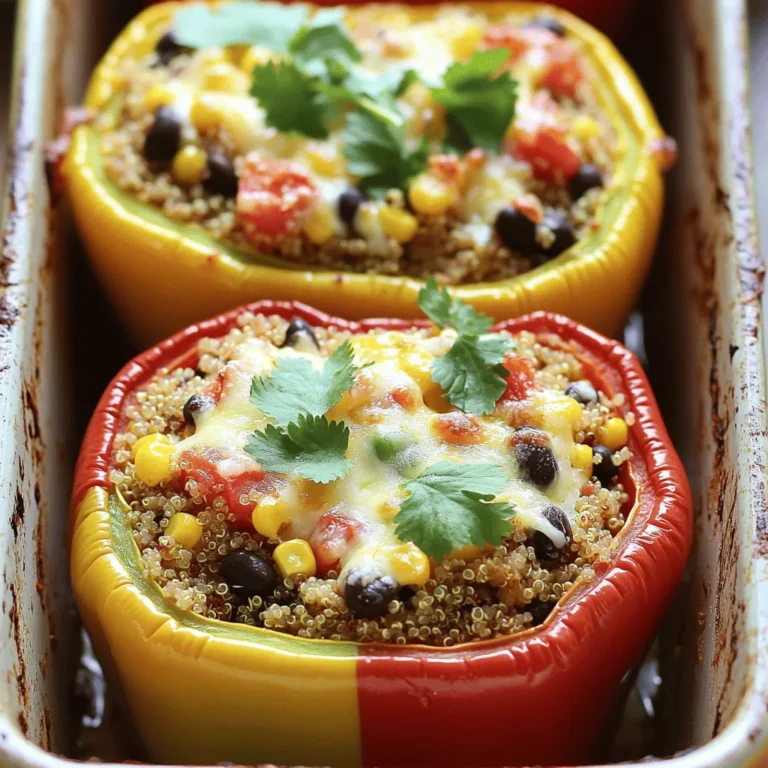 - 4 large bell peppers (choose any color you prefer) - 1 cup quinoa, rinsed and drained - 1 can (15 oz) black beans, rinsed and drained - 1 cup corn kernels (can be fresh or frozen) - 1 cup diced tomatoes (can be fresh or canned) The main stars of this dish are the bell peppers and quinoa. Bell peppers come in many colors, each bringing a unique taste. Quinoa acts as a great base, adding texture and nutrition. Black beans and corn add protein and sweetness, while diced tomatoes bring moisture and flavor. - 1 teaspoon ground cumin - 1 teaspoon smoked paprika - ½ teaspoon chili powder - Salt and pepper, to taste Using spices is key to making the flavors shine. Ground cumin gives a warm, earthy taste. Smoked paprika adds a nice depth with its smoky notes. Chili powder offers a hint of heat, while salt and pepper balance everything out. - Fresh cilantro or parsley - ½ cup shredded cheese (cheddar or mozzarella works well) Garnishes like fresh cilantro or parsley add a pop of color and freshness. If you like cheese, sprinkle some on top for a creamy finish. This recipe is about personal taste, so feel free to mix and match these toppings! For the full recipe, check out the details above. Enjoy the process of making and savoring these stuffed bell peppers! - Preheat the Oven: Start by setting your oven to 375°F (190°C). This will get it hot and ready for your stuffed peppers. - Preparing the Bell Peppers: Cut the tops off four large bell peppers. Remove the seeds and white parts inside. Stand them upright in a baking dish so they’re ready for stuffing. - Bringing Liquid to a Boil: In a medium pot, pour in 2 cups of vegetable broth or water. Heat it until it boils. - Simmering the Quinoa: Add 1 cup of rinsed quinoa to the pot. Cover it, then lower the heat. Let it simmer for about 15 minutes until the liquid is gone and the quinoa is fluffy. - Sautéing Onion and Garlic: In a large skillet, heat a splash of olive oil. Add 1 chopped onion and sauté it for about 5 minutes. It should look soft and clear. - Mixing in Cooked Quinoa and Other Ingredients: Stir in 2 minced garlic cloves, 1 teaspoon of ground cumin, 1 teaspoon of smoked paprika, and ½ teaspoon of chili powder. Cook for 1-2 minutes. Add the cooked quinoa, 1 can of black beans, 1 cup of corn, and 1 cup of diced tomatoes. Season with salt and pepper. Stir well for 3-5 minutes. - Incorporating Cheese: Take the skillet off the heat and mix in half of the shredded cheese (½ cup). This makes the filling creamy and tasty. - Stuffing Strategy: Carefully fill each bell pepper with the quinoa mixture. Press it down gently to pack it in. Top each pepper with the rest of the cheese. - Baking Instructions: Cover the baking dish with aluminum foil. Bake in the oven for 25 minutes. After that, take off the foil and bake for another 10-15 minutes. The peppers should be soft, and the cheese must be melted and bubbly. Check out the Full Recipe for more details! Tips for Fluffy Quinoa To make fluffy quinoa, rinse it well before cooking. This removes extra starch. Use two cups of liquid for every cup of quinoa. Bring it to a boil and then lower the heat. Cover the pot and let it simmer for about 15 minutes. After cooking, let it sit for five more minutes before fluffing with a fork. This helps the grains separate nicely. Ensuring Tender Peppers For tender peppers, choose larger ones with smooth skin. Cut the tops off and scoop out the insides. Bake them covered for the first part of cooking. This keeps moisture in and softens the peppers. Remove the foil later to brown the cheese on top. Suggestions for Extra Seasoning You can boost flavors with herbs like oregano or thyme. Adding a splash of lime juice before serving brightens the dish. A pinch of red pepper flakes can add heat if you like spice. Always taste the filling before stuffing the peppers. Adjust the salt and spices to your liking. Cheese Alternatives If you want a different cheese, try feta or goat cheese. They add unique flavors. For a dairy-free choice, use vegan cheese or nutritional yeast. Both can give a cheesy taste without milk. Serving Ideas Serve stuffed peppers on a colorful plate for a nice look. You can place them upright or slice them in half for a different style. Drizzle with olive oil for added richness. A squeeze of fresh lime over the top brightens the flavors. Garnishes for Visual Appeal Fresh herbs like cilantro or parsley add color. Sprinkle them on right before serving. You can also add avocado slices for richness and color. This not only looks great, but adds more flavor to every bite. {{image_4}} Vegetarian and Vegan Options If you want a vegetarian dish, skip the cheese or use dairy-free cheese. You can swap black beans for lentils. This keeps your meal plant-based while still being tasty. If you are vegan, use vegetable broth and ensure all other ingredients are also vegan-friendly. Gluten-Free Adjustments Quinoa is naturally gluten-free, making it a perfect base. Just make sure your broth is gluten-free too. This means you can enjoy stuffed peppers without worrying about gluten. Adding Different Vegetables You can mix in various vegetables. Try adding diced zucchini, mushrooms, or spinach. They add flavor and nutrients. Also, consider using roasted red peppers instead of fresh ones for a unique twist. Trying Alternative Protein Sources While black beans are great, you can explore other proteins. Chickpeas or cooked ground turkey work well. This adds variety to your meal and keeps it interesting. Dairy-Free Cheese Options For a dairy-free choice, look for plant-based cheese. Brands now offer many flavors that melt well. These can provide that cheesy texture without dairy. Unique Cheese Pairings If you love cheese, try different kinds. Goat cheese or feta can add a tangy flavor. Experiment with cheese types to find your favorite combo. This can elevate your stuffed peppers to a whole new level. For the full recipe, check out [Full Recipe]. - Refrigeration Guidelines: Once your stuffed peppers cool, place them in an airtight container. They last up to 4 days in the fridge. Store them whole or cut in half. This helps with easy serving later. Always let them cool before sealing to prevent moisture buildup. - Freezing Instructions: For longer storage, freeze the stuffed peppers. Wrap each pepper tightly in plastic wrap. Then place them in a freezer-safe bag. They can last for up to 3 months in the freezer. Thaw overnight in the fridge before reheating. - Best Methods for Reheating Stuffed Peppers: The oven is best for reheating. Preheat to 350°F (175°C). Place peppers in a baking dish with a splash of water to keep them moist. Cover with foil to prevent drying. Heat for about 20-25 minutes until warm. - Avoiding Soggy Peppers: To keep peppers crisp, don’t overcrowd them in the dish. Use a shallow pan to allow steam to escape. Reheating in the oven also helps maintain their structure. For microwave reheating, use a low power setting and cover loosely. You can tell when the stuffed peppers are done by checking their texture. The peppers should feel soft when you poke them. The cheese on top will also be melted and bubbly. This means they are ready to eat! Yes, you can prepare stuffed peppers ahead of time. Here are some make-ahead tips: - Stuff the peppers a day in advance and store them in the fridge. - You can also prepare the filling and keep it in an airtight container. - Assemble the stuffed peppers just before baking to keep them fresh. Stuffed bell peppers pair well with various side dishes. Here are some tasty suggestions: - A fresh green salad with vinaigrette. - Garlic bread or crusty rolls for dipping. - A side of roasted vegetables for added nutrients. For the full recipe, check the details in the earlier section. In this article, we explored how to make delicious stuffed bell peppers with quinoa. We discussed key ingredients, like bell peppers, quinoa, and black beans. I also shared tips for the perfect texture and flavor, along with variations to suit your dietary needs. Remember, you can store leftovers for later and reheat them easily. Stuffed bell peppers are versatile and fun to prepare. Give them a try, and enjoy a tasty meal that is packed with nutrients!
