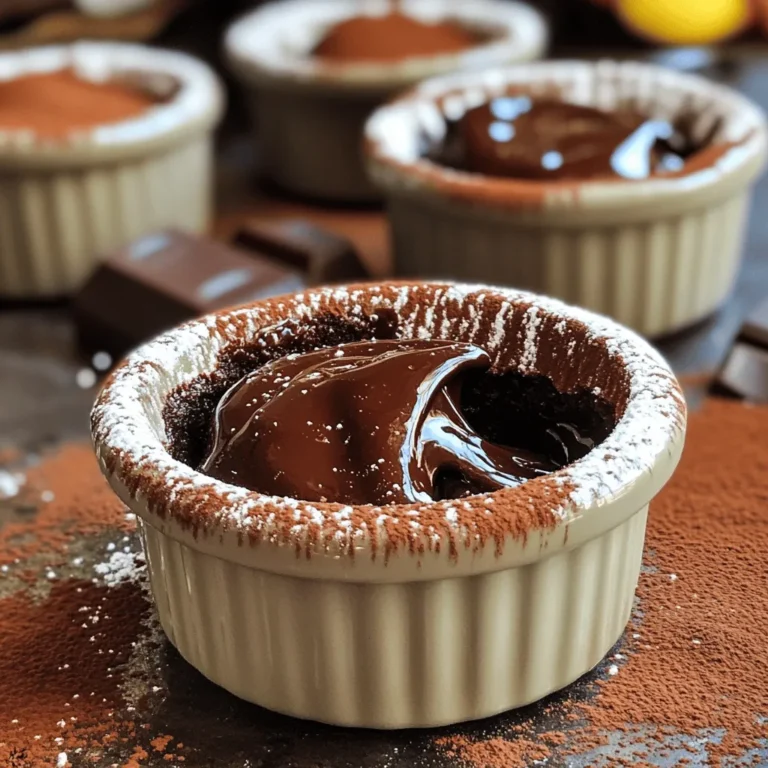 To make a rich chocolate lava cake, you will need the following ingredients: - 1 cup semi-sweet chocolate chips - ½ cup unsalted butter - 1 cup powdered sugar - 2 large eggs - 2 large egg yolks - 1 teaspoon vanilla extract - ½ cup all-purpose flour - Pinch of salt - Butter and cocoa powder (for greasing ramekins) Each ingredient plays a key role in creating that gooey center we all love. The chocolate chips give it that deep, rich flavor. The butter adds creaminess, while the powdered sugar sweetens the mix. The eggs and egg yolks help the cake rise and keep it moist. Vanilla extract enhances the taste, and flour gives the cake structure. Don’t forget the salt; it balances the sweetness. When preparing your ramekins, use both butter and cocoa powder. This will help the cakes release easily after baking. This is a crucial step for that perfect presentation. For the full recipe, refer to the Full Recipe section. Enjoy the process; each step adds to the magic of your chocolate lava cake! - Preheat the oven to 425°F (220°C). - Prepare and grease four ramekins with butter and cocoa powder. - Melt 1 cup of chocolate chips and ½ cup of butter in the microwave. - Heat in 30-second bursts, stirring in between. - Mix in 1 cup of powdered sugar, 2 large eggs, and 1 teaspoon of vanilla. - Incorporate ½ cup of all-purpose flour and a pinch of salt gently. - Fill the ramekins about ¾ full with the batter. - Bake for 12-14 minutes until edges are firm and centers are soft. - Let the cakes cool for about 1 minute. - Run a knife around the edges to loosen the cakes. - Invert each ramekin onto a plate and tap to release. - Serve warm for the best gooey center experience. For more detailed steps, check the Full Recipe. To get that ooey-gooey center, timing is key. Your oven might bake differently than mine. If you have a convection oven, it may cook faster. Always check your cake at 12 minutes. It should look set around the edges but still soft in the middle. To test doneness, gently shake the ramekin. If the center jiggles slightly, it’s perfect. You can also insert a toothpick; it should come out with a bit of batter clinging to it. Garnishing makes your lava cake look fancy. You can add fresh berries on top for color. Mint leaves add a nice touch too. A light dusting of powdered sugar makes it look elegant. Pair your cake with a scoop of vanilla ice cream. The cold ice cream contrasts well with the warm cake. You can also drizzle chocolate or caramel sauce on the plate for extra flair. One big mistake is overmixing the batter. This can make your cake tough instead of soft. Mix just until you don’t see any flour. Another common issue is the oven temperature. Use an oven thermometer to check if your oven is accurate. If it’s too hot, your cake may bake too fast and won’t have that lava center. Follow the Full Recipe for best results. {{image_4}} You can easily change this recipe to fit special diets. For a gluten-free option, use almond flour or coconut flour instead of all-purpose flour. Both flours create a rich taste with a slightly different texture. They work great, and you won’t miss the gluten. If you want a vegan lava cake, substitute eggs and butter. Use flaxseed meal mixed with water as a binder. For butter, try coconut oil or a plant-based spread. This way, you keep the cake moist and delicious without using animal products. Want to spice things up? Add a dash of cinnamon or a bit of brewed coffee to the batter. These flavors deepen the chocolate and make each bite even richer. You can also infuse the batter with orange zest. Just stir in a teaspoon and enjoy that citrus twist! You can get creative with other flavors too. Think about adding mint extract or even a hint of chili powder for a unique kick. The possibilities are endless with chocolate. When it's time to serve, the fun really begins. You can top your lava cake with creamy caramel or a dollop of whipped cream. Both add sweetness and a nice texture contrast. For a fun twist, create a lava cake sundae. Place a warm lava cake in a bowl, add a scoop of ice cream, and drizzle with chocolate sauce. This treat is sure to impress! For the full recipe, check out the complete guide that covers all the steps and tips. Enjoy your cooking adventure! To keep your chocolate lava cakes fresh, refrigerate them. Place the cooled cakes in an airtight container. This way, they stay moist and tasty. You can store them for up to three days. Can you freeze chocolate lava cakes? Yes, you can! Wrap each cake tightly in plastic wrap. Then, place them in a freezer bag. They can last for up to three months in the freezer. To reheat the cakes, use your oven or microwave. For the oven, preheat it to 350°F (175°C). Place the cakes on a baking sheet. Heat them for about 10 minutes. This keeps the gooey center intact. If you use the microwave, heat each cake for 20-30 seconds. Check the cake to see if it's warm. Be careful not to overheat, or the center will lose its charm. Enjoy your delicious dessert again! Yes, you can prepare the batter ahead of time. Store it in the fridge for up to a day. Just remember to fill the ramekins before baking. Baking straight from the fridge may need a few extra minutes. The edges should feel firm, while the center remains soft. A toothpick inserted in the edge should come out clean, but one from the center should be gooey. This perfect balance gives you that delicious lava effect. Absolutely! You can use dark, milk, or even white chocolate. Each type changes the flavor. Dark chocolate gives a rich taste, while milk chocolate is sweeter. Experiment and find your favorite! This often happens if you bake too long. Each oven is different, so keep an eye on the time. If the center is not gooey, it may need less baking. Serve it warm for the best experience. A scoop of vanilla ice cream on top adds a lovely creaminess. You can also dust with powdered sugar or add fresh berries for a pop of color. Enjoy every bite! - Ingredient List - 1 cup semi-sweet chocolate chips - ½ cup unsalted butter - 1 cup powdered sugar - 2 large eggs - 2 large egg yolks - 1 teaspoon vanilla extract - ½ cup all-purpose flour - Pinch of salt - Butter and cocoa powder (for greasing ramekins) To make a chocolate lava cake, you start by gathering your ingredients. This cake is a true treat. The gooey center is what makes it special. 1. Preheat the Oven: Set your oven to 425°F (220°C). This heat gives the cake the perfect bake. 2. Prepare Ramekins: Grease four ramekins with butter. Dust each with cocoa powder. This helps the cakes come out easily. 3. Melt Chocolate & Butter: In a bowl, mix the chocolate chips and butter. Microwave them in short bursts. Stir until smooth. 4. Incorporate Sugar: Add the powdered sugar to the melted mix. Stir until it is lump-free. 5. Add Eggs & Vanilla: Crack the eggs into the bowl. Pour in the vanilla. Whisk the mix until fully combined. 6. Mix the Dry Ingredients: Sift the flour and salt over the chocolate mix. Gently fold it in. Don’t overmix; just combine until no flour shows. 7. Fill Ramekins: Pour the batter into the ramekins. Fill each about ¾ full. 8. Bake: Place the ramekins on a baking sheet. Bake for 12-14 minutes. The edges should be firm, but the center must be soft. 9. Cool Slightly: Remove the ramekins from the oven. Let them cool for 1 minute. Run a knife around the edges. 10. Invert and Serve: Turn each ramekin onto a plate. Tap to release the cake. 11. Enjoy Warm: Serve right away. Pair it with vanilla ice cream or a sprinkle of powdered sugar. - Prep Time: 15 minutes - Total Time: 25 minutes - Servings: 4 When it's done, your cake will be rich and warm. Enjoy this dessert with friends or family for a special treat! You learned how to make a delicious chocolate lava cake with simple steps. Start by gathering the right ingredients and preparing your ramekins. Then, melt and mix everything together carefully. Bake and watch for that gooey center. Remember to avoid common mistakes like overmixing. Explore fun variations to suit your taste. With proper storage and reheating, you can enjoy this treat anytime. Dive in and impress your friends or family with this sweet dessert!