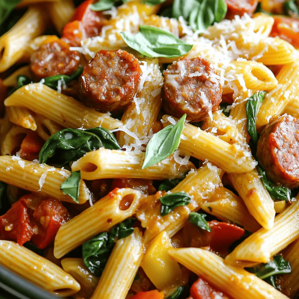 To make this dish, you need the following ingredients: - 8 ounces penne pasta - 1 tablespoon olive oil - 12 ounces smoked sausage, sliced - 1 medium onion, finely chopped - 3 cloves garlic, minced - 1 bell pepper (red or green), diced - 1 can (14.5 oz) diced tomatoes, drained - 2 cups chicken broth - 1 teaspoon Italian seasoning - 1/2 teaspoon red pepper flakes (optional, for heat) - Salt and freshly ground black pepper to taste - 1 cup fresh spinach, roughly chopped - 1/2 cup grated Parmesan cheese - Fresh basil leaves, for garnish Using fresh ingredients is key to great flavor. Fresh vegetables like bell peppers and spinach add color and crunch. They also bring a bright taste that dried or canned versions can't match. Fresh herbs, especially basil, give your dish an aromatic lift. The quality of your sausage will also impact the dish. A good smoked sausage will add depth and richness, making every bite a delight. You can boost the flavor even more with a few optional ingredients. Consider adding: - A squeeze of lemon juice for brightness - Chopped sun-dried tomatoes for a sweet bite - Extra spices like smoked paprika for a deeper flavor Feel free to mix and match based on what you love! This flexibility makes the recipe fun and personal. For the full recipe, check out the detailed steps in the cooking section. First, gather your ingredients for the One Pot Smoked Sausage Pasta. You need penne pasta, smoked sausage, onion, garlic, bell pepper, diced tomatoes, chicken broth, Italian seasoning, and spinach. Start by heating olive oil in a large pot over medium heat. Add the sliced smoked sausage and cook for about 5-7 minutes. You want it browned and warm. Next, toss in the chopped onion, diced bell pepper, and minced garlic. Sauté these for about 3-4 minutes. This makes the veggies soft and fragrant. Incorporate the drained diced tomatoes and then add the penne pasta. Stir well to mix everything. Now, pour in the chicken broth. Add the Italian seasoning and red pepper flakes if you want some heat. Make sure the pasta is fully submerged in the broth. Increase the heat to bring it to a gentle simmer. Cover the pot and reduce the heat to low. Let it cook for 12-15 minutes. Stir often to prevent any sticking. The pasta should be al dente and absorb most of the liquid. Once done, fold in the fresh spinach. Let it wilt for about 2 minutes while stirring gently. Remove the pot from heat. Stir in the grated Parmesan cheese until it melts into the pasta. Season with salt and pepper to your taste. To ensure your One Pot Smoked Sausage Pasta turns out great, follow these tips: - Cut sausages evenly: This helps them cook at the same rate. - Stir regularly: This prevents the pasta from sticking to the pot. - Taste as you go: Adjust seasoning if needed before serving. - Choose fresh spinach: It adds a vibrant color and boosts nutrition. While cooking, you can use visual aids to help guide you. Look for video tutorials online. They show each step clearly. You can also find images of the finished dish. This gives you a good idea of what your pasta should look like. If you want the full recipe, check out the detailed instructions and tips provided. It makes the cooking process even easier and more fun! When making one pot smoked sausage pasta, avoid overcooking the pasta. It should be al dente when you finish. Another mistake is not stirring often. This helps prevent the pasta from sticking to the pot. Also, be careful with the salt. The smoked sausage and broth add salt, so taste before adding more. To boost the flavors, use fresh herbs like basil or parsley. A splash of lemon juice brightens the dish. For extra heat, add more red pepper flakes. You can also mix in different cheeses like mozzarella or feta. These add creaminess and depth to every bite. If you prefer softer pasta, increase the cooking time by a few minutes. Just remember to check often. If you want a thicker sauce, cook with the lid off for the last few minutes. This allows steam to escape and thickens the sauce nicely. For the Full Recipe, check the earlier section. {{image_4}} You can change up the protein in this dish. Try chicken or shrimp for a tasty twist. Just cook them the same way as the sausage. Cooked chicken or shrimp adds a nice flavor and keeps it simple. You can also use plant-based sausage for a different taste. For a vegetarian or vegan version, skip the sausage. Instead, add more veggies like mushrooms or zucchini. You can also use chickpeas for protein. They add a great texture and flavor. Use vegetable broth instead of chicken broth for a full vegan dish. This keeps the meal hearty and satisfying. While penne pasta works great, you can swap it for other pasta shapes. Try rotini or fusilli for fun texture. Gluten-free pasta is also an option if needed. Just make sure to adjust the cooking time based on the type of pasta you choose. This way, you can enjoy this meal no matter your dietary needs. For the complete recipe, check out the [Full Recipe]. To keep your One Pot Smoked Sausage Pasta fresh, let it cool first. Place the pasta in an airtight container. Store it in the fridge if you plan to eat it within three days. Keep it away from strong-smelling foods to avoid flavor transfer. If you want to save it longer, freezing is a good option. Divide the pasta into smaller portions. Use freezer-safe bags or containers for storage. Be sure to leave some space for expansion. The pasta can last up to three months in the freezer. When you're ready to enjoy your pasta again, thaw it overnight in the fridge. For quick reheating, use a microwave or stovetop. Add a splash of chicken broth or water to keep it moist. Heat until it’s warm throughout. Enjoy your meal just as you did the first time! For the complete recipe, refer to the Full Recipe section. To make One Pot Smoked Sausage Pasta, follow these easy steps. Start by heating olive oil in a large pot. Add sliced smoked sausage and cook until browned. Stir in chopped onion, diced bell pepper, and minced garlic. Cook until the veggies are soft. Next, add drained diced tomatoes and penne pasta. Pour in chicken broth and add Italian seasoning. Bring to a simmer, cover, and cook until the pasta is tender. Finally, mix in fresh spinach and grated Parmesan. Serve warm with basil on top. Yes, you can use different sausages! Options like kielbasa, chicken sausage, or turkey sausage work well. Each type will add its own unique flavor. Just slice them and cook them the same way as the smoked sausage. Adjust the cooking time if needed. You can serve One Pot Smoked Sausage Pasta with a simple salad. A green salad with vinaigrette is a great choice. Garlic bread is another tasty side. You can also pair it with roasted vegetables for a healthy touch. For dessert, consider a light fruit salad to finish the meal. For the full recipe, check out the details above. In this blog post, we covered all the key points for making One Pot Smoked Sausage Pasta. You learned about fresh ingredients and optional items that add flavor. Step-by-step instructions helped you grasp the cooking process. Tips highlighted common mistakes and flavor enhancements. We also shared storage tips for leftovers and answered common questions. Now, you have every tool to create a delicious dish. Enjoy cooking and sharing your tasty meal!