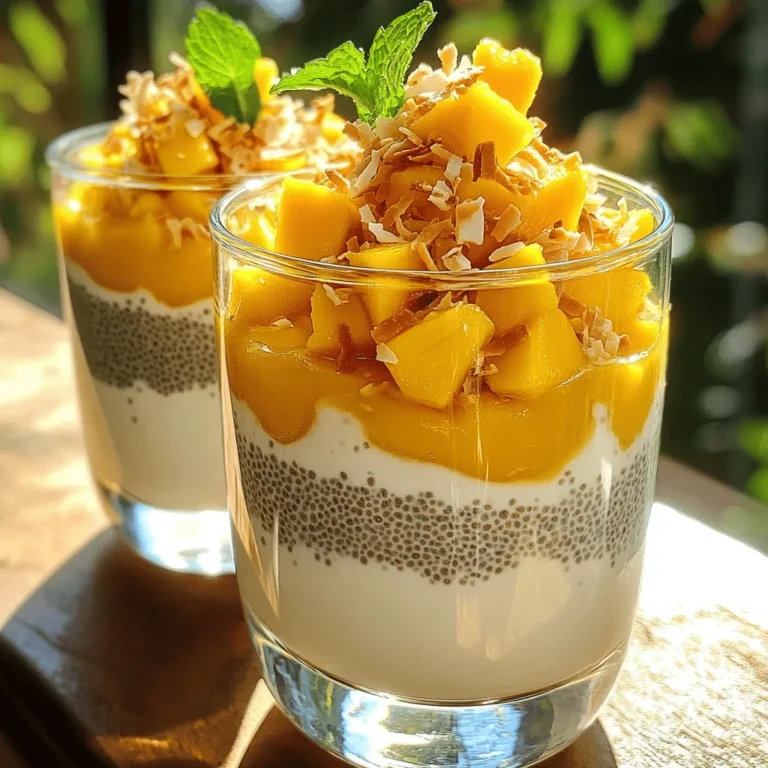To make this tasty treat, gather these key items: - 1 cup coconut milk (canned for richness or boxed for lightness) - 1/2 cup almond milk (or any plant-based milk of your choice) - 1/4 cup chia seeds - 2 tablespoons maple syrup (or honey for sweetness) - 1 teaspoon vanilla extract (pure for best flavor) - 1 ripe mango, diced into bite-sized pieces - Toasted coconut flakes, for a delightful garnish - Fresh mint leaves, for a refreshing touch on top These ingredients blend to create a creamy texture that is both smooth and satisfying. You can customize your pudding with fun extras. Consider adding: - A pinch of sea salt to enhance sweetness - A dash of cinnamon for a warm, spicy kick - A handful of berries for added color and tartness - A scoop of nut butter for richness and protein These add-ins can change the flavor and make it your own. If you have dietary needs, don't worry! Here are some easy swaps: - Use oat milk or soy milk instead of almond milk for nut-free options. - Replace maple syrup with agave nectar for a vegan-friendly sweetener. - Swap chia seeds with flaxseeds if you prefer them. These substitutions ensure everyone can enjoy this mango coconut chia pudding. For the full recipe, check back to see how to bring it all together! Start by gathering your ingredients. You need coconut milk, almond milk, chia seeds, maple syrup, and vanilla extract. In a medium bowl, mix the coconut milk and almond milk. Then add the chia seeds, maple syrup, and vanilla extract. Use a whisk to blend everything well. Make sure the chia seeds are evenly spread and there are no clumps. This step is key to a smooth pudding. Once your mixture is ready, cover the bowl with plastic wrap or a lid. Place it in the refrigerator. Let it chill for at least four hours, but overnight is best. This time allows the chia seeds to soak up the liquid. They will expand and create a thick, creamy texture. Remember, the longer you chill, the better the consistency. When you're ready to serve, take the pudding out of the fridge. Stir it well to break up any clumps. Spoon the chia pudding into bowls or jars. Next, add a layer of diced mango on top. This adds a pop of color and flavor. For extra flair, sprinkle toasted coconut flakes and add fresh mint leaves. Serve in clear glasses if you want to show off those lovely layers. You can find the full recipe details above. To get the best chia pudding, let it rest. After mixing, cover the bowl and chill it. Four hours is good, but overnight is better. This time allows the chia seeds to soak up the liquid. They will swell and create that lovely pudding texture. Stir the mixture again after chilling. This breaks any clumps and ensures a smooth consistency. The sweetness in your pudding can change based on your taste. I suggest starting with two tablespoons of maple syrup. Taste the mixture before chilling. If you want it sweeter, add more syrup or honey. You can also try using ripe fruit. It adds natural sweetness without extra sugar. Mango and coconut are a perfect pair, but you can mix it up! Add berries for a tart kick. Pineapple gives it a tropical twist. You can also try a hint of lime or ginger for zest. These flavors blend well with the creamy pudding. Enjoy experimenting to create your favorite combinations. For the full recipe, check out the instructions above! {{image_4}} You can add other fruits to your mango coconut chia pudding. Try diced pineapple for a sweet twist. Sliced bananas add a creamy texture. Kiwi brings a tart kick that pairs well with mango. You can also mix berries for a burst of color and flavor. Each fruit adds its own taste, making each spoonful exciting. If you want a vegan version, stick with coconut and almond milk. You can swap almond milk for oat milk if you need a nut-free option. Maple syrup works great as a sweetener. If you want a sugar-free choice, use mashed ripe bananas. This keeps the pudding sweet and creamy while fitting your diet. To make your pudding pop, use toppings like toasted coconut flakes. They add a crunchy texture. Fresh mint leaves offer a refreshing hint. You can also drizzle extra maple syrup for more sweetness. A sprinkle of cinnamon or nutmeg can give a warm flavor. These small touches make your dish not just tasty but also beautiful. Store your leftover mango coconut chia pudding in an airtight container. This helps keep it fresh and tasty. If you use a glass jar, it makes it easy to see the layers. Keep it in the fridge and try to eat it within three days for the best flavor. Chia pudding can last about five days in the fridge. The chia seeds absorb moisture, so the pudding stays thick and creamy. If you notice any changes in smell or texture, it’s best to toss it out. Always trust your senses! You can freeze chia pudding for later. Just pour it into ice cube trays or small containers. Leave some space at the top, as it will expand when frozen. When you want to eat it, thaw it in the fridge overnight. Enjoy your delicious treat whenever you want! For the full recipe, check out the delicious instructions above. Chia seeds are small but mighty. They are rich in fiber, protein, and healthy fats. When you soak them, they expand and create a gel-like texture. This helps the pudding become thick and creamy. Chia seeds also provide a boost of energy. They can keep you full longer, making them a great addition to breakfast or snacks. Yes, you can! This pudding is perfect for meal prep. You can make it up to three days ahead. Just keep it in the fridge. The flavors will blend nicely, and the pudding will remain fresh. This makes it easy to grab a quick snack or breakfast. You can easily adjust the recipe to fit your needs. Want to make less? Just halve the ingredients. Need more? Double them! Use a measuring cup to keep track. This recipe is very flexible, so you can make just what you need. Absolutely! This pudding packs a lot of nutrition. It is full of healthy fats from coconut and chia seeds. It also has vitamins from fresh mango. The natural sweeteners, like maple syrup, keep it wholesome. Enjoy this treat guilt-free as a nutritious dessert or snack. For the complete recipe, check the [Full Recipe]. Mango Coconut Chia Pudding is easy and fun to make. We explored the main ingredients, add-ins, and substitutions. I shared steps for preparing, chilling, and serving the pudding. Tips for consistency and sweetness help you customize your dish. We also discussed variations and storage methods. Now you can enjoy this healthy treat anytime. Get creative and make it your own!