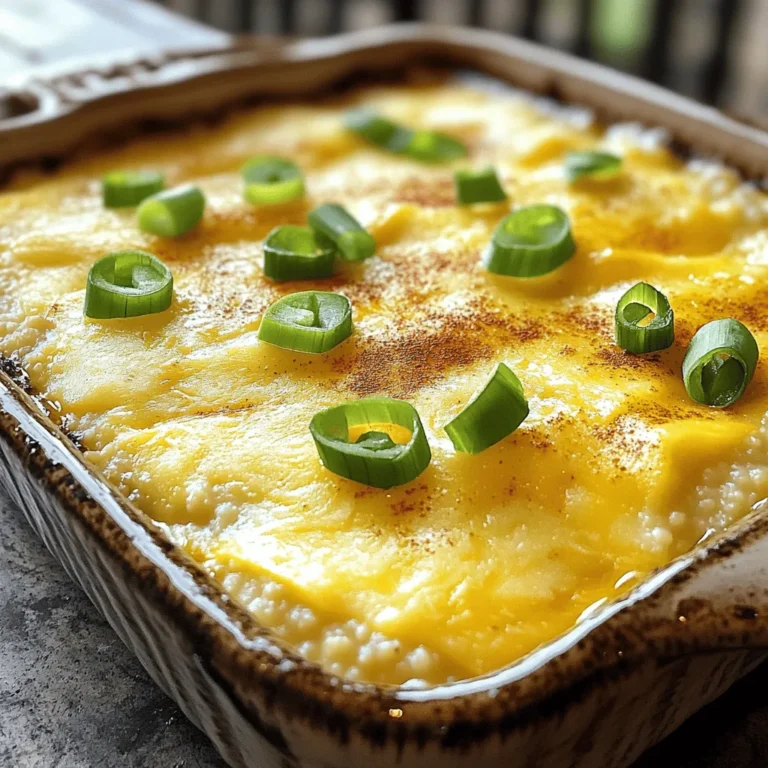 To make Baked Gouda Cheese Grits, you will need these main ingredients: - 1 cup stone-ground grits - 4 cups chicken or vegetable broth - 1 cup shredded Gouda cheese - 1 cup milk - 1/2 cup heavy cream - 1/2 teaspoon smoked paprika - 1/4 teaspoon cayenne pepper - 1/2 teaspoon garlic powder - 1/2 teaspoon salt - 1/4 teaspoon freshly ground black pepper - 2 tablespoons unsalted butter - 2 green onions, finely sliced (for garnish) If you lack some ingredients, here are possible substitutions: - Use low-sodium broth for a healthier option. - Swap Gouda with cheddar or fontina for a new flavor. - Replace heavy cream with half-and-half for a lighter dish. For quality, I recommend these brands: - For grits, look for Anson Mills or Bob's Red Mill. - Try Tillamook for cheese. - Organic Valley offers good milk and cream. These simple choices will help you create a rich and tasty dish. Enjoy the creamy delight of Baked Gouda Cheese Grits! For the full recipe, check the section above. To make Baked Gouda Cheese Grits, you start with a few simple steps. First, preheat your oven to 350°F (175°C). This temperature will help the grits bake evenly. Grease your baking dish with butter to avoid sticking. Next, bring four cups of chicken or vegetable broth to a boil in a large saucepan. This broth adds flavor and richness to the grits. Once the broth is boiling, whisk in one cup of stone-ground grits. Make sure to stir well to avoid lumps. Cook the grits on low heat for about 5-7 minutes. The right texture is creamy and thick, so keep stirring until you reach this point. After that, take the saucepan off the heat and mix in two tablespoons of unsalted butter until it melts smoothly. Now, add one cup of milk, half a cup of heavy cream, and one cup of shredded Gouda cheese. Include half a teaspoon of smoked paprika, a quarter teaspoon of cayenne pepper, half a teaspoon of garlic powder, and some salt and pepper. Stir until all ingredients blend well and the cheese melts. Pour the creamy grit mixture into your greased baking dish. Make sure it’s smooth on top. Place the dish in the oven and bake for 30-35 minutes. You want the top to be golden brown and bubbly. To check if it's done, look for that golden color. You can also gently shake the dish; if it jiggles a bit and is firm, it’s ready. Once baked, take the dish out and let it cool for a few minutes. This helps the grits set up nicely. Finally, garnish with two finely sliced green onions for a pop of color and freshness. Enjoy your baked Gouda cheese grits warm. They make a great side or a comforting main dish. For the full recipe, refer to the details provided earlier. Common mistakes to avoid One common mistake is using instant grits instead of stone-ground grits. Instant grits can lead to a watery dish. Another mistake is not stirring enough. Grits need constant stirring to avoid lumps. Lastly, don’t rush the cheese melting process. If you add cheese too fast, it won't blend well. How to achieve the best creamy texture For creamy grits, use high-quality broth. A rich broth adds flavor and depth. Mixing in heavy cream and milk is key too. This combination gives a rich texture. Always whisk the grits slowly into boiling broth. This helps keep them smooth. Let them cook until they thicken, stirring often. Recommended tools for effective cooking Use a heavy-bottom saucepan. This helps distribute heat evenly. A whisk is essential for mixing grits smoothly. A spatula is great for spreading the mixture in the baking dish. Finally, a good baking dish is important too. A medium-sized, oven-safe dish works best for even baking. Ways to elevate your dish as a main course You can serve baked Gouda cheese grits as a main dish by adding proteins. Consider shrimp or crispy bacon on top. For a vegetarian option, add sautéed mushrooms or spinach. Both will complement the creamy grits well. Pairings for ideal side dishes or beverages Baked Gouda cheese grits pair nicely with a fresh salad. A simple green salad with vinaigrette works great. For beverages, try a light white wine or iced tea. Both refresh the palate without overpowering the dish. Creative presentation ideas for serving For a beautiful presentation, use a large spoon to serve. Add a sprinkle of green onions on top for color. You can also serve in individual ramekins for a fun twist. This makes each serving special and adds to the dining experience. For the Full Recipe, you can find all the details you need to create this comforting dish. {{image_4}} You can mix up your Baked Gouda Cheese Grits with fun flavors. Here are some ideas: - Different Cheeses: Swap Gouda for cheddar, Monterey Jack, or fontina. Each cheese gives a unique taste. - Herbs and Spices: Add fresh herbs like thyme or rosemary for more aroma. You can also experiment with spices like cumin or nutmeg for warmth. - Make it Spicy or Mild: To add heat, increase the cayenne pepper or add diced jalapeños. For a milder taste, skip the cayenne and use sweet paprika instead. You can easily adapt this dish for different diets. - Gluten-Free: Use gluten-free grits instead of regular ones. Most grits are naturally gluten-free, but check the package to be sure. - Dairy-Free: Replace milk and cream with almond milk or coconut cream. Nutritional yeast can add a cheesy flavor without dairy. - Vegan Alternatives: For cheese, try cashew cheese or store-bought vegan cheese. These options work well in the recipe. Feel free to experiment with these variations to find what suits your taste! For the complete recipe, check out the Full Recipe. To keep your baked Gouda cheese grits fresh, store them in an airtight container. You can refrigerate them for up to three days. If you want to keep them longer, freeze them. In the freezer, they last for about two months. Just make sure to let them cool fully before you freeze. This helps prevent ice crystals from forming. When you're ready to enjoy your leftovers, reheating is key. You can use the oven or microwave. If using the oven, preheat it to 350°F (175°C). Place the grits in an oven-safe dish, cover it with foil, and heat for about 20 minutes. This keeps the texture nice. If you prefer the microwave, heat in short bursts. Stir every minute to warm evenly. To refresh the flavors, add a splash of milk or cream while reheating. This will make them creamy again. Enjoy your comforting dish every time! What are the best grits to use for this recipe? I recommend stone-ground grits. They have a great texture and flavor. They bring a nice creaminess to the dish. Instant grits do not give the same taste. Can I make Baked Gouda Cheese Grits ahead of time? Yes, you can prepare the grits in advance. Just bake them when you are ready to serve. Store the uncooked mixture in the fridge for up to two days. What dishes pair well with Baked Gouda Cheese Grits? These grits work well with fried chicken, shrimp, or grilled vegetables. They also taste great with a fresh salad. Can Baked Gouda Cheese Grits be served cold? I do not recommend serving them cold. They taste best warm and creamy. Cold grits lose their texture and flavor. How do I modify the recipe for larger gatherings? To serve more people, double the recipe and use a larger baking dish. Adjust the baking time for a larger volume. What nutritional information should I consider? Baked Gouda Cheese Grits are rich in calories due to cheese and cream. Each serving is filling and satisfying. Consider portion sizes if you watch your intake. For the full recipe, check out [Full Recipe]. Baked Gouda Cheese Grits are a delightful dish rich in flavor and texture. We discussed the key ingredients, how to prepare and bake them, plus tips to perfect your dish. You can also adjust the recipe for dietary needs or add extra flavors. Overall, mastering this recipe will impress your guests and satisfy your cravings. Enjoy creating a creamy, cheesy meal that reflects your personal taste. Happy cooking!