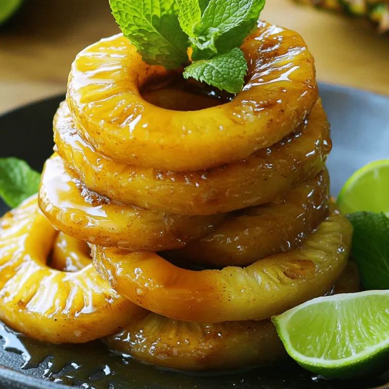 - 1 ripe pineapple, peeled and sliced into thick rings - 1/4 cup honey - 1 tablespoon coconut oil, melted - 1 teaspoon ground cinnamon - 1/2 teaspoon vanilla extract - A pinch of sea salt - Fresh mint leaves, for garnish - Lime wedges, for serving - You can swap honey for maple syrup if you want a vegan option. - Use coconut oil for a light flavor, or choose butter for a richer taste. - For a twist, try nutmeg or ginger instead of cinnamon. These ingredient substitutions can help you customize the roasted pineapple to your taste. Each option brings its own unique flavor. So, feel free to mix it up! You can use the full recipe to guide you through the process. First, you need to preheat your oven to 425°F (220°C). This helps the pineapple roast perfectly. Next, line a baking sheet with parchment paper. This will stop the pineapple from sticking and make cleanup fast. To slice the pineapple, start by cutting off the top and bottom. Stand the pineapple upright and slice off the skin in long strips. Then, cut the fruit into thick rings, about 1 inch thick. Make sure to remove the tough core from each ring. In a small bowl, mix together the honey, melted coconut oil, ground cinnamon, vanilla extract, and a pinch of sea salt. Whisk until everything blends well. The glaze should be smooth and easy to spread. If it feels too thick, add a tiny bit of warm water to thin it out. Now, lay the pineapple rings on the prepared baking sheet. Make sure they sit in a single layer without touching. Use a pastry brush to coat each ring with the honey glaze. Cover them well for the best taste. Put the baking sheet in the oven and roast the pineapple for about 20 minutes. Halfway through, flip the rings gently. This will help them caramelize evenly. You want them to turn golden brown with a slight char around the edges. Once they finish roasting, take the baking sheet out of the oven. Let the pineapple cool for a few minutes. For serving, place the warm rings on a platter or individual plates. Garnish with fresh mint leaves for color. Add lime wedges on the side. The lime juice gives a fresh, zesty kick to each bite. For a fun twist, stack the roasted pineapple rings in a pyramid shape. Drizzle any leftover honey glaze on top for extra sweetness. Enjoy your Roasted Pineapple with Honey Glaze Delightful Treat! You can find the Full Recipe above. To get the best roasted pineapple, set your oven to 425°F (220°C). This high heat helps caramelize the sugars in the pineapple. Roast the pineapple for about 20 minutes. Flipping the rings halfway through cooking is key. This step ensures each side cooks evenly and gets that perfect golden brown color. You want to see some char for added flavor! While roasted pineapple is tasty on its own, pairing it with other flavors makes it even better. Try serving it with grilled meats or fish for a delicious meal. It goes well with coconut rice, too! For a special touch, add chopped nuts like almonds or pecans. You can also top with a dollop of yogurt. This adds creaminess and a nice contrast to the sweet pineapple. Roasted pineapple is not just tasty; it's healthy, too! A serving has about 100 calories. It packs vitamins and fiber, making it a great dessert option. If you're gluten-free, this dish is perfect for you. For vegans, simply swap honey for maple syrup in the glaze. This keeps the dish sweet and plant-based. For full details on how to make this dish, check out the Full Recipe. {{image_4}} You can add a fun twist to your roasted pineapple. Try mixing in fresh fruit like mango or kiwi. These fruits add a bright flavor and a colorful look. You can also spice things up by adding chili powder. This adds a warm kick that surprises your taste buds. Seasonal flavors can make your dish even better. Try infusing fresh herbs like rosemary or using seasonal fruits like berries. This will give your roasted pineapple a unique taste. For holiday fun, add warm spices like cinnamon and clove. These spices can bring a cozy feel to your dish. Roasted pineapple is great on its own, but it shines as a dessert topping. You can serve it over ice cream or yogurt for a tasty treat. This combination works well for different occasions, from summer BBQs to winter gatherings. Try drizzling extra honey glaze over the top for more sweetness. This will make your dish even more delightful! For the full recipe, check out the details above. To store leftover roasted pineapple, let it cool first. Place the slices in an airtight container. This keeps the pineapple fresh and juicy. Roasted pineapple will last in the fridge for about 3 to 5 days. Make sure to eat it within this time to enjoy the best flavor. If you want to save roasted pineapple for later, freezing is an option. First, let the pineapple cool completely. Then, arrange the slices in a single layer on a baking sheet. Freeze them for about 2 hours. Once frozen, transfer the slices to a freezer-safe bag. Remove as much air as possible to prevent freezer burn. Frozen pineapple works well in smoothies or as a topping for desserts. Use it within 6 months for the best taste. When reheating roasted pineapple, keep its texture in mind. To do this, use the oven or a microwave. To reheat in the oven, set it to 350°F (175°C). Place the pineapple on a baking sheet and warm it for about 10 minutes. This method keeps it soft yet firm. If you use a microwave, heat it in short bursts of 15 to 20 seconds. Check it often to avoid overheating. Enjoy your roasted pineapple again without losing its yumminess! Look for a golden brown color. The edges should have a slight char. You want the pineapple to feel soft but not mushy. The aroma will be sweet and inviting. These signs show that your pineapple has caramelized well, enhancing its natural sugars. Yes, you can use canned pineapple. It saves time and is easy to find. However, fresh pineapple gives a better texture and flavor. Canned pineapple may be softer and less sweet. If you use canned, drain it well to avoid excess moisture. Fresh fruit generally brings a brighter taste. Roasted pineapple pairs well with many things. Try serving it with grilled meats for a savory contrast. It also goes great with vanilla ice cream for dessert. Add it to yogurt or salads for freshness. You can use it as a topping for pancakes or waffles, too. Explore these options to balance your meal. Roasting pineapple creates a sweet treat that's both easy and fun. You learned about the main ingredients and how to make a tasty honey glaze. We've discussed cooking steps and helpful tips to perfect your dish. Experiment with variations too, like adding fresh fruit or seasonal flavors. Enjoy serving this roasted delight with yogurt, ice cream, or on its own. Don't forget, you can store leftovers for later. Now, gather your ingredients and make this dish shine at your next meal!