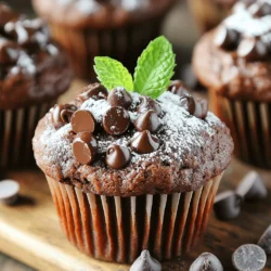 - 1 ½ cups all-purpose flour - 1 cup granulated sugar - ½ cup unsweetened cocoa powder - 1 teaspoon baking soda - ½ teaspoon baking powder - ½ teaspoon salt - 2 large eggs - ½ cup vegetable oil - 1 teaspoon pure vanilla extract - 1 cup buttermilk - 1 cup semi-sweet chocolate chips - ½ cup chopped walnuts (optional) For these chocolate muffins, you need simple ingredients. Each one plays a role. The flour gives structure, while sugar adds sweetness. Unsweetened cocoa powder brings deep chocolate flavor. Baking soda and baking powder make the muffins rise. Salt enhances the flavor. Eggs add richness and moisture. Vegetable oil keeps them soft. Vanilla extract brings warmth. Buttermilk adds tang and moisture. Chocolate chips are a must for gooey bites. Walnuts can add crunch, but they are optional. If you lack an ingredient, don’t worry! Here are some easy swaps. - Flour: You can use whole wheat flour. It gives a nutty taste. - Sugar: Brown sugar adds moisture and a hint of caramel. - Cocoa Powder: Use Dutch-process cocoa for a milder flavor. - Oil: Melted butter can replace oil for a richer flavor. - Buttermilk: Mix 1 tablespoon of lemon juice with milk to make buttermilk. Want to make these muffins a bit healthier? Try these ideas: - Sugar: Use coconut sugar or honey for a lower glycemic index. - Oil: Substitute oil with applesauce for less fat. - Flour: Use almond flour or oat flour for gluten-free muffins. - Chocolate Chips: Use dark chocolate chips for less sugar or add cacao nibs for a crunch. These tips can help you enjoy chocolate muffins while keeping things a little lighter. For the full recipe, follow the steps outlined in the main article. Start by preheating your oven to 350°F (175°C). This temperature will ensure even baking. While the oven heats, prepare your muffin tin. You can line it with paper liners or spray it with cooking oil. This step will help prevent your muffins from sticking. In a big bowl, sift together the dry ingredients. You need 1 ½ cups of all-purpose flour, 1 cup of granulated sugar, ½ cup of unsweetened cocoa powder, 1 teaspoon of baking soda, ½ teaspoon of baking powder, and ½ teaspoon of salt. Whisk these together until they mix well. Look for no lumps in your flour mix. This makes sure your muffins come out soft. In another bowl, crack open 2 large eggs. Add ½ cup of vegetable oil, 1 teaspoon of pure vanilla extract, and 1 cup of buttermilk. If you don’t have buttermilk, you can make some by adding 1 tablespoon of lemon juice to 1 cup of milk. Whisk these wet ingredients until they blend smoothly. Pour the wet mix into the bowl with the dry mix. Use a spatula to gently stir them together. This is the key part! You want to mix just until combined, so the batter stays slightly lumpy. Then, fold in 1 cup of semi-sweet chocolate chips. If you like nuts, add ½ cup of chopped walnuts too. This gives a nice crunch and flavor. Grab a spoon or ice cream scoop to fill each muffin cup. Fill them about ¾ full for the best rise. Place the muffin tin in the oven and bake for 18-20 minutes. To check if they are done, insert a toothpick into the center of a muffin. It should come out clean or with a few moist crumbs. Once baked, take the muffins out of the oven. Let them cool in the tin for about 5 minutes. Then, move them to a wire rack to cool completely. This allows air to circulate around them. When serving, you can dust them lightly with powdered sugar for a fancy touch. Enjoy your delicious chocolate muffins! For the complete recipe, refer to the full recipe section. To get a soft and fluffy texture, avoid overmixing. Stir just until wet and dry ingredients combine. Some lumps in the batter are okay. They help keep the muffins tender. Use room temperature eggs and buttermilk for the best rise. This warmth helps the muffins bake evenly. Store leftover muffins in an airtight container. They will stay fresh for about three days at room temperature. If you want to keep them longer, freeze muffins. Wrap each one in plastic wrap and place them in a freezer bag. They can last up to three months in the freezer. To enjoy, thaw at room temperature or warm them in the oven. To impress your guests, add a touch of flair. Lightly dust cooled muffins with powdered sugar. A fresh mint leaf on top adds color and flavor. Arrange them on a nice plate or stand for a beautiful display. You can also serve them with a scoop of ice cream for a special treat. Check out the Full Recipe for more details on making these delicious chocolate muffins! {{image_4}} To make vegan chocolate muffins, I swap the eggs and buttermilk. Use flaxseed meal instead of eggs. Mix one tablespoon of flaxseed with three tablespoons of water. Let it sit for five minutes to thicken. For buttermilk, mix almond milk with vinegar or lemon juice. This gives a great texture and flavor. For gluten-free muffins, I use almond flour or a gluten-free flour blend. Substitute the all-purpose flour with an equal amount of gluten-free flour. Make sure the cocoa powder is also gluten-free. This way, you can enjoy delicious muffins without gluten. You can customize your muffins with different add-ins. Here are some ideas: - Nuts: Add chopped pecans or hazelnuts. - Fruits: Try adding mashed bananas or applesauce for moisture. - Spices: A pinch of cinnamon or a dash of espresso powder enhances the chocolate flavor. - Other Chocolates: Mix in white chocolate chips or dark chocolate chunks for variety. Experiment with these variations to find your favorite! For a full recipe, check out the Choco Delight Muffins. You can store chocolate muffins at room temperature. Place them in an airtight container. They stay fresh for about 2 to 3 days. If you want to keep them longer, wrap each muffin in plastic wrap. This helps retain moisture and flavor. If you need to store muffins for up to a week, refrigeration is a good choice. Place them in an airtight container to avoid drying out. When you are ready to eat, microwave them for a few seconds to warm them up. This brings back their soft texture. Freezing muffins is a great way to save them for later. To freeze, wrap each muffin tightly in plastic wrap, then place them in a freezer bag. They can last for up to 3 months in the freezer. When you want to enjoy one, let it thaw in the fridge overnight. For a quick option, microwave it for 30 seconds. This makes them taste freshly baked. Enjoy your delicious treats anytime! For the full recipe, check out the ingredients and instructions above. To make chocolate muffins from scratch, start with simple ingredients. You need flour, sugar, cocoa powder, baking soda, baking powder, salt, eggs, vegetable oil, vanilla extract, buttermilk, chocolate chips, and walnuts. Follow the steps in the Full Recipe for a perfect treat. Mix wet and dry ingredients separately, then combine them gently. Bake at 350°F for about 18-20 minutes. The best way to store chocolate muffins is to keep them in an airtight container. This helps keep them fresh for a longer time. You can store them at room temperature for up to three days. If you want to keep them longer, place them in the fridge. Just remember to let them cool completely before storing. Yes, you can use different types of chocolate! Dark, milk, or white chocolate all work well. You can also mix them for unique flavors. Just make sure to adjust the amount of sugar based on your chocolate choice. This way, you can create a chocolate muffin that suits your taste. To ensure your muffins are moist, avoid overmixing the batter. Mix wet and dry ingredients until just combined. Also, using buttermilk adds moisture. If you want extra moisture, add a bit of applesauce or yogurt. These tips will help you bake soft and delicious muffins. If you don't have buttermilk, don't worry! You can make a simple substitute. Add one tablespoon of lemon juice or vinegar to one cup of milk. Let it sit for about five minutes before using. This will give you a great buttermilk alternative for your muffins. These chocolate muffins are a treat you can easily make at home. We covered everything from the ingredients and step-by-step instructions to tips for the perfect texture. You learned about storing and various healthy options too. With simple swaps, anyone can enjoy these delicious muffins. Experiment with flavors and make them your own. Remember, baking is fun and rewarding. Enjoy your fresh-baked muffins!