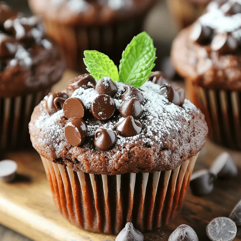 - 1 ½ cups all-purpose flour - 1 cup granulated sugar - ½ cup unsweetened cocoa powder - 1 teaspoon baking soda - ½ teaspoon baking powder - ½ teaspoon salt - 2 large eggs - ½ cup vegetable oil - 1 teaspoon pure vanilla extract - 1 cup buttermilk - 1 cup semi-sweet chocolate chips - ½ cup chopped walnuts (optional) For these chocolate muffins, you need simple ingredients. Each one plays a role. The flour gives structure, while sugar adds sweetness. Unsweetened cocoa powder brings deep chocolate flavor. Baking soda and baking powder make the muffins rise. Salt enhances the flavor. Eggs add richness and moisture. Vegetable oil keeps them soft. Vanilla extract brings warmth. Buttermilk adds tang and moisture. Chocolate chips are a must for gooey bites. Walnuts can add crunch, but they are optional. If you lack an ingredient, don’t worry! Here are some easy swaps. - Flour: You can use whole wheat flour. It gives a nutty taste. - Sugar: Brown sugar adds moisture and a hint of caramel. - Cocoa Powder: Use Dutch-process cocoa for a milder flavor. - Oil: Melted butter can replace oil for a richer flavor. - Buttermilk: Mix 1 tablespoon of lemon juice with milk to make buttermilk. Want to make these muffins a bit healthier? Try these ideas: - Sugar: Use coconut sugar or honey for a lower glycemic index. - Oil: Substitute oil with applesauce for less fat. - Flour: Use almond flour or oat flour for gluten-free muffins. - Chocolate Chips: Use dark chocolate chips for less sugar or add cacao nibs for a crunch. These tips can help you enjoy chocolate muffins while keeping things a little lighter. For the full recipe, follow the steps outlined in the main article. Start by preheating your oven to 350°F (175°C). This temperature will ensure even baking. While the oven heats, prepare your muffin tin. You can line it with paper liners or spray it with cooking oil. This step will help prevent your muffins from sticking. In a big bowl, sift together the dry ingredients. You need 1 ½ cups of all-purpose flour, 1 cup of granulated sugar, ½ cup of unsweetened cocoa powder, 1 teaspoon of baking soda, ½ teaspoon of baking powder, and ½ teaspoon of salt. Whisk these together until they mix well. Look for no lumps in your flour mix. This makes sure your muffins come out soft. In another bowl, crack open 2 large eggs. Add ½ cup of vegetable oil, 1 teaspoon of pure vanilla extract, and 1 cup of buttermilk. If you don’t have buttermilk, you can make some by adding 1 tablespoon of lemon juice to 1 cup of milk. Whisk these wet ingredients until they blend smoothly. Pour the wet mix into the bowl with the dry mix. Use a spatula to gently stir them together. This is the key part! You want to mix just until combined, so the batter stays slightly lumpy. Then, fold in 1 cup of semi-sweet chocolate chips. If you like nuts, add ½ cup of chopped walnuts too. This gives a nice crunch and flavor. Grab a spoon or ice cream scoop to fill each muffin cup. Fill them about ¾ full for the best rise. Place the muffin tin in the oven and bake for 18-20 minutes. To check if they are done, insert a toothpick into the center of a muffin. It should come out clean or with a few moist crumbs. Once baked, take the muffins out of the oven. Let them cool in the tin for about 5 minutes. Then, move them to a wire rack to cool completely. This allows air to circulate around them. When serving, you can dust them lightly with powdered sugar for a fancy touch. Enjoy your delicious chocolate muffins! For the complete recipe, refer to the full recipe section. To get a soft and fluffy texture, avoid overmixing. Stir just until wet and dry ingredients combine. Some lumps in the batter are okay. They help keep the muffins tender. Use room temperature eggs and buttermilk for the best rise. This warmth helps the muffins bake evenly. Store leftover muffins in an airtight container. They will stay fresh for about three days at room temperature. If you want to keep them longer, freeze muffins. Wrap each one in plastic wrap and place them in a freezer bag. They can last up to three months in the freezer. To enjoy, thaw at room temperature or warm them in the oven. To impress your guests, add a touch of flair. Lightly dust cooled muffins with powdered sugar. A fresh mint leaf on top adds color and flavor. Arrange them on a nice plate or stand for a beautiful display. You can also serve them with a scoop of ice cream for a special treat. Check out the Full Recipe for more details on making these delicious chocolate muffins! {{image_4}} To make vegan chocolate muffins, I swap the eggs and buttermilk. Use flaxseed meal instead of eggs. Mix one tablespoon of flaxseed with three tablespoons of water. Let it sit for five minutes to thicken. For buttermilk, mix almond milk with vinegar or lemon juice. This gives a great texture and flavor. For gluten-free muffins, I use almond flour or a gluten-free flour blend. Substitute the all-purpose flour with an equal amount of gluten-free flour. Make sure the cocoa powder is also gluten-free. This way, you can enjoy delicious muffins without gluten. You can customize your muffins with different add-ins. Here are some ideas: - Nuts: Add chopped pecans or hazelnuts. - Fruits: Try adding mashed bananas or applesauce for moisture. - Spices: A pinch of cinnamon or a dash of espresso powder enhances the chocolate flavor. - Other Chocolates: Mix in white chocolate chips or dark chocolate chunks for variety. Experiment with these variations to find your favorite! For a full recipe, check out the Choco Delight Muffins. You can store chocolate muffins at room temperature. Place them in an airtight container. They stay fresh for about 2 to 3 days. If you want to keep them longer, wrap each muffin in plastic wrap. This helps retain moisture and flavor. If you need to store muffins for up to a week, refrigeration is a good choice. Place them in an airtight container to avoid drying out. When you are ready to eat, microwave them for a few seconds to warm them up. This brings back their soft texture. Freezing muffins is a great way to save them for later. To freeze, wrap each muffin tightly in plastic wrap, then place them in a freezer bag. They can last for up to 3 months in the freezer. When you want to enjoy one, let it thaw in the fridge overnight. For a quick option, microwave it for 30 seconds. This makes them taste freshly baked. Enjoy your delicious treats anytime! For the full recipe, check out the ingredients and instructions above. To make chocolate muffins from scratch, start with simple ingredients. You need flour, sugar, cocoa powder, baking soda, baking powder, salt, eggs, vegetable oil, vanilla extract, buttermilk, chocolate chips, and walnuts. Follow the steps in the Full Recipe for a perfect treat. Mix wet and dry ingredients separately, then combine them gently. Bake at 350°F for about 18-20 minutes. The best way to store chocolate muffins is to keep them in an airtight container. This helps keep them fresh for a longer time. You can store them at room temperature for up to three days. If you want to keep them longer, place them in the fridge. Just remember to let them cool completely before storing. Yes, you can use different types of chocolate! Dark, milk, or white chocolate all work well. You can also mix them for unique flavors. Just make sure to adjust the amount of sugar based on your chocolate choice. This way, you can create a chocolate muffin that suits your taste. To ensure your muffins are moist, avoid overmixing the batter. Mix wet and dry ingredients until just combined. Also, using buttermilk adds moisture. If you want extra moisture, add a bit of applesauce or yogurt. These tips will help you bake soft and delicious muffins. If you don't have buttermilk, don't worry! You can make a simple substitute. Add one tablespoon of lemon juice or vinegar to one cup of milk. Let it sit for about five minutes before using. This will give you a great buttermilk alternative for your muffins. These chocolate muffins are a treat you can easily make at home. We covered everything from the ingredients and step-by-step instructions to tips for the perfect texture. You learned about storing and various healthy options too. With simple swaps, anyone can enjoy these delicious muffins. Experiment with flavors and make them your own. Remember, baking is fun and rewarding. Enjoy your fresh-baked muffins!
