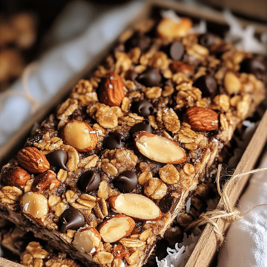 To make tasty granola bars, you need a few key items. Here’s what I use: - 2 cups rolled oats - 1 cup mixed nuts (almonds, walnuts, pecans), coarsely chopped These rolled oats give a great base. They add fiber and keep you full. The mixed nuts add crunch and healthy fats. Next, we need to bind our bars together. Here are the sweeteners and binders I recommend: - ½ cup honey or maple syrup - ½ cup natural peanut butter or almond butter Honey or maple syrup adds sweetness. The nut butter helps hold everything together. You can mix it up based on your taste. Finally, let’s add some fun flavors. These extras really make the bars pop: - ½ cup dark chocolate chips - ¼ cup unsweetened coconut flakes Dark chocolate chips add a rich taste. Coconut flakes give a nice texture. You can even add dried fruits for more flavor if you like. For the full recipe, you can explore the Nutty Chocolate Bliss Granola Bars. - Preheat your oven to 350°F (175°C). - Line an 8x8-inch baking dish with parchment paper. Leave some paper hanging out for easy lifting later. - In a large bowl, combine 2 cups of rolled oats, 1 cup of chopped mixed nuts, and ¼ cup of coconut flakes. - Add in ½ teaspoon of sea salt and ½ teaspoon of ground cinnamon. Mix them well to blend the flavors. - In a microwave-safe bowl, combine ½ cup of honey (or maple syrup) and ½ cup of peanut butter. - Microwave for about 30 seconds. Stir until smooth. Then add 1 teaspoon of pure vanilla extract and mix it all together. - Pour the wet mixture over the dry ingredients. Mix well to coat everything evenly. - Gently fold in ½ cup of dark chocolate chips and ¼ cup of dried fruits, if you like, making sure they are spread out. - Transfer the mixture into the prepared baking dish. Press it down firmly to form an even layer. - Bake in the oven for 20-25 minutes. Look for golden edges, and make sure the center feels set. - Let the dish cool for about 10 minutes. Use the hanging parchment paper to lift the granola out. Place it on a cutting board to cool completely. - Once cool, cut into the desired size bars. You can store them in an airtight container for up to a week or freeze them for later use. For the full recipe, check the details above. To get the best texture in your granola bars, packing the mixture tightly is key. When you press down hard, it helps the bars stick together. If you want chewy bars, bake them for about 20 minutes. For crunchy bars, keep them in the oven for 25 minutes. Watch the edges; they should turn golden brown. You can make these granola bars your own! Add seeds, like chia or flax, for extra crunch. You can also sprinkle in some spices, such as nutmeg or ginger, for extra flavor. If you want to make nut-free bars, swap the nuts for sunflower seeds or pumpkin seeds. This keeps the taste great without allergens. How you present your bars can make them more fun! Use vibrant snack boxes to show them off. You can also wrap each bar in parchment paper. Tie it with twine for a cute gift. Adding a tag with the ingredients makes it personal and special. For the full recipe, check the details earlier. Enjoy your tasty creation! {{image_4}} You can change up the flavor of your granola bars easily. Adding different types of chocolate can give new tastes. Try using milk chocolate or white chocolate chips instead of dark chocolate. Each type adds a unique sweetness. Switching nut butters also helps. You can use cashew butter or sunbutter instead of peanut butter. This change will create a new flavor profile. Plus, it's fun to experiment with different combinations! Do you want a vegan option? Replace honey with agave syrup. This swap keeps the bars sweet without using animal products. If you have nut allergies, swap nuts for seeds. Use pumpkin seeds or sunflower seeds instead. This change keeps your bars tasty and safe for everyone to enjoy. Seasonal ingredients can add fun flavors to your granola bars. For holidays, incorporate dried fruits like cranberries or apricots. These fruits bring a festive touch to your snack. You can also use seasonal spices. Try adding pumpkin spice in the fall or peppermint in the winter. These spices will make your granola bars feel special for each season. For the full recipe, check out the Nutty Chocolate Bliss Granola Bars 🥜 recipe. To keep your granola bars fresh, use airtight containers. You want to prevent air from getting in. This helps keep them chewy and tasty. Store them at room temperature if you eat them within a week. If you want them to last longer, consider freezing them. Freezing granola bars is easy. First, cut them into desired sizes. Then, wrap each bar in plastic wrap or foil. Place them in a freezer-safe bag or container. Make sure to label the bag with the date. To thaw, leave them out at room temperature for a few hours. If you want to keep them fresh, avoid using the microwave, as this can make them dry. Check for spoilage by looking for any off smells or unusual texture. If your bars feel hard and dry, they may be over-baked. To revive them, try wrapping them in a damp paper towel and microwaving for a few seconds. This can help restore some moisture and improve their taste. For the full recipe, check out the Nutty Chocolate Bliss Granola Bars. You can use seeds like pumpkin or sunflower seeds. You could also add more oats or use dried fruit. For a nut-free recipe, try this: - 2 cups rolled oats - ½ cup sunflower seeds - ½ cup honey or maple syrup - ½ cup sunflower seed butter - ½ cup dark chocolate chips - ¼ cup unsweetened coconut flakes Mix the seeds and oats, then follow the steps in the Full Recipe. This keeps the bars tasty and crunchy! Yes, but the texture will change. Quick oats may make the bars softer. Rolled oats give a chewier bite. Here are the pros and cons: - Quick Oats Pros: Cooks faster, smoother texture - Quick Oats Cons: Softer bars, less chew - Rolled Oats Pros: Chewy texture, holds shape - Rolled Oats Cons: Takes longer to mix If you want chewy bars, stick with rolled oats! Homemade granola bars last about one week at room temperature. If you store them in the fridge, they can last longer, up to two weeks. Keep them in an airtight container to avoid moisture. To cut granola bars without crumbling, wait until they cool completely. Use a sharp knife for clean edges. You can also score the bars before they cool. This helps guide your cuts later. Yes! Use gluten-free rolled oats. Make sure other ingredients like chocolate and sweeteners are also gluten-free. Adjust the recipe as needed, and enjoy your tasty bars! You now have a complete guide to making delicious granola bars. We covered essential ingredients like rolled oats and mixed nuts. Then, I shared easy steps for mixing and baking. You learned tips for texture and creativity. Plus, we discussed how to store and customize your bars. Remember, homemade granola bars are tasty and fun to make. Enjoy experimenting with flavors and share them with friends! Happy snacking!