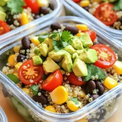To make tasty and easy quinoa bowls, gather these ingredients: - 1 cup quinoa, thoroughly rinsed - 2 cups vegetable broth or water - 1 can (15 oz) black beans, well rinsed and drained - 1 vibrant red bell pepper, diced into bite-sized pieces - 1 cup cherry tomatoes, halved - 1 cup corn kernels (fresh or frozen) - 1 ripe avocado, diced - 1/4 cup fresh cilantro, finely chopped - Juice of 1 lime - 2 tablespoons extra virgin olive oil - 1 teaspoon ground cumin - 1 teaspoon smoked paprika - Salt and freshly ground black pepper to taste - Optional: hot sauce or salsa for an added kick These ingredients make a colorful dish. You can mix and match as you like, but this list gives you a great start. Each item adds flavor and nutrition. Feel free to add more veggies or proteins based on your taste! For the full recipe, check out Meal Prep Magic: Colorful Quinoa Bowls. 1. First, boil 2 cups of vegetable broth or water in a medium pot. 2. Once it boils, add 1 cup of rinsed quinoa. Stir it briefly. 3. Cover the pot with a lid, reduce the heat to low, and let it simmer for about 15 minutes. 4. After 15 minutes, remove it from heat. Let it sit covered for another 5 minutes. 5. Finally, fluff the quinoa with a fork and let it cool. 1. In a small bowl, combine the juice of 1 lime, 2 tablespoons of olive oil, and your spices. 2. Add 1 teaspoon of ground cumin and 1 teaspoon of smoked paprika. 3. Whisk everything together until it blends well. 1. In a large bowl, mix the cooked quinoa with rinsed black beans and vegetables. 2. Add 1 diced red bell pepper, 1 cup of halved cherry tomatoes, and 1 cup of corn. 3. Toss in 1/4 cup of chopped cilantro for extra flavor. 4. Drizzle the dressing over the mixture and toss gently. 5. Portion it into containers, leaving space for diced avocado. 6. Add avocado on top before sealing the containers. For a full recipe, check out Meal Prep Magic: Colorful Quinoa Bowls 🥗. This method helps keep your meals fresh and tasty! To make your quinoa bowls great, focus on the texture first. Rinse the quinoa well. This helps remove the bitter coating. Cook it in vegetable broth for extra flavor. Bring the broth to a boil, then add quinoa. Let it simmer until fluffy. This usually takes about 15 minutes. Next, balance flavors in your dressing. Use fresh lime juice for brightness. Olive oil adds richness. Ground cumin and smoked paprika give it depth. Mix these well, adjusting salt and pepper to taste. Chopping vegetables quickly saves time. Use a sharp knife for smooth cuts. Try cutting in batches. This makes it easier to prep meals for the week. You can also use a food processor for more speed. Invest in high-quality meal prep containers. Glass containers are great for reheating. They keep food fresh and are easy to clean. Choose containers with tight lids to avoid spills. Layering ingredients can make your bowls look stunning. Start with quinoa at the bottom. Add beans and veggies next. This creates a colorful display. Top it with diced avocado right before serving. For extra flair, add garnishes. Fresh cilantro or lime wedges work well. A sprinkle of chili flakes can add a pop of color and flavor. These small touches make your meal prep not just tasty but also appealing. {{image_4}} You can switch up your quinoa bowls with different vegetables. Spinach adds a nice green touch, while cucumbers give a fresh crunch. You can also try roasted sweet potatoes for some sweetness. For protein, grilled chicken works well. If you prefer plant-based options, tofu is a great choice. To boost flavor, play with different dressings. A balsamic vinaigrette can add a tangy kick. You might also try a creamy ranch dressing for a rich taste. Adding cheese varieties like feta or goat cheese can make your bowls even tastier. Nuts like almonds or walnuts add a nice crunch and extra nutrients. Making your meal prep vegan is easy. Just skip the cheese and use a plant-based dressing. To go gluten-free, ensure your quinoa is certified gluten-free. You can adapt the recipe for other dietary needs too. For low-carb options, replace quinoa with cauliflower rice. This keeps your bowls light and healthy. Use airtight containers to keep your quinoa bowls fresh. Glass or BPA-free plastic works well. Make sure to cool the bowls slightly before sealing. Store them in the fridge at or below 40°F. This keeps your meals safe and tasty. Your quinoa bowls last for up to 5 days in the fridge. If you want to freeze them, do it right after making. They can freeze well for up to 3 months. Just remember to leave some space in the container. This helps them expand without breaking the seal. To reheat your quinoa bowls, microwave them for 1-2 minutes. Stir halfway to ensure even heating. You can also use a stovetop. Add a splash of water to keep them moist. This way, you’ll maintain the flavor and texture. Enjoy your delicious meal without losing its charm! Yes, you can make this recipe ahead of time. I suggest prepping your colorful quinoa bowls on a Sunday. They will stay fresh for up to five days in the fridge. Cook the quinoa and mix all the veggies. Store everything in airtight containers. Add the avocado just before serving. This keeps it fresh and green. You can grab a bowl each day to enjoy a healthy meal. To keep your avocado fresh, try a few tricks. First, store it with the pit if you are using half. This helps slow browning. Second, squeeze some lemon or lime juice on the cut side. The acid slows down oxidation. Finally, wrap the avocado tightly in plastic wrap or place it in an airtight container. This helps keep it fresh longer. There are many quick meal prep ideas for busy weeks. Here are a few: - Overnight oats: Mix oats with yogurt, milk, and fruits. - Mason jar salads: Layer your favorite veggies, protein, and dressing. - Grain bowls: Use farro or brown rice, topped with veggies and protein. - Wraps: Fill tortillas with turkey, hummus, and veggies. - Soup: Make a big batch of vegetable or chicken soup to freeze. These ideas provide variety and help you stay on track with healthy eating. This blog post covered a simple and tasty quinoa bowl recipe. I shared the needed ingredients, easy steps to prepare it, and tips for meal prep. You learned how to store and reheat your bowls for freshness. Finally, I offered ways to customize your dish to suit your taste. With these ideas, you can enjoy healthy meals all week. Remember to have fun experimenting with flavors and textures. Happy cooking!