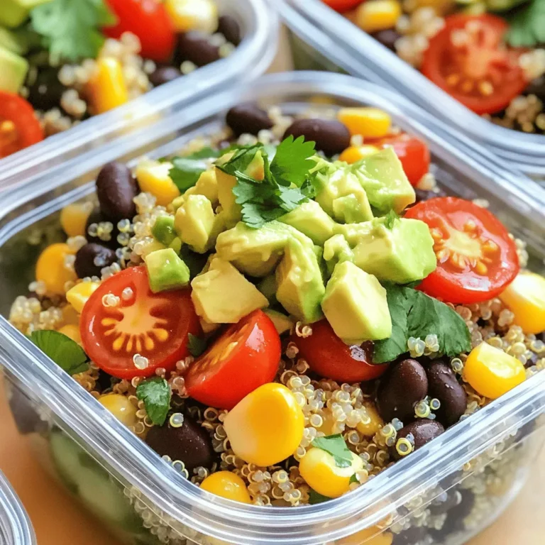 To make tasty and easy quinoa bowls, gather these ingredients: - 1 cup quinoa, thoroughly rinsed - 2 cups vegetable broth or water - 1 can (15 oz) black beans, well rinsed and drained - 1 vibrant red bell pepper, diced into bite-sized pieces - 1 cup cherry tomatoes, halved - 1 cup corn kernels (fresh or frozen) - 1 ripe avocado, diced - 1/4 cup fresh cilantro, finely chopped - Juice of 1 lime - 2 tablespoons extra virgin olive oil - 1 teaspoon ground cumin - 1 teaspoon smoked paprika - Salt and freshly ground black pepper to taste - Optional: hot sauce or salsa for an added kick These ingredients make a colorful dish. You can mix and match as you like, but this list gives you a great start. Each item adds flavor and nutrition. Feel free to add more veggies or proteins based on your taste! For the full recipe, check out Meal Prep Magic: Colorful Quinoa Bowls. 1. First, boil 2 cups of vegetable broth or water in a medium pot. 2. Once it boils, add 1 cup of rinsed quinoa. Stir it briefly. 3. Cover the pot with a lid, reduce the heat to low, and let it simmer for about 15 minutes. 4. After 15 minutes, remove it from heat. Let it sit covered for another 5 minutes. 5. Finally, fluff the quinoa with a fork and let it cool. 1. In a small bowl, combine the juice of 1 lime, 2 tablespoons of olive oil, and your spices. 2. Add 1 teaspoon of ground cumin and 1 teaspoon of smoked paprika. 3. Whisk everything together until it blends well. 1. In a large bowl, mix the cooked quinoa with rinsed black beans and vegetables. 2. Add 1 diced red bell pepper, 1 cup of halved cherry tomatoes, and 1 cup of corn. 3. Toss in 1/4 cup of chopped cilantro for extra flavor. 4. Drizzle the dressing over the mixture and toss gently. 5. Portion it into containers, leaving space for diced avocado. 6. Add avocado on top before sealing the containers. For a full recipe, check out Meal Prep Magic: Colorful Quinoa Bowls 🥗. This method helps keep your meals fresh and tasty! To make your quinoa bowls great, focus on the texture first. Rinse the quinoa well. This helps remove the bitter coating. Cook it in vegetable broth for extra flavor. Bring the broth to a boil, then add quinoa. Let it simmer until fluffy. This usually takes about 15 minutes. Next, balance flavors in your dressing. Use fresh lime juice for brightness. Olive oil adds richness. Ground cumin and smoked paprika give it depth. Mix these well, adjusting salt and pepper to taste. Chopping vegetables quickly saves time. Use a sharp knife for smooth cuts. Try cutting in batches. This makes it easier to prep meals for the week. You can also use a food processor for more speed. Invest in high-quality meal prep containers. Glass containers are great for reheating. They keep food fresh and are easy to clean. Choose containers with tight lids to avoid spills. Layering ingredients can make your bowls look stunning. Start with quinoa at the bottom. Add beans and veggies next. This creates a colorful display. Top it with diced avocado right before serving. For extra flair, add garnishes. Fresh cilantro or lime wedges work well. A sprinkle of chili flakes can add a pop of color and flavor. These small touches make your meal prep not just tasty but also appealing. {{image_4}} You can switch up your quinoa bowls with different vegetables. Spinach adds a nice green touch, while cucumbers give a fresh crunch. You can also try roasted sweet potatoes for some sweetness. For protein, grilled chicken works well. If you prefer plant-based options, tofu is a great choice. To boost flavor, play with different dressings. A balsamic vinaigrette can add a tangy kick. You might also try a creamy ranch dressing for a rich taste. Adding cheese varieties like feta or goat cheese can make your bowls even tastier. Nuts like almonds or walnuts add a nice crunch and extra nutrients. Making your meal prep vegan is easy. Just skip the cheese and use a plant-based dressing. To go gluten-free, ensure your quinoa is certified gluten-free. You can adapt the recipe for other dietary needs too. For low-carb options, replace quinoa with cauliflower rice. This keeps your bowls light and healthy. Use airtight containers to keep your quinoa bowls fresh. Glass or BPA-free plastic works well. Make sure to cool the bowls slightly before sealing. Store them in the fridge at or below 40°F. This keeps your meals safe and tasty. Your quinoa bowls last for up to 5 days in the fridge. If you want to freeze them, do it right after making. They can freeze well for up to 3 months. Just remember to leave some space in the container. This helps them expand without breaking the seal. To reheat your quinoa bowls, microwave them for 1-2 minutes. Stir halfway to ensure even heating. You can also use a stovetop. Add a splash of water to keep them moist. This way, you’ll maintain the flavor and texture. Enjoy your delicious meal without losing its charm! Yes, you can make this recipe ahead of time. I suggest prepping your colorful quinoa bowls on a Sunday. They will stay fresh for up to five days in the fridge. Cook the quinoa and mix all the veggies. Store everything in airtight containers. Add the avocado just before serving. This keeps it fresh and green. You can grab a bowl each day to enjoy a healthy meal. To keep your avocado fresh, try a few tricks. First, store it with the pit if you are using half. This helps slow browning. Second, squeeze some lemon or lime juice on the cut side. The acid slows down oxidation. Finally, wrap the avocado tightly in plastic wrap or place it in an airtight container. This helps keep it fresh longer. There are many quick meal prep ideas for busy weeks. Here are a few: - Overnight oats: Mix oats with yogurt, milk, and fruits. - Mason jar salads: Layer your favorite veggies, protein, and dressing. - Grain bowls: Use farro or brown rice, topped with veggies and protein. - Wraps: Fill tortillas with turkey, hummus, and veggies. - Soup: Make a big batch of vegetable or chicken soup to freeze. These ideas provide variety and help you stay on track with healthy eating. This blog post covered a simple and tasty quinoa bowl recipe. I shared the needed ingredients, easy steps to prepare it, and tips for meal prep. You learned how to store and reheat your bowls for freshness. Finally, I offered ways to customize your dish to suit your taste. With these ideas, you can enjoy healthy meals all week. Remember to have fun experimenting with flavors and textures. Happy cooking!