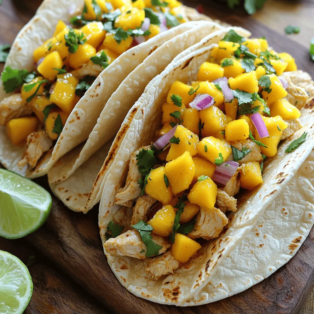 - Chicken - Mango - Red onion - Jalapeño pepper The main ingredients bring a burst of flavor to the tacos. For the chicken, I use boneless, skinless breasts. They cook quickly and stay juicy. The ripe mango adds sweetness. I like to peel and dice it for easy mixing. Red onion gives crunch and a mild bite. I prefer to chop it finely. The jalapeño pepper brings heat. I always deseed it to control the spice level. - Ground cumin - Smoked paprika - Olive oil - Fresh cilantro The seasonings elevate the dish. Ground cumin adds warmth and depth. Smoked paprika gives a hint of smokiness. I use extra virgin olive oil to cook the chicken. It adds richness and keeps everything moist. Fresh cilantro brightens the tacos. I chop it roughly to sprinkle on top. - Corn tortillas - Lime wedges For serving, I choose small corn tortillas. They hold the filling well and have a great texture. Warming them adds softness. Lime wedges are a must. A squeeze of lime enhances the flavors. For a full recipe, check the details above. First, combine the diced chicken with the spices. Use ground cumin, smoked paprika, minced garlic, and jalapeño. Then, add salt and pepper to taste. Toss everything well. Cover the bowl and let it rest for at least 15 minutes. This resting time helps the chicken soak up all the flavors. Next, heat olive oil in a large skillet over medium-high heat. When the oil is hot, add the marinated chicken. Cook it for about 7 to 10 minutes. Stir occasionally until the chicken turns golden brown and reaches 165°F inside. This step ensures your chicken is juicy and packed with flavor. While the chicken cooks, prepare the mango salsa. In a separate bowl, mix the diced mango with the finely chopped red onion. This fresh topping adds sweetness and crunch. It pairs perfectly with the spicy chicken and brightens the dish. To warm the corn tortillas, place each one in a dry skillet over medium heat. Heat for about 30 seconds on each side, just until soft. Keep the warmed tortillas in a clean kitchen towel. This way, they stay warm and ready for assembly. Now it's time to assemble the tacos. Take a warmed tortilla and add a spoonful of the cooked chicken to the center. Top it with a generous amount of mango salsa. Finally, add fresh cilantro for a burst of flavor. Enjoy your Spicy Mango Chicken Tacos! For the complete recipe, check the Full Recipe section. - Marination time suggestions: Let the chicken marinate for at least 15 minutes. This gives the spices time to soak in. For even better taste, marinate for an hour. - Spice level adjustments: You can change the heat by adding more or less jalapeño. If you want it milder, use less. For more heat, keep the seeds or add a pinch of cayenne. - Garnishing with lime: A wedge of lime adds a pop of color and flavor. Squeeze lime over the tacos just before eating. This brightens the taste. - Arranging ingredients for visual appeal: Stack the tacos neatly on a platter. Use colorful toppings to create a vibrant look. This makes your meal more inviting. - Best methods for cooking chicken: I recommend using a skillet over medium-high heat. This gives the chicken a nice sear and locks in juices. Make sure it reaches 165°F for safety. - Achieving the perfect tortilla texture: Warm the corn tortillas in a dry skillet. Heat each side for about 30 seconds. This makes them soft and easy to fold. It's key to a great taco experience. Try these tips to elevate your Spicy Mango Chicken Tacos. For the full recipe, check out the Full Recipe section. {{image_4}} You can switch up the protein in your tacos. Shrimp or tofu works well. Shrimp cooks fast and adds a nice flavor. For tofu, choose firm tofu for the best texture. Just marinate it like chicken. If you prefer beef or pork, use ground meat. Cook it until brown and mix in the spices. Both options add a unique twist to the meal. Salsas can change how your tacos taste. You can add avocado to make it creamy. Pineapple adds sweetness and goes well with spicy flavors. Mixing fresh herbs like mint or basil can also make a great salsa. These herbs add a fresh bite. Experimenting with different fruits and herbs keeps it interesting. You don’t have to stick to tortillas. Try taco bowls instead. They hold all the tasty toppings and add crunch. For a low-carb option, use lettuce wraps. They are light and fresh. Both styles make your tacos fun and versatile. Enjoy the same great flavors in a new way! To keep your cooked chicken fresh, place it in an airtight container. Refrigerate it within two hours after cooking. This keeps it safe and tasty for up to four days. If you have leftover mango salsa, store it in a separate container. Cover it tightly to avoid air exposure. Use it within two days for the best flavor and freshness. When warming up your tacos, use a skillet. Heat it over medium heat, adding the chicken. Stir it gently until it’s hot. This helps keep the chicken juicy. For the tortillas, place them on the skillet for about 20 seconds on each side. This brings back their soft texture. Avoid using the microwave, as it can make them soggy. Yes, you can freeze the chicken and salsa. For chicken, cool it completely first. Then, place it in a freezer bag. Remove as much air as possible. You can freeze the salsa too, but it may lose some texture. To thaw, move the chicken to the fridge overnight. For the salsa, let it sit at room temperature for about an hour before using. Reheat the chicken as mentioned earlier for the best taste. For the full recipe, visit the provided link. Enjoy your Spicy Mango Chicken Tacos! To adjust the spice level, focus on the jalapeño. For milder tacos, use less jalapeño or remove the seeds. If you crave more heat, add more minced jalapeño. You can also sprinkle in extra spices like cayenne or chili powder. Taste as you go to find your perfect balance. These tacos pair well with many sides. Consider serving with: - Black beans for a hearty touch - Mexican rice for a classic combo - Tortilla chips with salsa for crunch - A fresh salad with lime vinaigrette - Cold drinks like horchata or a light beer Yes, you can make the mango salsa ahead. Prepare it and store it in an airtight container. It will stay fresh in the fridge for about one day. If you want to keep it longer, wait to add the onion until just before serving. This way, it stays crisp and flavorful. In this blog post, I detailed how to make Spicy Mango Chicken Tacos. We covered the main ingredients, like chicken and mango, and added spices for flavor. I shared step-by-step instructions, from marinating the chicken to dressing the tacos. We explored variations and storage tips for leftovers. Tacos can be fun and easy to make. Experiment with different flavors and ingredients. Enjoy your delicious creations!