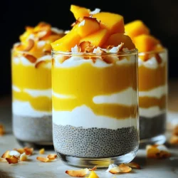 - 1 cup coconut milk (or substitute with almond milk) - 1/2 cup mango puree (freshly blended or canned) - 1/4 cup chia seeds - 2 tablespoons maple syrup (or honey for a touch of sweetness) - 1/2 teaspoon pure vanilla extract - Pinch of fine sea salt - Fresh mango slices for a delightful topping - Toasted coconut flakes for garnish Mango Coconut Chia Pudding is not only tasty but also healthy. Chia seeds are rich in fiber, protein, and omega-3 fatty acids. They help you feel full and support good digestion. Coconut milk adds creaminess and healthy fats, while mango brings vitamins A and C. This dish is a great option for breakfast or a snack. You can easily change some ingredients. If you want a nut-free option, use coconut milk. For more sweetness, try agave syrup instead of maple syrup. If you don’t have mango puree, fresh mango works well too. Just blend it until smooth. You can also use other fruits like berries for a different flavor. To make the mango coconut chia pudding, start with a medium bowl. Pour in the coconut milk and add the mango puree. I like to use fresh mangoes for a vibrant taste, but canned works too. Add the maple syrup and vanilla extract next. A pinch of sea salt helps balance the sweetness. Whisk everything until it is smooth. Then, slowly stir in the chia seeds. Make sure they are well mixed in. This helps them soak up the liquid later. Cover the bowl with plastic wrap or use a mason jar if you prefer. The texture is key for great chia pudding. If it seems too thick, add a splash of coconut milk. Mix it well until you reach your desired consistency. A tip I often share is to let it chill overnight. This allows the chia seeds to absorb more liquid and get creamy. Also, remember to stir the pudding after chilling. Sometimes, the seeds can settle at the bottom. A gentle stir will help mix everything back together. I recommend chilling the pudding for at least four hours. However, for the best results, let it sit overnight. This gives the chia seeds plenty of time to expand. When you take it out of the fridge, it should have a lovely pudding-like texture. When serving, I like to layer the pudding in clear glasses. It makes for an eye-catching presentation. Don’t forget to top it with fresh mango slices and toasted coconut flakes! This adds both flavor and a fun crunch. For the full recipe, check out the details above. When making mango coconut chia pudding, avoid using too many chia seeds. They can make the pudding too thick. Also, do not skip the chilling time. If you don’t let it set, the pudding will be runny. Lastly, remember to mix well after adding the chia seeds. This helps them soak up the liquid evenly. To adjust sweetness, taste before serving. You can add more maple syrup or honey if needed. If the pudding is too thick, add a splash of coconut milk. Mix it in until you reach your desired texture. This recipe is flexible, so don’t worry if you want a sweeter or creamier pudding. Serving the pudding in clear glasses makes it look appealing. You can see the beautiful layers. Top with fresh mango slices for a pop of color. A sprinkle of toasted coconut flakes adds a nice crunch. For extra flair, drizzle some mango puree on top. This makes each serving look special and inviting. {{image_4}} You can switch up the mango and coconut flavor. Try adding ripe bananas instead of mango. You can also use pineapple for a tropical twist. Blend strawberries into the coconut milk for a berry delight. Each fruit brings its own taste and fun colors. This chia pudding is already vegan. Use maple syrup for sweetness. You can also swap coconut milk with almond or oat milk. These changes keep it plant-based and delicious. You get the same creamy texture and great taste. Layer your chia pudding with yogurt or granola. This adds texture and flavor. Use clear glasses to show off the layers. Top with fresh fruit, nuts, or seeds for extra crunch. You can even drizzle honey or agave syrup on top. This makes it look great and taste even better. For the full recipe, check out Tropical Mango Coconut Chia Pudding. To store your mango coconut chia pudding, first, place it in an airtight container. Use a mason jar or a bowl with a lid. This keeps the pudding fresh and tasty. Always let it cool if it's warm before sealing. If you made a big batch, divide it into smaller servings. This makes it easy to grab when you need a snack. Make sure to store your chia pudding in the fridge. It likes cool places! Avoid putting it near strong-smelling foods. Chia pudding can soak up smells. To keep it fresh, eat it within a few days. If you notice any changes in texture or smell, it’s best to toss it out. Mango coconut chia pudding lasts about 5 days in the fridge. If you want to keep it longer, you can freeze it. Just scoop your pudding into ice cube trays or freezer-safe containers. When you’re ready to eat, let it thaw in the fridge overnight. Enjoy your pudding as a sweet treat! For the full recipe, check out the details above. Mango coconut chia pudding stays fresh for about 5 days in the fridge. Be sure to keep it in a sealed container. This helps to keep it safe from air and bacteria. If you notice any odd smell or change in color, toss it out. For best taste, enjoy it within the first few days. Yes! You can use many fruits to make this pudding your own. Try berries, bananas, or kiwi. Each fruit adds its own flavor and texture. Just make sure to blend or chop them well. You can mix fresh fruit with the mango puree, too. This makes the pudding even more colorful and fun! Chia seeds are tiny powerhouses. They are full of fiber, protein, and healthy fats. Eating them can help with digestion and keep you feeling full. They also contain omega-3 fatty acids, which are good for your heart. Plus, chia seeds are rich in antioxidants. This helps your body fight off harmful substances. Overall, they are a great addition to your diet! Mango coconut chia pudding is a tasty treat packed with nutrition. We explored key ingredients, their health benefits, and substitutions. You learned how to prepare the pudding with detailed steps and tips. Avoid common mistakes and adjust for sweetness or texture easily. With fun variations and storage tips, you can make this dish your own. Remember, it’s all about creativity and freshness. Enjoy your tasty creation and share it with loved ones!