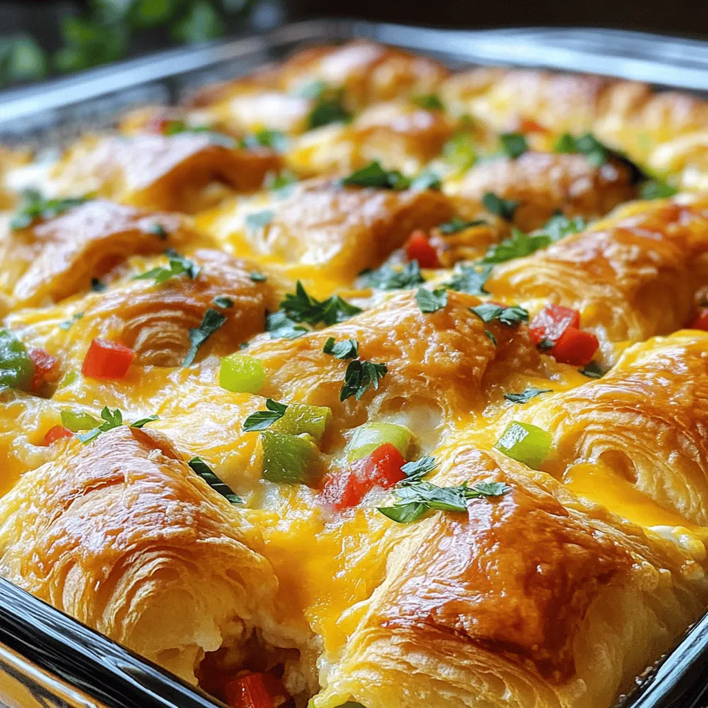- 6 large buttery croissants - 6 large eggs - 2 cups whole milk - 1 cup sharp shredded cheddar cheese - 1 cup cooked sausage (optional) - 1/2 cup diced bell peppers - 1/2 cup finely chopped green onions - 1 teaspoon garlic powder - 1 teaspoon dried thyme - Salt and pepper to taste - Fresh parsley for garnish When I make this casserole, I always start with fresh, buttery croissants. They give the dish a rich, flaky texture. Next, I grab six large eggs. They add the right amount of moisture and protein. Whole milk is key too. It makes the casserole creamy and rich. For cheese lovers, I suggest using sharp, shredded cheddar. It melts well and adds a bold flavor. If you want a meaty kick, add one cup of cooked sausage. It’s optional, but I love the taste. I also like to add colorful veggies. Diced bell peppers make it pop, and green onions add a mild bite. Garlic powder and dried thyme bring in flavors that harmonize so well. Don’t forget salt and pepper to taste. They bring all the flavors together. Lastly, fresh parsley is perfect as a garnish. It adds color and a fresh finish to the dish. For the complete recipe, check out the [Full Recipe]. - Prep the croissants and vegetables: Tear the buttery croissants into small pieces. In a large bowl, mix them with diced bell peppers and green onions. If you want meat, add crumbled sausage now. Toss gently to combine. - Make the egg mixture: In another bowl, whisk the eggs with whole milk. Beat until smooth and blended. Add garlic powder, dried thyme, and a sprinkle of salt and pepper. Whisk again until mixed well. - Combine croissant and egg mixtures: Pour the egg mixture over the croissant mixture. Use a spatula to fold everything together. Make sure all croissant pieces are coated in the egg mix. Add half the cheese and stir to blend. - Transfer to a baking dish: Take a greased 9x13 inch baking dish. Pour the mixture into the dish. Spread it evenly for even cooking. - Cover and refrigerate: Cover the dish with plastic wrap or a lid. Place it in the fridge overnight. If short on time, chill for at least 4 hours. This lets the croissants soak up the egg. - Preheat oven and prepare for baking: Heat your oven to 350°F (175°C). After chilling, let the casserole sit out for 15 minutes. This helps it warm up a bit. - Bake and garnish before serving: Sprinkle the remaining cheese on top of the casserole. Bake uncovered for 35-40 minutes. It should puff up and turn golden brown. Once done, cool for 5-10 minutes. Add freshly chopped parsley for a touch of color before serving. This Overnight Croissant Breakfast Casserole is sure to delight you and your guests. For the full recipe, check out the details above! - Ensure croissants are fresh for optimal texture. Fresh croissants will add a nice, flaky bite to your casserole. If they are stale, they may not soak up the egg mixture well. - Let the casserole sit at room temperature before baking. This helps it cook evenly. If you bake it straight from the fridge, the center may not cook as well. - Use the right baking dish for even cooking. A 9x13 inch dish works best for this recipe. It ensures every part cooks the same. - Adjust cooking time based on your oven. Ovens can vary in heat. Start checking for doneness at 30 minutes. The casserole should be golden brown and puffed up. These tips will help you create an Overnight Croissant Breakfast Casserole that everyone will love. For the full recipe, check out the details above. {{image_4}} You can easily switch up your overnight croissant breakfast casserole. Here are some fun ideas: - Cheese Options: Try mozzarella or gouda for a different taste. Each cheese adds a unique flavor. - Vegetable Additions: Add spinach or mushrooms for extra nutrients. These veggies boost both texture and taste. You might want to tweak this recipe to fit your diet. Here are two great adjustments: - Vegetarian Version: Skip the sausage for a meat-free meal. This keeps all the flavor while being vegetarian-friendly. - Gluten-Free Option: Use gluten-free croissants instead. This allows folks with gluten sensitivity to enjoy it too. These variations let you personalize your casserole. Feel free to mix and match ingredients to find your favorite combination. For the full recipe, check the previous section. After enjoying your Overnight Croissant Breakfast Casserole, make sure to refrigerate your leftovers right away. This helps keep the flavors fresh and safe to eat. I recommend consuming the casserole within three days for the best taste. If you want to save some for later, freezing is a great option. First, let the casserole cool completely. Then, cut it into individual portions. Wrap each piece tightly in plastic wrap, and place them in an airtight container or freezer bag. This will help prevent freezer burn and keep them fresh. To reheat, take a piece out of the freezer and let it thaw in the fridge overnight. When ready, preheat your oven to 350°F (175°C). Place the casserole piece on a baking dish and cover it with foil. Bake for about 20 minutes or until heated through. Enjoy the comfort of this easy delight again! For the full recipe, check out the complete guide. You can prepare the overnight croissant breakfast casserole a day ahead. This makes it easy for busy mornings. After mixing the ingredients, cover your baking dish and store it in the fridge overnight. The longer it sits, the better the flavors blend. Yes, stale croissants work great! They soak up the egg mixture well. This dish actually benefits from slightly dry croissants. If they are very hard, just warm them briefly to soften them. This casserole pairs well with fresh fruit, yogurt, or a light salad. You could also serve it with coffee or juice. For a special touch, add a dollop of whipped cream on top of fruit for a sweet finish. For the full recipe, check out the details above. This article covered how to make a delicious croissant breakfast casserole. We explored key ingredients like croissants, eggs, and cheddar cheese. You learned easy steps for prepping, baking, and serving. We also shared tips for best results and creative variations. In summary, this dish is simple and flexible. You can customize it to fit your taste. Enjoy making it your own and sharing it with family or friends. You’ll love the mix of flavors and textures. Happy cooking!