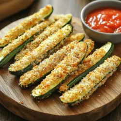 - Zucchini - Breadcrumbs (Panko recommended) - Parmesan cheese - Garlic powder - Onion powder - Smoked paprika - Salt and pepper - Eggs - All-purpose flour - Olive oil spray (optional) You can swap breadcrumbs for other types like crushed cornflakes or crushed crackers. If you want a vegan option, try using nutritional yeast instead of Parmesan cheese. For gluten-free needs, use almond flour or a gluten-free flour blend in place of all-purpose flour. To make great zucchini fries, start with fresh zucchinis. Look for firm, shiny ones without blemishes. Fresh spices matter too. They can bring out the best flavor in your dish. Always check expiration dates to ensure peak flavor in your fries. - Preheating the oven: Start by preheating your oven to 425°F (220°C). This high heat helps the fries get nice and crispy. - Preparing the baking sheet: Line a baking sheet with parchment paper. This step stops the fries from sticking and helps them cook evenly. - Slicing techniques for even baking: Take two medium zucchinis and slice them into long, thin strips. Aim for about 1/4 inch thick. This size helps them bake evenly and become crispy. - Proper dipping methods for crispiness: Set up three bowls: one with seasoned flour, one with beaten eggs, and one with the breadcrumb mix. First, dip a zucchini strip in the flour, shake off the extra. Next, dip it in the egg wash, letting the extra drip off. Finally, coat it in the breadcrumb mixture, pressing lightly to help the crumbs stick. - Tips for flipping the fries: Place the breaded zucchini fries in a single layer on your baking sheet. Halfway through baking, flip them with a spatula. This step helps both sides become golden brown. - Ideal baking time and temperature: Bake the fries for 20-25 minutes. Keep an eye on them to catch the perfect golden color. The right timing makes all the difference in texture and taste. For the full recipe, check out the complete guide included earlier. Enjoy your crispy baked zucchini fries! To get your zucchini fries extra crispy, I recommend using olive oil spray. Just a light spritz helps them bake to perfection. It adds flavor and improves crunch. Also, make sure to cook the fries in a single layer. This allows hot air to flow around them, making them crispy on all sides. One big mistake is overcrowding the baking sheet. If the fries are too close, they will steam instead of crisp. Always give them space to breathe. Another common error is not seasoning properly. Use enough salt and spices to enhance the flavor. Don’t skip this step; it makes a big difference! Zucchini fries taste great with dips. I love pairing them with marinara sauce or garlic aioli. They add a tasty twist! For presentation, serve them on a nice platter. You can sprinkle extra Parmesan on top and add fresh parsley for color. This makes them look even more inviting for parties. You can find the full recipe to make these crunchy delights easily! {{image_4}} You can change the taste of your zucchini fries easily. Try adding cayenne for heat. Italian herbs give a nice touch, too. If you want a cheesy flavor, use nutritional yeast. This adds a savory taste without dairy. Mix and match spices to find your favorite flavor. Zucchini isn't the only veggie you can use. Eggplant makes great fries and has a nice texture. Carrots can add sweetness and color. For those on a gluten-free diet, swap regular flour for almond or coconut flour. You can also use gluten-free breadcrumbs. Vegan friends can skip the cheese and eggs for a tasty dish. Zucchini fries can be more than just a side. Turn them into a loaded dish with toppings like cheese, salsa, or guacamole. You can also toss them on salads for extra crunch. Put them in sandwiches for a fun twist. Get creative and make these fries a star dish! For the full recipe, check out the main section above. To keep your leftover zucchini fries fresh, use an airtight container. Glass or plastic containers work well. If you have a lot, layer them with parchment paper to prevent sticking. These fries last about 3 days in the fridge. But, they taste best when fresh! To reheat without losing crispiness, use an oven or an air fryer. Heat the oven to 400°F (200°C). Place the fries on a baking sheet for about 10 minutes. Flip them halfway for even heating. A microwave will make them soft, so avoid it if you want that crunch! You can freeze zucchini fries for later use. First, let them cool completely. Place them in a single layer on a baking sheet and freeze until solid. Then transfer them to a freezer bag. They keep well for up to 3 months. To use, thaw the fries in the fridge overnight. Then reheat in the oven to restore their crispiness. Enjoy your tasty snack anytime! To keep your zucchini fries crispy, follow these key techniques: - Use panko breadcrumbs for extra crunch. - Make sure to slice zucchini into thin, even strips. - Lay the fries in a single layer on the baking sheet. - Don't skip the flour step; it helps the coating stick. - Lightly spray with olive oil to enhance crispiness. These steps help create that delightful crunch you want. Yes, you can swap zucchini for other vegetables. Here are some good options: - Eggplant: Cut into strips and follow the same breading steps. - Carrots: Slice into thin sticks for a sweet and crunchy snack. - Sweet potatoes: Cut into fry shapes; they will take longer to bake. Adjust the baking time based on the vegetable you choose. Each veggie brings its own unique flavor. Zucchini fries taste great with several dipping sauces. Here are my favorites: - Marinara: This classic tomato sauce adds a tangy kick. - Garlic aioli: Creamy with a hint of garlic for a rich taste. - Ranch dressing: Cool and herby, perfect for dipping. - Spicy mayo: Adds a bit of heat that pairs well with the fries. These sauces enhance the flavor and make your snack even more enjoyable. Zucchini fries are simple and fun to make. You start with fresh zucchini and seasonings, then bake until crispy. Remember to avoid common mistakes, like overcrowding the baking sheet. In this article, you’ve learned about ingredient choices, preparation, and storage tips. Feel free to get creative with flavors and variations. Enjoy these fries with your favorite dips or in other dishes. Cooking should be easy and enjoyable. Now go and make your tasty zucchini fries!