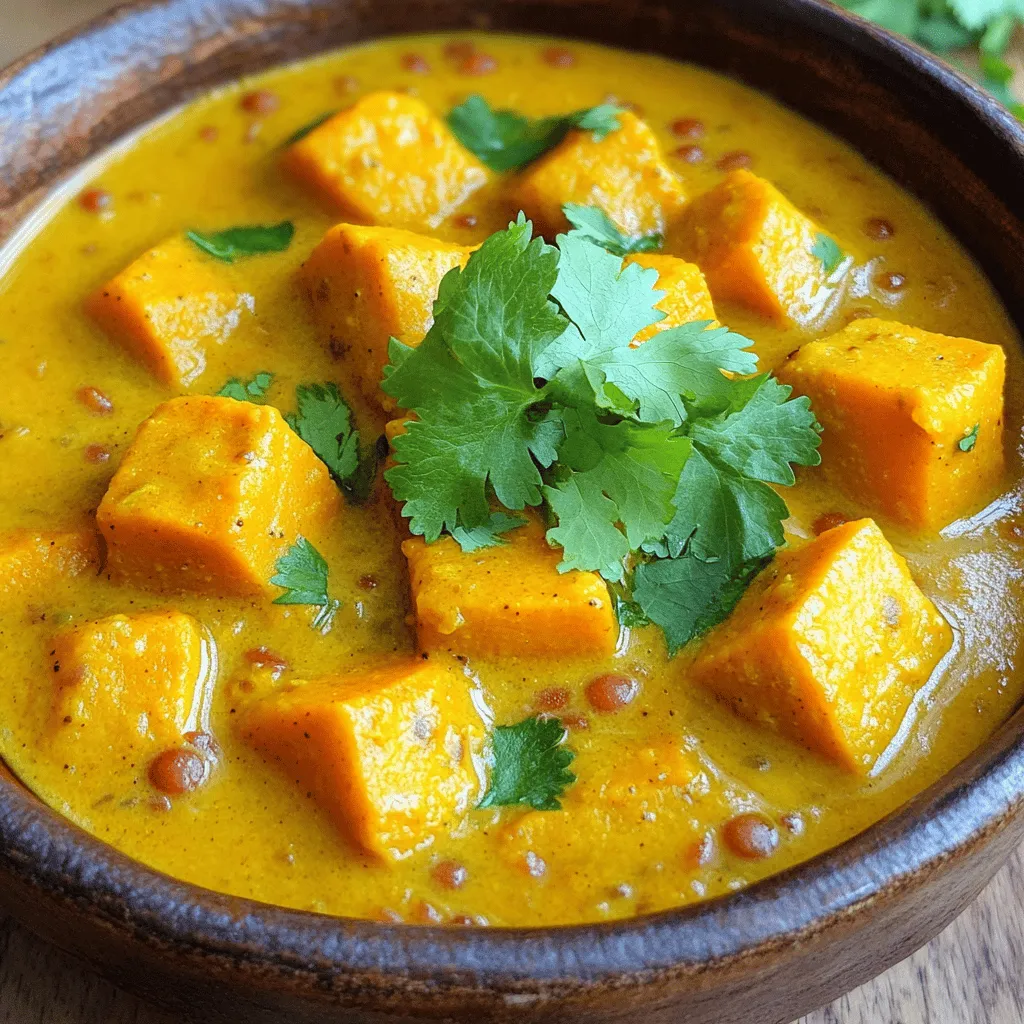 This dish shines with its simple yet rich ingredients. Here’s what you need: - 1 cup red lentils, thoroughly rinsed - 2 cups pumpkin, peeled and cut into 1-inch cubes - 1 medium onion, finely chopped - 2 cloves garlic, minced - 1 inch piece of fresh ginger, grated - 1 can (14 oz) coconut milk - 2 cups vegetable broth, low-sodium preferred - 2 tablespoons curry powder - 1 teaspoon ground turmeric - 1 teaspoon ground cumin - Salt and freshly cracked black pepper, to taste - 2 tablespoons extra virgin olive oil - Fresh cilantro, finely chopped, for garnish Each ingredient plays a role in flavor and texture. The lentils add protein and fiber, while pumpkin brings sweetness and a lovely color. You can enhance this curry with a few optional ingredients. Try adding: - 1-2 green chilies, minced for heat - 1 tablespoon lemon juice for brightness - 1/2 cup spinach or kale for extra greens - A pinch of cinnamon for warmth These additions can make your curry even more exciting, so feel free to experiment! Pumpkin and lentils pack a powerful punch. Pumpkin is low in calories and high in vitamins A and C. It supports eye health and boosts your immune system. Lentils are rich in protein and fiber. They help with digestion and keep you full longer. Together, they create a balanced meal that nourishes your body. For the full recipe, check out the detailed cooking instructions. Start by gathering all your ingredients. This makes cooking smooth and fun. For the best taste, always use fresh veggies. Chop the onion finely. Rinse the red lentils under cold water until the water runs clear. Peel and cube the pumpkin into 1-inch pieces. Mince the garlic and grate the ginger. Each step makes your curry tastier. 1. Heat 2 tablespoons of olive oil in a large pot over medium heat. 2. Add the chopped onion. Sauté it for about 5 minutes. Wait until the onion is soft and clear. 3. Stir in the minced garlic and grated ginger. Cook it for another minute. This makes your kitchen smell great! 4. Add curry powder, turmeric, and cumin to the pot. Stir well and cook for one more minute. This step brings out the spices’ full flavor. 5. Now, mix in the cubed pumpkin and rinsed lentils. Stir until they are coated with spices. 6. Pour in 2 cups of vegetable broth and a can of coconut milk. Stir to combine everything. 7. Increase the heat until it gently boils. Then, reduce the heat to low. Let it simmer uncovered for about 20 minutes. The lentils and pumpkin should be soft by now. 8. If you want a creamier curry, use an immersion blender. Blend to your desired texture, whether smooth or a bit chunky. 9. Taste your curry and add salt and pepper if needed. Serve the hot curry in bowls. Garnish it generously with fresh chopped cilantro. This adds color and a burst of flavor. You can serve it with warm naan or steamed rice. Each bite of this pumpkin lentil curry is a warm hug for your taste buds. For the full recipe, check the details above. Enjoy your cooking adventure! When making pumpkin lentil curry, avoid some common pitfalls. First, do not skip rinsing the lentils. This step removes dirt and helps them cook evenly. Second, watch the heat when cooking the spices. Too high can burn the spices and ruin the flavor. Lastly, do not forget to taste as you cook. Adjusting salt and pepper at the right time makes a big difference. To boost the taste of your curry, try adding a squeeze of fresh lime juice before serving. This brightens the dish and adds a tangy kick. You can also mix in a spoonful of maple syrup or brown sugar for a hint of sweetness. For a deeper flavor, consider adding a bay leaf while cooking. Just remember to remove it before serving! Using the right tools can make cooking easier. A large pot is essential for making this curry. An immersion blender helps achieve the perfect texture. If you don’t have one, a regular blender works too. A good cutting board and sharp knife make prep work faster and safer. Lastly, measuring cups and spoons help ensure you get the right amounts of each ingredient from the full recipe. {{image_4}} You can make this pumpkin lentil curry even better by adding more veggies. Try spinach, bell peppers, or sweet potatoes. Each veggie brings its own taste and nutrition. For instance, spinach adds iron and color. Sweet potatoes add a natural sweetness that pairs well with spices. Just chop the veggies and add them when you put in the pumpkin and lentils. They will cook together, making the curry full of flavor. Adjusting spices can change the heat level of your curry. If you want it spicy, add cayenne pepper or red chili flakes. Start with a small amount, like 1/4 teaspoon, and taste as you go. If you prefer less heat, skip those spices entirely. You can also add a touch of honey to balance the spice. Just remember, it’s easier to add more spice than to take it out. To make your curry more filling, add protein. Chickpeas or tofu work great. If you use canned chickpeas, add them during the last 10 minutes of cooking. For tofu, cube it and sauté it before adding it to the curry. This will give it a nice texture. You can also use cooked chicken for a non-vegetarian option. These additions will make your dish hearty and satisfying. For the full recipe, check out the detailed instructions above. After enjoying your pumpkin lentil curry, store any leftovers in an airtight container. This keeps the flavors fresh. Place the container in the fridge right away. It’s best to eat the leftovers within three to four days. Before storing, let the curry cool down to room temperature. Avoid putting hot food directly in the fridge, as it can raise the temperature inside. You can freeze pumpkin lentil curry for longer storage. Use a freezer-safe container or bag. Make sure to leave space at the top for expansion. Label the container with the date and name. The curry can stay frozen for up to three months. When you’re ready to eat it, thaw it overnight in the fridge. To reheat, you can use a pot on the stove or the microwave. If using a pot, heat it over low heat. Stir the curry often to warm it evenly. If using the microwave, place it in a microwave-safe bowl. Heat it in short bursts, stirring in between. Add a splash of vegetable broth or coconut milk if it looks too thick. This keeps the curry creamy and delicious. Yes, you can use other lentils. Green or brown lentils work well. They take longer to cook. You should check them for doneness. Red lentils are quick and break down, making the curry creamy. Each type brings a different texture. Experiment with what you have on hand. This recipe is naturally gluten-free. Just use gluten-free vegetable broth. Check all spice mixes for hidden gluten. The coconut milk also adds creaminess without gluten. Enjoy the hearty meal without worry. You can serve this curry with many sides. Steamed rice is a great choice. Warm naan bread complements it well. Quinoa also makes a tasty pairing. For a light option, serve with a green salad. Each side enhances the flavors of the curry. You can find the full recipe linked above for more ideas. You now have a complete guide to making Pumpkin Lentil Curry. We've explored key ingredients and their benefits. I shared step-by-step instructions for cooking, along with useful tips to enhance flavor. You learned about variations and how to store leftovers properly. My final thoughts: this dish is nutritious, delicious, and adaptable. Whether you stick to the basics or experiment, enjoy every bite. Happy cooking!