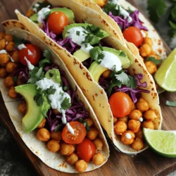 To make spicy chickpea tacos, you need these key ingredients: - 1 can (15 oz) chickpeas, drained and rinsed - 1 tablespoon extra-virgin olive oil - 1 teaspoon smoked paprika - 1/2 teaspoon ground cumin - 1/4 teaspoon cayenne pepper - Salt and freshly ground black pepper to taste - 1 ripe avocado, sliced - 1 cup red cabbage, finely shredded - 1/2 cup cherry tomatoes, halved - 1 lime, cut into wedges - 4 small corn or flour tortillas - Fresh cilantro leaves, for garnish - 1/4 cup Greek yogurt or a dairy-free alternative These ingredients pack bold flavors into every bite. Each one plays a part in making your tacos exciting and tasty. If you want to elevate your tacos, consider adding: - 1/4 teaspoon garlic powder - 1/4 teaspoon onion powder - Hot sauce for extra heat - Shredded cheese or a dairy-free cheese alternative - Pickled jalapeños for tang Using these optional ingredients can really boost flavor and texture, making your tacos even more delicious. Chickpeas are a great source of protein and fiber. They help keep you full and satisfied. Here’s a quick look at the nutrition for one serving of these tacos: - Calories: Approximately 350 - Protein: 12g - Carbohydrates: 45g - Dietary Fiber: 10g - Fat: 15g These tacos are not just tasty; they are healthy too! Enjoy them as a part of a balanced diet. For the full recipe, check out the details above. First, gather your ingredients. You will need one can of chickpeas, olive oil, and spices. Start by mixing the chickpeas with olive oil, smoked paprika, cumin, cayenne pepper, salt, and pepper in a bowl. Make sure every chickpea is coated well. This step adds great flavor to your tacos. Next, heat a non-stick skillet on medium heat. Add the seasoned chickpeas to the skillet. Sauté them for about five to seven minutes. Stir them often so they get golden and crispy. To sauté chickpeas well, keep the heat medium. If it's too high, they might burn. If it’s too low, they won’t get crispy. Stir the chickpeas often. You want them to brown nicely. This process makes the chickpeas tasty and crunchy. You can also add a bit more cayenne if you like more heat. While the chickpeas cook, you can warm the tortillas. Take another skillet and set it on low heat. Place your tortillas in the skillet for about 30 seconds on each side. This makes them soft and easy to fold. Warm tortillas hold the filling better. They also taste better with hot chickpeas. For the full recipe, check out the Full Recipe section. Enjoy making your Spicy Chickpea Tacos! To make the best spicy chickpea tacos, start with quality ingredients. Freshness counts. Use ripe tomatoes and fresh cilantro for bright flavors. Don’t skip the smoked paprika; it adds depth. You can also add more spices if you like. A pinch of garlic powder gives a nice kick too. These tacos shine as a main dish. Pair them with a fresh salad or a side of rice. Try a corn salad for a sweet crunch. You can also serve a zesty slaw with lime juice. For drinks, a cool limeade or a light beer works great. Want to change the heat? Start with less cayenne pepper. Taste as you go. If it’s too mild, add more spice later. You can also top the tacos with spicy salsa. If you need a break from heat, creamy yogurt cools everything down. Adjust to make it just right for you! {{image_4}} You can easily make these tacos vegan. Skip the Greek yogurt and use a plant-based yogurt instead. This keeps the creaminess without dairy. You can also add more veggies like bell peppers or zucchini. These will give you more flavor and texture. To make these tacos gluten-free, choose corn tortillas instead of flour. They add a nice crunch and work perfectly with the chickpeas. You can find corn tortillas at most stores. Just check the label to ensure they are gluten-free. If you don’t have chickpeas, black beans can be a great substitute. They provide a nice taste and texture. You can also switch avocado for guacamole for extra flavor. If you don’t like cilantro, use parsley or simply leave it out. Feel free to adjust any spices to fit your taste. For the full recipe, check the details above. Store leftover tacos in an airtight container. Keep them in the fridge for up to three days. If you want to save the components separately, place the chickpeas and toppings in separate containers. This keeps everything fresh and avoids sogginess. You can freeze the chickpeas for later use. Allow them to cool before placing them in a freezer-safe bag. They can last for up to three months. To reheat, simply thaw in the fridge overnight. Then, warm them in a skillet until hot. Chickpeas are safe in the fridge for about five days after cooking. Avocado slices may brown quickly, so use them within one day. Shredded cabbage and tomatoes last about three days. Store your yogurt until its expiration date for the best taste. For the full recipe, check out the Spicy Chickpea Tacos section. You can enjoy your tacos with a few fresh sides. I love serving them with a simple green salad. A corn salad with lime juice is also great. You might try tortilla chips with salsa for some crunch. Guacamole pairs nicely too, adding creaminess to the meal. For a refreshing drink, serve iced tea or a fruit-infused water. Yes, you can use dried chickpeas! Start by soaking them overnight in water. Drain and rinse them well. Then, cook them in boiling water for about one hour, or until tender. This process takes longer than using canned, but it adds a richer flavor. Just make sure to season them well when cooking to match the taste of the canned ones. You can boost the protein in your tacos easily. Consider adding black beans or lentils. These mix well with chickpeas and add a hearty texture. You can also top your tacos with grilled chicken or shrimp. For a plant-based option, try crumbled tofu or tempeh. Each of these options will give your meal a protein boost while keeping it delicious. Check the Full Recipe for more ideas! Chickpea tacos are easy to make and really tasty. We covered essential ingredients, cooking steps, and how to make them spicy or mild. You can store leftovers or freeze them for later. Remember, chickpeas are great for filling and healthy meals. Try different flavors and adapt the recipe for your needs. Enjoy making these tacos, and have fun sharing them with friends and family! Simple meals can be the most enjoyable.