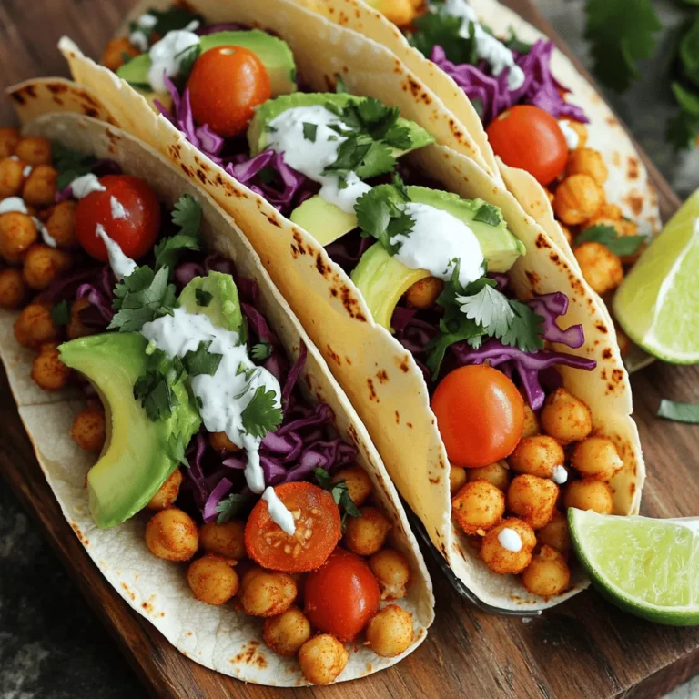 To make spicy chickpea tacos, you need these key ingredients: - 1 can (15 oz) chickpeas, drained and rinsed - 1 tablespoon extra-virgin olive oil - 1 teaspoon smoked paprika - 1/2 teaspoon ground cumin - 1/4 teaspoon cayenne pepper - Salt and freshly ground black pepper to taste - 1 ripe avocado, sliced - 1 cup red cabbage, finely shredded - 1/2 cup cherry tomatoes, halved - 1 lime, cut into wedges - 4 small corn or flour tortillas - Fresh cilantro leaves, for garnish - 1/4 cup Greek yogurt or a dairy-free alternative These ingredients pack bold flavors into every bite. Each one plays a part in making your tacos exciting and tasty. If you want to elevate your tacos, consider adding: - 1/4 teaspoon garlic powder - 1/4 teaspoon onion powder - Hot sauce for extra heat - Shredded cheese or a dairy-free cheese alternative - Pickled jalapeños for tang Using these optional ingredients can really boost flavor and texture, making your tacos even more delicious. Chickpeas are a great source of protein and fiber. They help keep you full and satisfied. Here’s a quick look at the nutrition for one serving of these tacos: - Calories: Approximately 350 - Protein: 12g - Carbohydrates: 45g - Dietary Fiber: 10g - Fat: 15g These tacos are not just tasty; they are healthy too! Enjoy them as a part of a balanced diet. For the full recipe, check out the details above. First, gather your ingredients. You will need one can of chickpeas, olive oil, and spices. Start by mixing the chickpeas with olive oil, smoked paprika, cumin, cayenne pepper, salt, and pepper in a bowl. Make sure every chickpea is coated well. This step adds great flavor to your tacos. Next, heat a non-stick skillet on medium heat. Add the seasoned chickpeas to the skillet. Sauté them for about five to seven minutes. Stir them often so they get golden and crispy. To sauté chickpeas well, keep the heat medium. If it's too high, they might burn. If it’s too low, they won’t get crispy. Stir the chickpeas often. You want them to brown nicely. This process makes the chickpeas tasty and crunchy. You can also add a bit more cayenne if you like more heat. While the chickpeas cook, you can warm the tortillas. Take another skillet and set it on low heat. Place your tortillas in the skillet for about 30 seconds on each side. This makes them soft and easy to fold. Warm tortillas hold the filling better. They also taste better with hot chickpeas. For the full recipe, check out the Full Recipe section. Enjoy making your Spicy Chickpea Tacos! To make the best spicy chickpea tacos, start with quality ingredients. Freshness counts. Use ripe tomatoes and fresh cilantro for bright flavors. Don’t skip the smoked paprika; it adds depth. You can also add more spices if you like. A pinch of garlic powder gives a nice kick too. These tacos shine as a main dish. Pair them with a fresh salad or a side of rice. Try a corn salad for a sweet crunch. You can also serve a zesty slaw with lime juice. For drinks, a cool limeade or a light beer works great. Want to change the heat? Start with less cayenne pepper. Taste as you go. If it’s too mild, add more spice later. You can also top the tacos with spicy salsa. If you need a break from heat, creamy yogurt cools everything down. Adjust to make it just right for you! {{image_4}} You can easily make these tacos vegan. Skip the Greek yogurt and use a plant-based yogurt instead. This keeps the creaminess without dairy. You can also add more veggies like bell peppers or zucchini. These will give you more flavor and texture. To make these tacos gluten-free, choose corn tortillas instead of flour. They add a nice crunch and work perfectly with the chickpeas. You can find corn tortillas at most stores. Just check the label to ensure they are gluten-free. If you don’t have chickpeas, black beans can be a great substitute. They provide a nice taste and texture. You can also switch avocado for guacamole for extra flavor. If you don’t like cilantro, use parsley or simply leave it out. Feel free to adjust any spices to fit your taste. For the full recipe, check the details above. Store leftover tacos in an airtight container. Keep them in the fridge for up to three days. If you want to save the components separately, place the chickpeas and toppings in separate containers. This keeps everything fresh and avoids sogginess. You can freeze the chickpeas for later use. Allow them to cool before placing them in a freezer-safe bag. They can last for up to three months. To reheat, simply thaw in the fridge overnight. Then, warm them in a skillet until hot. Chickpeas are safe in the fridge for about five days after cooking. Avocado slices may brown quickly, so use them within one day. Shredded cabbage and tomatoes last about three days. Store your yogurt until its expiration date for the best taste. For the full recipe, check out the Spicy Chickpea Tacos section. You can enjoy your tacos with a few fresh sides. I love serving them with a simple green salad. A corn salad with lime juice is also great. You might try tortilla chips with salsa for some crunch. Guacamole pairs nicely too, adding creaminess to the meal. For a refreshing drink, serve iced tea or a fruit-infused water. Yes, you can use dried chickpeas! Start by soaking them overnight in water. Drain and rinse them well. Then, cook them in boiling water for about one hour, or until tender. This process takes longer than using canned, but it adds a richer flavor. Just make sure to season them well when cooking to match the taste of the canned ones. You can boost the protein in your tacos easily. Consider adding black beans or lentils. These mix well with chickpeas and add a hearty texture. You can also top your tacos with grilled chicken or shrimp. For a plant-based option, try crumbled tofu or tempeh. Each of these options will give your meal a protein boost while keeping it delicious. Check the Full Recipe for more ideas! Chickpea tacos are easy to make and really tasty. We covered essential ingredients, cooking steps, and how to make them spicy or mild. You can store leftovers or freeze them for later. Remember, chickpeas are great for filling and healthy meals. Try different flavors and adapt the recipe for your needs. Enjoy making these tacos, and have fun sharing them with friends and family! Simple meals can be the most enjoyable.
