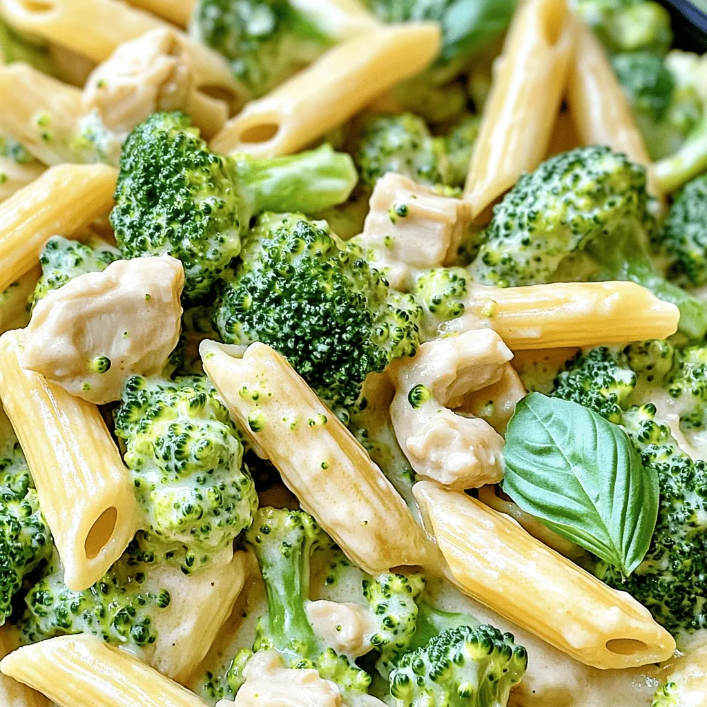 - 8 oz penne pasta - 2 cups fresh broccoli florets - 2 boneless, skinless chicken breasts, diced into bite-sized pieces - 1 cup heavy cream - 1 cup low-sodium chicken broth - 1 cup freshly grated Parmesan cheese - 3 cloves garlic, minced - 2 tablespoons extra virgin olive oil - 1 teaspoon Italian seasoning blend - Salt and freshly ground black pepper to taste - Fresh basil leaves for garnish (optional) - Use 8 oz of penne pasta for four servings. Cook until al dente for the best texture. - For broccoli, choose vibrant green florets. Fresh is best, but frozen works too. - The chicken should be boneless and skinless. It cooks faster and has less fat. - Heavy cream makes the sauce rich and smooth, but you can use half-and-half for a lighter version. - Freshly grated Parmesan gives the best taste. Pre-grated cheese may not melt well. - Seasoning is key. Adjust salt and pepper based on your taste. - For garnish, fresh basil adds flavor and color. It's optional but highly recommended. Start by boiling a large pot of salted water. Add the penne pasta and cook it until al dente, as per the package directions. With about three minutes left for the pasta, add the fresh broccoli florets to the water. This method is called blanching. It keeps the broccoli bright and crisp. Once done, drain both the pasta and broccoli together. Set them aside for later use. In a deep skillet, heat two tablespoons of extra virgin olive oil over medium heat. Once the oil shimmers, add your diced chicken. Season it well with salt, pepper, and Italian seasoning. Cook the chicken for about five to seven minutes. You want it golden-brown and cooked all the way through. To check doneness, ensure the chicken is no longer pink in the center. After the chicken is cooked, add three minced garlic cloves to the skillet. Sauté for one minute until the garlic smells amazing. Next, pour in one cup of low-sodium chicken broth. Let it simmer for two to three minutes. This step melds the flavors together. Then, reduce the heat to low and stir in one cup of heavy cream. Gradually add one cup of freshly grated Parmesan cheese. Keep stirring until the sauce is smooth and creamy. If it’s too thick, you can add a bit of reserved pasta water to reach your desired consistency. This process creates a rich and flavorful sauce that coats the pasta and broccoli beautifully. You can find the full recipe to guide you through every step. To make Creamy Broccoli and Chicken Penne, prep is key. Start by gathering all your ingredients. This keeps you organized and saves time. Chop the chicken and broccoli first. Mince the garlic while the water boils. - Efficient prep strategies: Always read the recipe before starting. This helps you understand the steps. Prepare your workspace by clearing the counter and having bowls ready. - Tips for multitasking in the kitchen: While the pasta cooks, sauté the chicken. This saves time. Keep an eye on both pots. If you need to, set a timer for each task. - How to ensure everything is ready simultaneously: Aim to finish the sauce just as the pasta and broccoli are done. When the pasta is almost ready, start making the sauce. This way, you combine everything at its freshest. Adding flavors can make your dish pop. Use fresh herbs and spices to boost taste. - Recommended herbs and spices: Italian seasoning brings warmth. You can also try garlic powder or crushed red pepper for a kick. Fresh basil adds a nice touch at the end. - Adjusting creaminess levels: If you want a richer sauce, add more heavy cream. For a lighter version, use less cream or substitute with chicken broth. - Adding protein alternatives: If you want to switch things up, consider shrimp or tofu. Both options work well with the sauce. Presentation matters when serving your dish. It makes your meal feel special. - Ideal plating techniques: Serve the pasta in a shallow bowl. This allows the sauce to shine. Garnish with fresh basil for color and aroma. - Complementary side dishes: A crisp salad pairs nicely with this dish. Garlic bread also makes a great side. - Best beverages to pair: A light white wine like Pinot Grigio enhances the flavors. For a non-alcoholic choice, try sparkling water with lemon. These tips will help you create a creamy, flavorful delight that impresses family and friends. For the full recipe, check out the details above. {{image_4}} You can customize Creamy Broccoli and Chicken Penne to fit your diet. Here are some great swaps: - Gluten-free pasta options: Use rice or quinoa pasta. They work well in this dish. - Alternative proteins: Try shrimp or tofu instead of chicken. Both add unique flavors. - Dairy-free cream substitutes: Use coconut cream or almond milk. These keep it rich and tasty. You can prepare this dish in various ways. Here are a few methods to consider: - Oven-baked version: Combine all ingredients in a baking dish. Bake at 350°F until bubbly. - Stovetop versus Instant Pot: The stovetop gives you control, while the Instant Pot cooks faster. Choose based on your time. - Skillet methods: If you need a quicker option, sauté everything in a large skillet. This saves time and keeps flavors fresh. Adding regional flavors can make this dish exciting. Here are some ideas: - Italian-inspired variations: Add sun-dried tomatoes or olives for a Mediterranean twist. - Adding seasonal vegetables: Incorporate zucchini or asparagus for extra color and taste. - Incorporating different cheeses: Try mozzarella or goat cheese. They add creaminess and a unique flavor. For the full recipe, check out the complete details and instructions. To keep your Creamy Broccoli and Chicken Penne fresh, store leftovers in the fridge. Use airtight containers to prevent moisture loss. This dish stays good for about 3 to 4 days. Always let it cool before sealing it. This step helps avoid condensation, which can make the dish soggy. If you want to freeze your pasta, it’s best to do it right away. Portion out the pasta in freezer-safe bags or containers. Remove as much air as you can for better preservation. Your dish can last in the freezer for up to 2 months. To reheat, allow it to thaw in the fridge overnight. This keeps the texture nice. For reheating, the stove is your best friend. It warms the dish evenly and keeps the creaminess. If you're using a microwave, do it in short bursts. Stir in between to avoid hot spots. You may need to add a splash of cream or a bit of pasta water to regain the sauce's smoothness. On the stove, aim for low heat, stirring gently. This should take about 5 to 10 minutes. Enjoy your meal just like it was fresh! You can make this dish ahead in a few easy steps. First, cook the penne pasta and broccoli. Drain them, then set them aside. Next, prepare the chicken and sauce, but do not mix in the pasta yet. Store the chicken and sauce in a separate container. Keep the pasta and broccoli in another. For best flavor, assemble the dish within two days. Yes, you can swap out broccoli for other veggies. Try using spinach, peas, or bell peppers. Each vegetable brings its own flavor. For example, spinach adds a mild taste, while bell peppers can add a sweet crunch. Make sure your choices balance well with the creamy sauce. For a healthier version, reduce the heavy cream. You can use low-fat milk instead. Add more veggies like zucchini or carrots to boost nutrition. Consider using whole grain penne for added fiber. These changes keep your meal tasty while cutting calories. To make the sauce richer, boost the umami flavor. You can add a splash of white wine or a squeeze of lemon juice. Both will enhance the taste and add brightness. Try using a pinch of grated nutmeg for extra depth, too. This dish goes well with a fresh side salad. A simple mix of greens and a light vinaigrette works great. You can also serve crusty bread for dipping. If you enjoy wine, a glass of Chardonnay will complement the meal nicely. This blog post shared a delicious recipe for Creamy Broccoli and Chicken Penne. We covered key ingredients, precise measurements, and clear cooking steps. I offered tips for timing, flavor enhancements, and serving ideas. You learned about ingredient variations and smart storage methods too. To wrap up, this dish is flexible and can fit different diets. With a little creativity, you can make it your own. Enjoy cooking and sharing this meal with others!